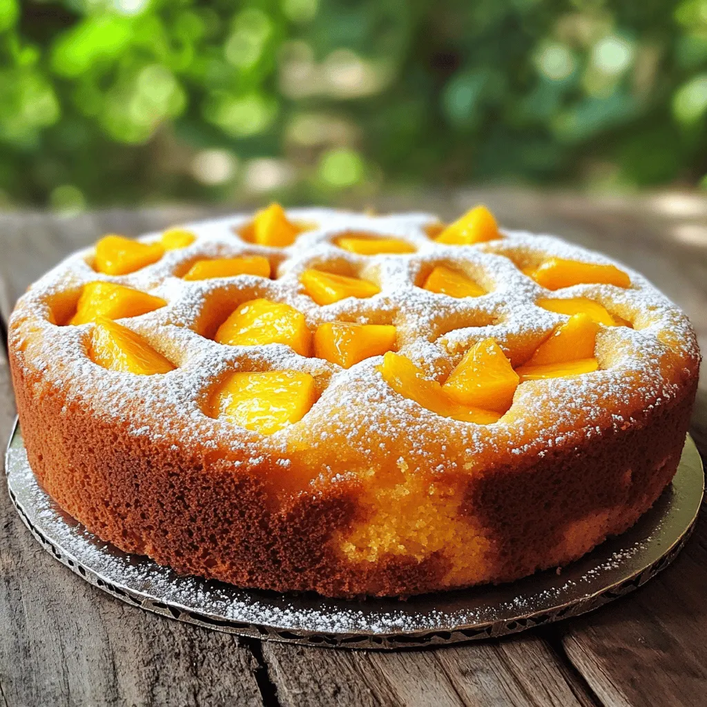 - 2 cups fresh peaches, peeled and diced - 1 ½ cups all-purpose flour - 1 cup granulated sugar Fresh peaches are the star of this cake. Their sweet and juicy flavor shines through each bite. Make sure to choose ripe peaches for the best taste. All-purpose flour gives the cake structure. Granulated sugar adds sweetness and helps create a tender crumb. - Powdered sugar for dusting - Spices: cinnamon and nutmeg You can add powdered sugar on top for a lovely finish. Cinnamon and nutmeg enhance the cake's flavor. They bring warmth and depth, making each slice even more delightful. - Choosing ripe peaches - Recognizing the best varieties When selecting peaches, look for ones that are slightly soft but not mushy. The skin should have a rich color, often yellow or reddish. I love using Freestone peaches because they easily come off the pit. They are sweet and juicy, perfect for baking. Always smell the peaches; they should have a sweet aroma that signals ripeness. Start by preheating your oven to 350°F (175°C). Grease and flour a 9-inch round cake pan. This helps your cake come out easily. Now, in a large mixing bowl, cream together the softened butter and granulated sugar. Mix until it looks light and fluffy. This step is key to a soft cake. Next, add the eggs one at a time. Mix well after each addition. Pour in the vanilla extract for extra flavor. In another bowl, combine the flour, baking powder, baking soda, salt, cinnamon, and nutmeg. These spices add warmth to your cake. Gradually add this dry mix to the creamed butter and sugar. Alternate with the buttermilk. Start and end with the flour mix. Mix until just combined; don’t overdo it. Now, gently fold in the diced peaches. Be careful not to mix too much. Pour the batter into your prepared cake pan. Smooth the top with a spatula to make it even. Bake in your preheated oven for 35-40 minutes. Check if it's done by inserting a toothpick in the center. If it comes out clean, your cake is ready! Let it cool in the pan for 10 minutes. After that, move it to a wire rack to cool completely. You can dust it with powdered sugar if you like. Enjoy your Fresh Peach Cake Delightfully Sweet Summer Treat! For complete instructions, check the Full Recipe. Buttermilk is key to a moist cake. It adds richness and tang. The acid in buttermilk breaks down the gluten, giving a tender crumb. To enhance flavor, use ripe, sweet peaches. Fresh fruit makes a big difference. Always taste your peaches before baking. The sweeter they are, the better your cake will be. Avoid overmixing the batter. Mix just until the flour blends in. Overmixing leads to a dense cake. When baking, keep an eye on your cake. Check it at the 35-minute mark. A toothpick should come out clean but moist. After baking, cool the cake in the pan for 10 minutes. This helps it set and keeps it from breaking. This cake pairs well with ice cream or whipped cream. A scoop of vanilla ice cream makes every bite special. For a pretty presentation, dust the top with powdered sugar. You can also add fresh peach slices for color. Serve it on a nice plate, and your guests will be impressed. For the full recipe, refer to the earlier section. {{image_2}} You can switch up your peach cake in fun ways. One great style is the upside-down fresh peach cake. This cake has juicy peaches on the bottom. When you flip it, the peaches sit on top, making it look pretty. The caramelized peaches add a sweet touch that everyone loves. Another option is a peach cake with almond extract. This adds a nutty flavor that pairs well with peaches. Just swap some vanilla extract for almond extract in your batter. You’ll get a new taste that surprises your friends! Don't feel stuck with just peaches! You can use other fruits, too. Seasonal fruits like plums or cherries work well. They add different flavors and colors to your cake. Mixing berries with peaches is also a fun idea. Try blueberries or raspberries for a fruity burst. Just make sure to adjust the amount of sugar since berries can be tart. This mix will give you a vibrant and delicious cake. If you need gluten-free options, you’re in luck! You can use almond flour or a gluten-free blend. Make sure to adjust the baking time, as these flours can change how the cake bakes. Want a healthier cake? You can reduce the sugar in the recipe. Start by cutting the sugar by a third. This way, you can enjoy your cake without feeling guilty. You still get the sweet taste from the fresh peaches. Store your fresh peach cake at room temperature for up to three days. Wrap it in plastic wrap to keep it moist. If you want to keep it longer, place it in the fridge. However, be aware that storing in the fridge can dry it out. To keep your cake fresh longer, use an airtight container. This will help to maintain its texture and flavor. To freeze your cake, first let it cool completely. Wrap it tightly in plastic wrap. Place the wrapped cake in a freezer-safe bag or container. This helps prevent freezer burn and keeps the cake fresh. When you’re ready to enjoy it, move the cake to the fridge overnight. Thawing it slowly keeps it moist. You can also reheat slices in the microwave for a warm treat. Your fresh peach cake lasts about three days at room temperature. In the fridge, it can last up to a week. If frozen, it stays good for about three months. Watch for signs of spoilage, like a dry texture or mold. If it smells off or looks strange, it's best to toss it. Enjoy your cake while it's fresh for the best taste! To keep your fresh peach cake from sinking, follow a few simple steps. First, make sure to coat the diced peaches in a bit of flour before adding them to the batter. This helps them stay afloat during baking. Second, avoid overmixing the batter after you fold in the peaches. Gently combine the ingredients to keep air in the batter. This air helps the cake rise and stay fluffy. Lastly, don't add too many peaches. Stick to the amount listed in the Full Recipe to maintain balance. Yes, you can make this peach cake ahead of time with ease. I recommend baking it a day in advance. Once cooled, wrap the cake tightly in plastic wrap. This keeps it fresh. You can store it at room temperature for up to two days. If you want to keep it longer, consider freezing it. Wrap the cake well and place it in the freezer. When ready to serve, just thaw it overnight in the fridge. To ripen peaches quickly, place them in a paper bag. The bag traps ethylene gas, which speeds up ripening. Add a ripe banana to the bag for faster results. Keep the bag at room temperature for one to two days. Check the peaches daily. When they feel soft, they are ready to use in your cake. In this post, I covered key ingredients, step-by-step instructions, and helpful tips for making fresh peach cake. I shared variations to suit different tastes and dietary needs, plus storage info to keep your cake fresh. Remember, using ripe peaches and proper mixing techniques makes a big difference. Whether you enjoy it on its own or with ice cream, this cake is sure to please. Now you can create your own delicious peach cake and impress your friends and family.