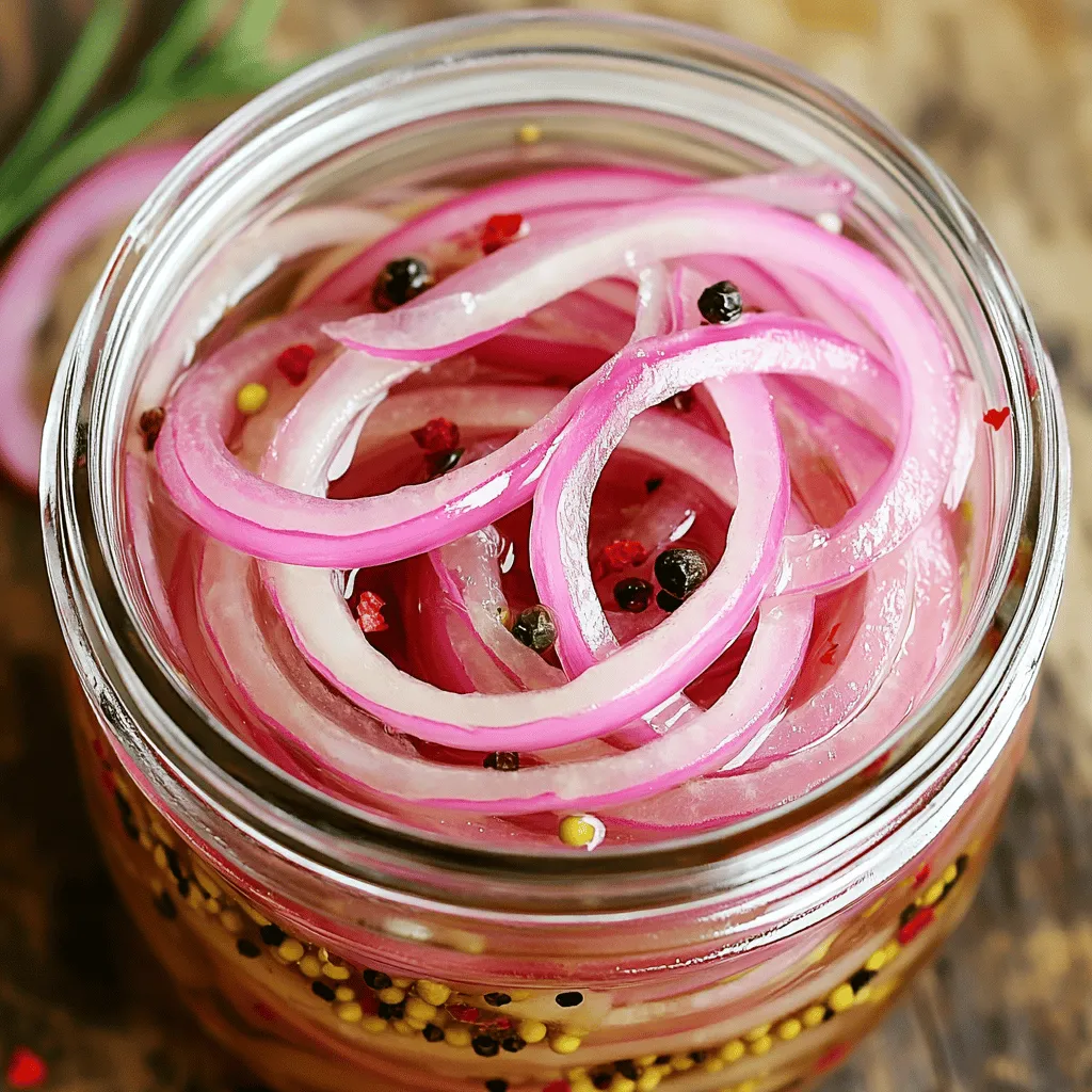 To make easy pickled red onions, gather these key items: - 2 medium red onions, thinly sliced - 1 cup apple cider vinegar - 1 cup water - 2 tablespoons sugar - 1 teaspoon salt - 1 teaspoon black peppercorns - 1 teaspoon mustard seeds You can enhance your pickled onions with these extras: - 1/2 teaspoon crushed red pepper flakes (optional) - 2 cloves garlic, smashed (optional) These optional ingredients add a nice kick and depth of flavor. You will need a few simple tools for this recipe: - A sharp knife or mandoline for slicing - A saucepan for heating the pickling liquid - A clean jar or airtight container for storage - A stirring spoon to mix ingredients These tools make the process quick and easy. For the full recipe, refer to the earlier section. First, peel the red onions. Slice them thinly into rings. A mandoline helps with even slices. Thin slices ensure the onions soak up the pickling liquid well. It also makes them easy to eat. Set the sliced onions aside. Now, grab a saucepan to make the pickling liquid. Combine one cup of apple cider vinegar and one cup of water in the pan. Add two tablespoons of sugar and one teaspoon of salt. Next, toss in one teaspoon of black peppercorns and one teaspoon of mustard seeds. If you like heat, add half a teaspoon of crushed red pepper flakes. You can also add two smashed garlic cloves for extra flavor. Place the saucepan on medium heat. Bring the mixture to a gentle boil. Stir it as it heats. This helps the sugar and salt dissolve completely. Once it boils, remove the pan from the heat. Add the sliced onions to the hot liquid. If you used garlic, add that too. Stir everything to combine well. Let the mixture sit for 20 to 30 minutes at room temperature. This allows the flavors to blend. Next, transfer the onions and liquid to a clean jar. Make sure the onions are fully submerged in the liquid. If they float, press them down gently. Seal the jar and place it in the fridge. Your pickled onions will be ready to enjoy after a few hours. For the best taste, let them sit for a day. You can find the full recipe for this zesty treat earlier in this article. Enjoy your tasty creation! When slicing red onions, aim for thin, even rings. Use a sharp knife to make clean cuts. A mandoline slicer also works well for uniform slices. Thin slices soak up the pickling liquid better. This makes them more flavorful and crunchy. If you find onions make you cry, chill them in the fridge before slicing. This helps reduce the tears. You can easily change the taste of your pickled onions. If you want it sweeter, add more sugar. If you prefer a tangy bite, increase the vinegar. For heat, add more crushed red pepper flakes. Feel free to play with spices too. You can try adding coriander seeds or fresh herbs. Taste the liquid as you mix it. Adjust until it suits your palate. Pickled red onions add color and taste to many dishes. Use them on tacos or burgers for a nice crunch. They also brighten up salads or grain bowls. Try them with roasted vegetables or fish for extra flavor. You can even serve them on a charcuterie board. Their vibrant color makes any dish pop. You can find more ideas in the Full Recipe section. {{image_2}} You can use many types of vinegar for pickled red onions. Apple cider vinegar is a favorite because it adds a nice, fruity taste. You might try white wine vinegar for a light flavor. Rice vinegar works well too, giving a sweeter touch. Each vinegar changes the taste, so feel free to experiment. Adding herbs and spices can give your pickled onions a new twist. You can include fresh dill for a bright flavor. Try adding thyme or oregano for an earthy note. If you want heat, toss in some peppercorns or red pepper flakes. These spices bring out the onion's natural sweetness. You can also add fruit or citrus for a fun kick. Slices of jalapeño add heat and flavor. Try adding orange or lime zest for a citrus twist. You can even throw in some diced mango or pineapple for sweetness. These additions make your pickled onions stand out in any dish. For the full recipe, check out the details above. Store your pickled red onions in a clean jar. Make sure it has a tight lid. Keep the jar in the fridge. This helps keep the onions fresh and crisp. Always ensure the onions stay submerged in the pickling liquid. If they float, press them down gently with a clean spoon. Pickled red onions last up to three weeks in the fridge. After a week, they develop more flavor. You can enjoy them right away or let them sit longer for a stronger taste. Just keep an eye out for any changes in smell or color. If something seems off, it’s best to toss them. You can reuse the pickling liquid for more onions. Just strain it to remove any bits. It still has great flavor. You can add fresh onions to the same liquid after a week. This way, you enjoy the tangy taste without wasting anything. Try adding some other veggies for a fun twist! Pickled onions can last up to two weeks in the fridge. Store them in a clean, airtight jar. The vinegar helps preserve them. After a few days, their flavor deepens. If you see any signs of spoilage, discard them. Yes, you can use other onions. Sweet onions or yellow onions work well too. Each type brings its own flavor. Red onions are vibrant and add color. Sweet onions offer a milder taste. Experiment to find what you like best! Pickled red onions are versatile. You can use them on tacos, salads, or sandwiches. They add a tangy crunch to burgers or grilled meats. You can also serve them with cheese and charcuterie boards. They brighten up any dish! For more ideas, check the Full Recipe. You now have a clear guide for making pickled onions. We covered ingredients, tools, and steps for perfect results. Remember to adjust flavors and try different vinegars or spices for your twist. Store them properly for long-lasting taste. With these tips, you can enjoy pickled onions on tacos, sandwiches, or salads. Try it and see how easy it is to add bold flavor to your meals. Happy pickling!