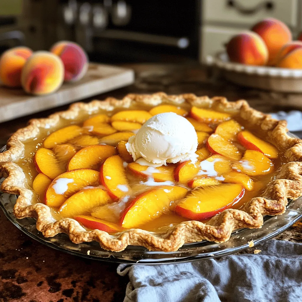 To make the best peach pie, gather these ingredients: - 5 cups fresh peaches, peeled and sliced - 1 cup granulated sugar - 1/4 cup all-purpose flour - 1 teaspoon ground cinnamon - 1 tablespoon lemon juice - 1 teaspoon vanilla extract - 1/4 teaspoon salt - 2 tablespoons unsalted butter, cut into small pieces - 1 egg (for egg wash) - 1 double pie crust (store-bought or homemade) Accurate measuring is key to a great pie. Use dry measuring cups for flour and sugar. When measuring flour, spoon it into the cup and level it off. Don't scoop directly from the bag, as this packs the flour. For liquids, use clear measuring cups. Always check at eye level to ensure precise amounts. Choosing the right peaches is vital for flavor. Look for ripe, fresh peaches that smell sweet. They should feel slightly soft but not mushy. Yellow peaches work well because they are sweeter. If you can find them, pick freestone peaches. They are easier to slice and pit. Avoid any with bruises or dark spots. The better your peaches, the better your pie will be! To make the peach filling, start with fresh peaches. You will need five cups. Peel and slice them into thin pieces. In a big bowl, mix the peaches with sugar, flour, cinnamon, lemon juice, vanilla extract, and salt. Stir gently but well. Let the mixture sit for about 15 minutes. This helps the peaches release their juices. You will get a sweet and juicy filling for your pie. Now, it’s time to assemble the pie. Roll out one pie crust into a 9-inch pie pan. Press the crust into the bottom and sides. Make sure to leave some crust hanging over the edge. This helps with sealing later. Pour the peach mixture into the crust. Spread it evenly. Dot the top with small pieces of butter for added flavor. Next, roll out the second pie crust. You can lay it flat or cut it into strips for a nice lattice top. Seal the edges by crimping them with your fingers or a fork. Preheat your oven to 425°F (220°C). Brush the top crust with a beaten egg for a golden finish. Cut a few small slits in the top crust. This allows steam to escape while it bakes. Place the pie in the oven and bake for 45 to 50 minutes. Check for a golden crust and bubbling filling. If the edges brown too quickly, cover them with aluminum foil. Once done, remove the pie from the oven. Let it cool for at least an hour before slicing. This helps the filling set properly. Enjoy your delicious peach pie! To keep your pie crust crisp, use these key tips. Start with cold ingredients. Cold butter and cold water help create a flaky crust. Roll out the dough quickly to avoid warming it too much. When filling the pie, make sure your peach mixture sits for 15 minutes. This lets the juices mix with the sugar and flour. Drain excess liquid before adding the filling to the crust. You can sprinkle a layer of flour or cornmeal on the crust before adding the peaches. This forms a barrier against moisture. The right oven setting is crucial for perfect peach pie. Preheat your oven to 425°F (220°C) for a nice golden crust. Bake the pie for 45-50 minutes. Check it often during the last 10 minutes. It should bubble and the crust should brown nicely. If the edges brown too quickly, cover them with foil. This helps prevent burning while the rest of the pie cooks. If your pie does not set well, it may need more flour. Adding an extra tablespoon can help thicken the juices. If the filling is too runny, let it cool longer before slicing. For a burnt crust, reduce the oven temperature next time. If you see cracks in the crust, that means it was rolled too thin. Always roll to at least a 1/8-inch thickness. Using these tips, you can make the best peach pie ever, every time! For more detailed steps, check the Full Recipe. {{image_2}} You can easily change the flavor of your peach pie. Adding spices can bring out new tastes. For instance, try adding nutmeg or ginger for a warm kick. A pinch of cardamom can add a fragrant twist. Fresh herbs like basil or mint also work. Chop them finely and mix them into the peach filling. This can bring a surprising freshness to each slice. If you need a gluten-free crust, there are great options. You can use almond flour or a gluten-free blend. Make sure to follow a recipe that uses these flours well. For a vegan option, swap butter with coconut oil or a vegan butter substitute. You can also use almond milk instead of egg for the wash. These changes keep the pie delicious without any animal products. Mixing in other fruits can create fun flavor combinations. Berries like blueberries or raspberries pair well with peaches. They add tartness and color. You can also try adding strawberries for a sweeter taste. Even apples or pears can blend nicely into the filling. Just be sure to adjust the sugar to keep the balance right. Enjoy experimenting with different fruit mixtures to find your favorite! After baking, let your peach pie cool completely. This helps the filling set. Cover the pie with plastic wrap or aluminum foil. Place it in the fridge if you plan to eat it within a few days. This will keep it fresh and tasty. If you want to keep it longer, look to freezing. To freeze your peach pie, wrap it tightly in plastic wrap. Then, add a layer of aluminum foil. This protects it from freezer burn. Label the pie with the date. It can stay in the freezer for up to three months. When you are ready to eat it, thaw it in the fridge overnight. To reheat your peach pie, preheat the oven to 350°F (175°C). Remove any plastic wrap. Place the pie on a baking sheet. Bake for about 20-25 minutes. This warms the pie and makes the crust crispy again. If you want to serve it warm, it’s best to eat it right after reheating. You can find the Full Recipe for more details on making this delicious treat! Yes, you can use frozen peaches. Just thaw and drain them first. This helps remove excess water. They might be softer than fresh peaches. But they still taste great in the pie. If you use frozen peaches, add a bit more flour to the filling. This will help keep it from being too runny. You will know the pie is done when the crust is golden brown. The filling should bubble and look thick. If you see some juices oozing out, that’s a good sign! Bake for 45-50 minutes at 425°F (220°C). If the edges brown too fast, cover them with foil. This keeps your pie looking nice. Peach pie is wonderful on its own. But it’s even better warm with ice cream. Vanilla is a classic choice. You can also serve it with whipped cream or fresh peaches. For a fun twist, try serving it with a drizzle of caramel sauce. This adds a rich flavor that pairs well with peach pie. To wrap up, we explored how to make the best peach pie. We discussed key ingredients, measuring tips, and how to pick the best peaches. Next, we went through step-by-step instructions for filling, crust, and baking. I shared tips to avoid a soggy bottom and troubleshoot issues. We also looked at flavor variations and storage solutions to keep your pie fresh. Remember, baking is both science and art. With practice, you'll create peach pies that impress everyone. Enjoy the process and the tasty rewards!