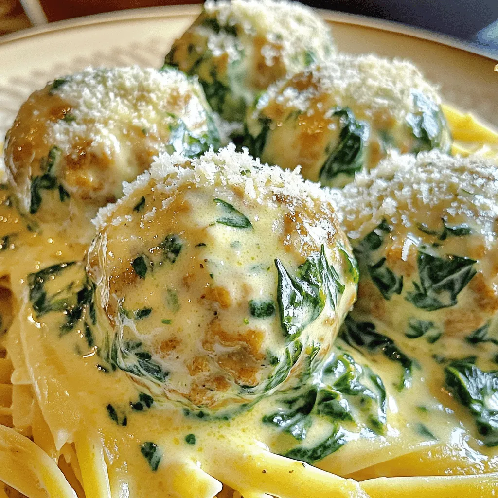 - 1 lb ground turkey - 1 cup fresh spinach, finely chopped - 1/2 cup breadcrumbs - 1/4 cup grated Parmesan cheese - 1/4 cup ricotta cheese - 1 egg, beaten - 1 cup heavy cream - 1/2 cup chicken broth - 1/2 teaspoon nutmeg - 2 cloves garlic, minced - 1 teaspoon Italian seasoning - Salt and pepper - 2 tablespoons olive oil Creamy spinach turkey meatballs are not just tasty; they are easy to make. The main ingredients help the meatballs stay moist and flavorful. Ground turkey gives you lean protein, while spinach adds nutrients and a pop of color. I love using fresh spinach because it wilts down nicely in the meatballs. Breadcrumbs help bind the mixture together. The cheeses bring richness and depth to the dish. The creamy sauce is what makes this meal special. Heavy cream creates a smooth texture. Chicken broth adds flavor without being too heavy. Nutmeg gives a warm spice that pairs well with the creamy sauce. Garlic and Italian seasoning round out the flavor. Don’t forget salt and pepper! These simple seasonings help the flavors shine. Lastly, a splash of olive oil keeps the meatballs from drying out while they bake. You can find the full recipe in the article above, which lays out everything you need to create this delightful dish. Whether for a weeknight meal or a special occasion, these meatballs will impress everyone at the table! 1. Preheat the oven to 400°F (200°C). Line a baking sheet with parchment paper. This helps the meatballs cook evenly and not stick. 2. Combine ingredients in a bowl. In a large bowl, mix together: - 1 lb ground turkey - 1 cup fresh spinach, finely chopped - 1/2 cup breadcrumbs - 1/4 cup grated Parmesan cheese - 1/4 cup ricotta cheese - 1 egg, beaten - 2 cloves garlic, minced - 1 teaspoon onion powder - 1 teaspoon Italian seasoning - Salt and pepper to taste Mix all the ingredients well. The spinach adds great flavor and nutrition. 1. Shape the mixture into meatballs. Form the mixture into balls, about the size of a golf ball. Place them on the prepared baking sheet. 2. Bake until golden brown. Drizzle the meatballs with 2 tablespoons olive oil. Bake them for 20-25 minutes. They are ready when they are golden brown and cooked through. 1. Heat cream and broth. In a medium skillet, add 1 cup heavy cream and 1/2 cup chicken broth over medium heat. Bring it to a simmer. 2. Thicken the sauce with nutmeg and seasoning. Stir in 1/2 teaspoon nutmeg, along with salt and pepper to taste. Cook for 5-7 minutes to thicken the sauce a bit. 1. Coat meatballs in sauce. Once the meatballs are baked, transfer them to the skillet with the creamy sauce. Gently stir to coat the meatballs. 2. Serve over pasta or vegetables. You can enjoy these creamy spinach turkey meatballs over pasta or on a bed of sautéed vegetables for a healthy meal option. For the full recipe, check the details above. To make the best creamy spinach turkey meatballs, focus on texture. You want them tender but not too mushy. Use fresh ingredients like ground turkey and spinach. They add flavor and moisture. Don't skip the breadcrumbs; they help bind the mixture. When picking your turkey, choose lean ground turkey. It keeps your meatballs juicy. Fresh spinach adds a bright touch. Chop it finely to mix well. Quality cheese, like Parmesan and ricotta, enhances taste. They add creaminess and depth. For the sauce, start with equal parts heavy cream and chicken broth. This creates a rich base. If you want thicker sauce, simmer it longer. Stir often to prevent sticking. If it gets too thick, add more broth. To boost flavor, add nutmeg. It pairs well with creamy dishes. Taste your sauce as you cook. Adjust salt and pepper to your liking. You can also add garlic for an extra kick. Serve your creamy spinach turkey meatballs over pasta or rice. They add a nice touch to any meal. You can also place them on sautéed vegetables for a lighter option. For garnishing, sprinkle with more Parmesan or fresh herbs. Chopped parsley or basil adds color and flavor. These small touches make your dish look and taste amazing. Don't forget to check out the Full Recipe for more details! {{image_2}} You can easily adjust this recipe to fit your diet. - Gluten-free substitutions: Use gluten-free breadcrumbs instead of regular ones. This keeps the meatballs tasty without gluten. You can also try finely crushed rice cakes as a great alternative. - Dairy-free alternatives: Swap ricotta cheese with a plant-based option, like tofu or cashew cream. Use a dairy-free cream for the sauce. This way, you still get a creamy texture without dairy. Want to spice things up? Adding herbs and spices can transform your dish. - Herbs and spices for more taste: Add fresh herbs like basil or parsley. You can also sprinkle in a bit of red pepper flakes for heat. Garlic powder or smoked paprika can also enhance the flavor, giving your meatballs a unique twist. - Variations in sauce ingredients: Change up the sauce by adding sun-dried tomatoes or sautéed mushrooms. A splash of white wine can add depth. Experiment with different cheeses like feta for a tangy flavor. You have different ways to cook these meatballs for convenience. - Air frying vs. baking: Air frying cooks them faster and makes them crispy. Bake them for a classic, tender meatball. Both methods work well, so pick what suits you best. - Stove-top options: You can also sauté the meatballs in a skillet. Brown them on all sides, then add the sauce for cooking. This method keeps them juicy and flavorful. For the full recipe, check the detailed steps provided earlier! You can keep your creamy spinach turkey meatballs in the fridge for about 3 to 4 days. Make sure to store them in an airtight container. This keeps them fresh and tasty. If you want to reheat them, just pop them in the microwave or warm them on the stove. To freeze these meatballs, first let them cool completely. Then, place them in a single layer on a baking sheet. Freeze them for about 1 hour. After that, transfer the meatballs to a freezer bag. Make sure to remove as much air as possible. This way, they won't stick together. When you're ready to eat them, take them out and thaw them in the fridge overnight. You can reheat them in the oven or on the stove with the sauce. You can store leftover sauce in the fridge for up to a week. Keep it in a sealed container. If you want to use it later, consider freezing it. Pour the sauce into an ice cube tray and freeze. Once frozen, transfer the cubes to a freezer bag. This way, you can easily add sauce to other dishes. You can use the sauce on pasta, rice, or even as a dip for breadsticks! You can use several options if you want to swap ground turkey. Here are some choices: - Ground chicken - Lean beef - Pork sausage - Ground lamb - Plant-based meat alternatives Ground chicken works well and has a similar taste. If you prefer beef, choose lean cuts to keep the dish healthy. For a fun twist, try using pork sausage for extra flavor. If you want a vegetarian option, consider using crumbled tofu or tempeh. These alternatives provide protein while keeping the dish tasty. Yes, you can prepare these meatballs ahead of time! Here are some tips: - Make the meatballs: Prepare the meatball mixture as directed. Form them into balls and place them on a baking sheet. - Storage: Cover the baking sheet with plastic wrap and refrigerate for up to 24 hours. - Freezing: For longer storage, freeze the formed meatballs. Place them in a single layer on a baking sheet and freeze for about 1 hour. Once they are firm, transfer them to a freezer bag. They can last for up to 3 months. When you are ready to cook, you can bake them straight from the fridge or frozen. Adjust cooking time as needed. If you want to add some heat to your meatballs, try these ideas: - Red pepper flakes: Add 1/2 teaspoon to the meat mixture for a gentle kick. - Hot sauce: Mix in a few dashes of your favorite hot sauce. - Spicy seasoning blend: Use a blend that includes chili powder or cayenne pepper. These options let you control how spicy you want your dish. Adjust the amounts based on your taste. Enjoy the flavorful twist! These creamy spinach turkey meatballs are a tasty treat. They mix healthy ingredients with rich flavors. You learned how to make the meatball mix, bake them, and whip up a creamy sauce. You also got tips on perfecting your meatballs and making them your own with various options. In the end, you can enjoy a comforting meal that fits your needs. Whether you choose to freeze leftovers or try different spices, the possibilities are endless. Enjoy cooking and sharing this delicious dish!