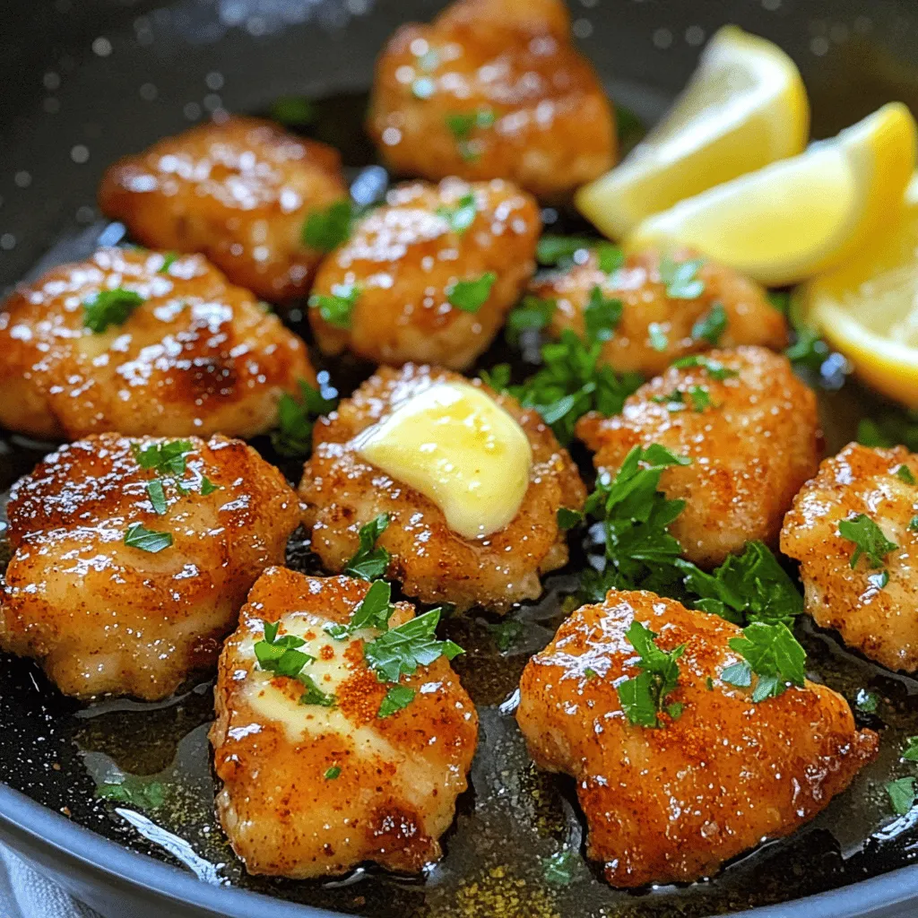 To make Garlic Butter Chicken Bites, you will need a few key items. Here’s a simple list: - 1 lb (450g) chicken breast, cut into bite-sized pieces - 4 tablespoons unsalted butter - 6 cloves garlic, minced - 1 teaspoon dried thyme - 1 teaspoon smoked paprika - Salt and pepper to taste - 2 tablespoons fresh parsley, chopped (for garnish) - Lemon wedges (for serving) Using fresh garlic is vital. It gives the dish a bright, bold flavor. Quality butter also matters. It adds richness and depth, making your chicken bites taste gourmet. If you want to add extra flair, consider these optional ingredients: - Vegetables like bell peppers or zucchini - Spices such as cayenne for heat - Fresh herbs like basil or oregano You can swap out the chicken for turkey or tofu for a different twist. These options fit well into many diets. Just ensure your substitutes work with the cooking times. To start, cut your chicken breast into bite-sized pieces. Each piece should be about one inch. This size helps the chicken cook evenly. Season the pieces with salt, pepper, thyme, and smoked paprika. Mixing these spices enhances the flavor. Make sure to coat each piece well for the best taste. Cooking chicken evenly is key. This way, every bite will be juicy and tender. Heat a large skillet over medium heat. Add unsalted butter and let it melt. Once it's melted and bubbly, add minced garlic. Sauté it for about 30 seconds. Be careful not to burn the garlic. Then, raise the heat to medium-high and add the chicken. Cook the chicken bites for 6-8 minutes. Stir them occasionally to avoid sticking. You want them golden brown. Check the internal temperature; it should reach 165°F or 75°C. When the chicken is cooked, remove the skillet from heat. Sprinkle fresh parsley over the chicken bites. Toss everything gently to mix the flavors. For a nice touch, serve with lemon wedges. The lemon adds a zesty kick. To plate, arrange the chicken on a colorful dish. This makes the meal look even more appealing. For the full recipe, check the details above. To get the best garlic flavor, watch your heat. You want to melt the butter over medium heat. Then, add the minced garlic. Sauté it for about 30 seconds. Stop cooking as soon as it smells nice. Burnt garlic can ruin your dish. Balancing seasoning is key. Use salt and pepper to bring out the flavors. Fresh parsley adds a bright touch. Smoked paprika gives a hint of smokiness. Adjust these to suit your taste. Avoid overcooking the chicken to keep it juicy. Chicken bites should cook for 6-8 minutes. Stir them often for even cooking. You can check doneness with a meat thermometer. Perfect chicken reaches 165°F (75°C). This step is key to tasty bites. Garlic Butter Chicken Bites shine with simple sides. Try serving them with a fresh salad. You can also pair them with roasted veggies or rice. Dips like ranch or garlic aioli enhance the flavor too. For variations, think about the meal type. If it’s an appetizer, serve with toothpicks. For a main course, add a side of pasta or bread. This makes for a complete meal. Explore these ideas to create your perfect spread! {{image_2}} To make Garlic Butter Chicken Bites even more exciting, try adding herbs and spices. You can mix in fresh rosemary or basil for a new twist. A pinch of red pepper flakes adds heat, while lemon zest brightens the flavor. You can also change the cooking method. Grilling the chicken bites gives them a nice char and smoky taste. Baking is another great option, as it allows for a hands-off cooking style. Just spread the chicken on a baking sheet and roast until golden. If you need a gluten-free version, simply use gluten-free soy sauce in place of regular soy sauce. This small swap keeps all the delicious flavor without the gluten. For a dairy-free option, use plant-based butter. It works well and keeps the dish creamy. For those who prefer a leaner meat, chicken thighs can replace chicken breasts. They stay juicier and have more flavor. You can also substitute with tofu for a vegetarian option. It absorbs flavors well and makes a great meat alternative. Check out the Full Recipe for all the delicious details! To keep uneaten Garlic Butter Chicken Bites fresh, place them in an airtight container. This helps seal in moisture and flavor. Store the container in the fridge for up to three days. If you want to keep them longer, freeze the chicken bites. They can last for up to two months in the freezer. Make sure to label the container with the date so you know when you made them. Reheating chicken bites can be easy and tasty. One good way is to use the oven. Preheat the oven to 350°F (175°C). Spread the chicken bites on a baking sheet. Heat them for about 10-15 minutes, until they are warm. This method keeps the bites crispy. You can also use a microwave if you're in a hurry. Place the bites on a microwave-safe plate. Cover them with a damp paper towel to keep moisture in. Heat them for about 30-60 seconds. Check to see if they are warm enough. To freshen up the flavor, add a little melted butter or sprinkle with fresh parsley before serving again. This adds a nice touch and brings back the garlic flavor. Enjoy your leftovers just as much as the first time! To add spice to your Garlic Butter Chicken Bites, consider these tips: - Add red pepper flakes: A pinch of red pepper flakes brings heat. - Use spicy paprika: Swap regular paprika for hot smoked paprika. - Incorporate jalapeños: Chopped fresh or pickled jalapeños add a kick. - Mix in hot sauce: Drizzle your favorite hot sauce during cooking. These options can help you customize heat levels to your taste. Yes, you can use chicken thighs. They offer a richer taste and juicier texture. Chicken breasts are lean and mild, while thighs have more fat. This fat gives thighs extra flavor and keeps them moist. Adjust cooking time as thighs may take a bit longer to cook. Aim for the same internal temp of 165°F (75°C) for safety. Garlic Butter Chicken Bites pair well with many sides. Here are some popular options: - Steamed vegetables: Broccoli or green beans add color and nutrients. - Rice or quinoa: These grains help soak up the garlic butter. - Mashed potatoes: Creamy potatoes balance the dish's richness. - Salad: A light salad adds freshness and crunch. Choose what you love to create a complete meal. In this article, we covered how to make Garlic Butter Chicken Bites. Fresh garlic and quality butter are key for great taste. We talked about cooking tips to ensure your chicken is juicy and golden. You learned about optional ingredients and ways to store leftovers. Remember, you can adjust flavors to suit your taste. Enjoy experimenting with this dish, trying new herbs and spices. Your kitchen will smell amazing, and your meals will impress anyone. Happy cooking!
