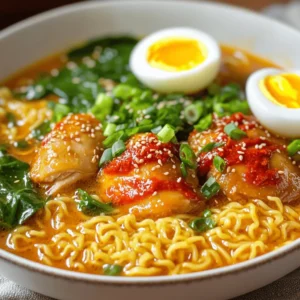 - 2 boneless chicken thighs - 2 packs of instant ramen noodles - 4 cups chicken broth - 2 tablespoons soy sauce - 1 tablespoon sesame oil - 1 tablespoon chili paste - 1 cup baby spinach - 2 green onions, chopped - 1 soft-boiled egg for garnish Gathering these ingredients is the first step to making your fiery chicken ramen. The chicken thighs provide rich flavor and tenderness. Instant ramen noodles cook quickly, making this dish fast and easy. Chicken broth gives the soup a warm base, while soy sauce, sesame oil, and chili paste add depth and heat. Including fresh baby spinach and green onions brings color and nutrition to your meal. The soft-boiled egg on top not only looks nice but also adds creaminess. You can find the complete recipe for this dish in the Full Recipe section, which will guide you through each step. Enjoy making this vibrant and spicy ramen! To start, slice the boneless chicken thighs into bite-sized pieces. In a bowl, mix soy sauce, sesame oil, chili paste, and grated ginger. Add the chicken to this mixture and stir well. Let the chicken sit for at least 15 minutes. This step helps the chicken soak up all the yummy flavors. Next, heat a large pot over medium-high heat. Add a splash of sesame oil. Once hot, throw in the marinated chicken. Cook for about 5 to 7 minutes. You want the chicken to turn golden brown and be fully cooked. Once done, take it out of the pot and set it aside. In the same pot, add minced garlic. Sauté it for 1 to 2 minutes. Keep an eye on it so it doesn’t burn. You want it to smell really good and become fragrant. Now, pour in the chicken broth. Bring it to a full boil. This will create a rich and tasty base for your ramen. When the broth starts boiling, add the ramen noodles. Follow the package instructions for cooking time, usually about 3 to 4 minutes. Stir gently to prevent sticking. Next, take the cornstarch mixed with water and pour it into the broth. Stir this mixture continuously for 2 minutes. This will help thicken the broth just right. It’s time for the final steps! Add the cooked chicken back into the pot. Toss in the baby spinach and stir until it wilts, which takes about a minute. Taste and adjust with salt and pepper if needed. Now, divide the ramen into bowls. Top each with a soft-boiled egg, chopped green onions, and a sprinkle of sesame seeds for that extra touch. Enjoy your Fiery Chicken Ramen with Creamy Garlic Sauce! For the full recipe, check the earlier section. Adjusting Spice Levels To make this dish just right for you, play with the chili paste. If you like more heat, add more. If you prefer less spice, cut back on the chili paste. You can also use milder sauces or fresh herbs. This helps you find your perfect balance of heat. Importance of Marinating Marinating the chicken is key. It adds deep flavor and keeps the meat juicy. Mix soy sauce, sesame oil, chili paste, and ginger. Let the chicken soak in these tasty flavors for at least 15 minutes. This small step makes a big difference in taste. Ensuring the Chicken is Tender Cook the marinated chicken over medium-high heat. This method ensures it browns nicely without drying out. Stir it often for even cooking. The chicken should be golden brown and fully cooked in about 5-7 minutes. How to Make Perfectly Soft-Boiled Eggs For the soft-boiled egg, boil water and gently add the eggs. Cook them for exactly 6-7 minutes. After cooking, place them in ice water to stop the cooking. This technique gives you a creamy yolk that pairs well with ramen. Tips for Garnishing Garnishing adds beauty to your dish. Use chopped green onions and sesame seeds for a pop of color. A soft-boiled egg on top looks stunning too. Don't forget to add some baby spinach for freshness. Serving Suggestions Serve your ramen hot in deep bowls. This keeps it warm longer. Offer extra chili paste on the side for spice lovers. You can also serve it with crunchy vegetables for a nice crunch. For the full recipe, visit the [Full Recipe]. {{image_2}} Alternative Proteins You can swap chicken for shrimp, tofu, or beef. Shrimp cooks fast and adds a sweet flavor. Tofu is great for a plant-based meal. Beef gives a rich taste, but it takes longer to cook. Vegetables to Add Feel free to mix in vegetables. Try mushrooms for a meaty bite. Carrots add sweetness and crunch. Broccoli boosts nutrition and color. Snow peas offer a fresh crunch. Making it Gluten-Free Use gluten-free ramen noodles. Check the soy sauce for gluten-free options. This way, everyone can enjoy the dish. Vegan Options For a vegan broth, use vegetable stock. Replace chicken with tofu or tempeh. Add a splash of soy sauce for flavor. This keeps the dish tasty and friendly for all diets. Mild Versions To make it mild, reduce or skip the chili paste. Use sweet soy sauce instead for flavor. The dish still tastes great without the heat. Adding Extra Heat Want more spice? Add more chili paste or fresh chilies. You can also sprinkle in red pepper flakes. Adjust to your heat level, and enjoy the fiery kick! For the complete cooking experience, check the Full Recipe for step-by-step guidance. Best Practices for Refrigeration After enjoying your Fiery Chicken Ramen, let it cool down first. Then, place it in an airtight container. This keeps the flavors fresh and prevents drying out. Store it in the fridge for up to three days. Freezing Tips If you want to save some for later, freezing works well too. Divide the ramen into portions before freezing. Use freezer-safe bags or containers. This keeps the ramen good for up to three months. Just remember to label them with dates. How to Reheat Ramen without Losing Flavor To reheat ramen, use a pot on the stove. Add a splash of water or broth to keep it moist. Heat over medium-low until it warms up, stirring gently. This method helps maintain the taste and texture. Avoiding Soggy Noodles To avoid soggy noodles, do not overheat. Heat just until everything is warm. If noodles start to break apart, they’ve been heated too long. Keep an eye on them while reheating. It takes about 30 minutes to make Fiery Chicken Ramen from start to finish. - Prep Time: 15 minutes - Cooking Time: 15 minutes This quick cooking time makes it ideal for busy weeknights. You can have a tasty meal ready in no time. Yes, you can make this dish in advance. - Storage Tips for Meal Prep: - Store the ramen and broth separately. - Keep cooked chicken in an airtight container for up to 3 days. - Reheat the broth and noodles together for best flavor. This way, you can enjoy a delicious meal throughout the week. You can easily swap out the chicken for other proteins. - Alternative Proteins and Vegan Options: - Tofu works great for a vegan option. - Shrimp or pork can also be used. - For a vegetarian twist, add mushrooms or tempeh. These options keep the dish tasty and fun while catering to different diets. The spice level can vary based on your preference. - Adjusting the Spice Level: - Use less chili paste for a milder dish. - Add extra chili paste if you enjoy more heat. - You can also use fresh chili peppers for a fresh kick. This flexibility makes it easy for everyone to enjoy the dish. Fiery Chicken Ramen is a tasty dish that brings heat and flavor to your table. You learned about the main ingredients, flavor enhancers, and fresh elements that make this recipe shine. I shared tips for cooking tender chicken and perfectly soft-boiled eggs. You can customize the broth and spice level to fit your taste. Don't forget how to store and reheat your leftovers. Now, you can make this ramen your own. Enjoy experimenting with flavors and enjoy a warm bowl today!