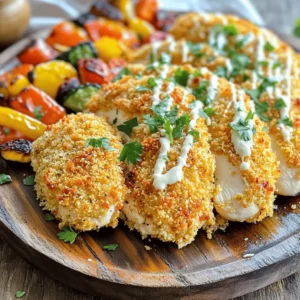 To make Baked Ranch Chicken, you need a few key items. Here’s what you will need: - 4 boneless, skinless chicken breasts - 1 cup buttermilk - 1 packet ranch seasoning mix - 1 cup panko breadcrumbs - ½ cup grated Parmesan cheese - 1 teaspoon garlic powder - ½ teaspoon onion powder - Salt and pepper to taste - Fresh parsley, chopped (for garnish) These ingredients blend together to create juicy, flavorful chicken. The buttermilk helps tenderize the chicken and adds moisture. The ranch seasoning mix gives that classic flavor we all love. You can elevate the dish with some optional seasonings. Consider adding a pinch of smoked paprika for a hint of smoke or cayenne for some heat. Lemon zest can add brightness, giving your chicken a fresh kick. For garnishes, you can use sliced green onions or more fresh parsley. These options enhance the look and taste of your meal. Baked Ranch Chicken pairs well with many sides. Here are some great options: - Roasted vegetables like carrots, broccoli, or Brussels sprouts - A fresh garden salad with mixed greens and a light vinaigrette - Creamy mashed potatoes or baked potatoes - Rice pilaf or quinoa for a hearty addition These sides bring color and flavor to your plate. They also balance the richness of the chicken. Whether you choose a salad or hearty potatoes, your meal will shine. For the full recipe, check out the details above. First, take your chicken breasts out. Rinse them under cold water. Pat them dry with paper towels. This step helps remove any extra moisture. It also helps the coating stick better. Trim any fat from the chicken. This makes the chicken look neat and cook evenly. In a medium bowl, mix the buttermilk and ranch seasoning. Whisk until it's smooth. Now, place the chicken breasts in this mix. Make sure they are fully covered. This marinade adds flavor and keeps the chicken juicy. Let the chicken soak for at least 30 minutes. You can also let it marinate for up to 2 hours in the fridge for even more flavor. In another bowl, combine the panko breadcrumbs, Parmesan cheese, garlic powder, onion powder, and a bit of salt and pepper. This mix gives the chicken a crunchy texture. Take the marinated chicken out of the buttermilk. Let any excess liquid drip off. Now, dip each piece into the breadcrumb mix. Press gently so the crumbs stick well. Place the coated chicken in a greased baking dish. Bake in a preheated oven at 400°F (200°C) for 25 to 30 minutes. The chicken should be golden and cooked through. Let it rest for 5 minutes before serving. This helps the juices settle for extra flavor. For a special touch, sprinkle chopped parsley on top. Enjoy this Baked Ranch Chicken Delight! For the full recipe, check the details above. To get that perfect crispy crust, use panko breadcrumbs. They are light and airy. Mix in grated Parmesan cheese for extra flavor. Press the breadcrumbs firmly onto the chicken. This helps them stick better. Bake at a high temperature. This ensures the coating gets golden brown and crunchy. A cooking spray on top can also add more crispiness. Marinating is key for juicy chicken. Use buttermilk for moisture and flavor. Combine it with ranch seasoning for a tasty mix. Let the chicken sit in the marinade for at least 30 minutes. If you have time, marinate it for up to 2 hours. This gives the flavors time to soak in. Always cover the bowl and refrigerate it. This keeps your chicken fresh and safe. Baked Ranch Chicken looks great on a platter. Serve it with roasted vegetables for color and nutrition. A fresh salad adds crunch and freshness. You can also drizzle ranch dressing around the platter. This makes it fun and flavorful. For a complete meal, pair it with rice or mashed potatoes. Your family will love this tasty dish! For the full recipe, check out the Baked Ranch Chicken Delight! {{image_2}} You can change the flavor of your baked ranch chicken easily. Try spicy ranch seasoning for a kick. You can also find garlic or herb ranch mixes. Each type gives a new twist. Use your favorite flavor to keep it fresh and fun. If you want a gluten-free option, use crushed rice cereal or gluten-free breadcrumbs. Almond flour works well too. These alternatives still give a nice crunch and flavor. They help keep the dish enjoyable for everyone. Adding vegetables makes this dish even better. Carrots, broccoli, or bell peppers work great. Just chop them into bite-sized pieces. Spread them around the chicken in the baking dish. They cook well and soak up the tasty ranch flavor. This makes your meal colorful and healthy. For the full recipe, check the earlier section. To keep leftover Baked Ranch Chicken fresh, place it in an airtight container. Make sure the chicken is cool before sealing it. This helps prevent moisture loss. You can store it in the fridge for up to four days. If you want to keep it longer, consider freezing it. When you are ready to eat the leftovers, preheat your oven to 350°F (175°C). Place the chicken on a baking sheet. Cover it with foil to keep it moist. Heat for about 15-20 minutes. Check that it is warm all the way through. This method keeps the chicken juicy and the coating crispy. To freeze Baked Ranch Chicken, wrap each piece in plastic wrap. Then, place them in a freezer bag. Squeeze out as much air as you can. Label the bag with the date. You can freeze it for up to three months. When you want to eat it, thaw it overnight in the fridge before reheating. Enjoy your flavorful delight any time! For the full recipe, check out the details above. Yes, you can use chicken thighs. Thighs stay juicier than breasts. They also have more flavor. Just follow the same steps in the Full Recipe. Adjust the cooking time to ensure they reach 165°F (74°C). Marinating for at least 30 minutes works well. If you have time, try up to 2 hours. This helps the chicken absorb the buttermilk and ranch flavors. The longer you marinate, the tastier it gets. Baked Ranch Chicken pairs nicely with many sides. Roasted vegetables or a fresh salad are great options. You can also serve it with mashed potatoes or rice. A drizzle of ranch dressing adds extra flavor. In this article, we explored how to make Baked Ranch Chicken. We covered key ingredients, step-by-step instructions, and tips for crispy results. We also discussed tasty variations and proper storage methods to keep your leftovers fresh. Enjoying this dish is easy with the right seasonings and side dishes. Try adding your own twist for extra flavor. With these tips, you can cook a meal that pleases everyone. Get ready for some delicious bites!