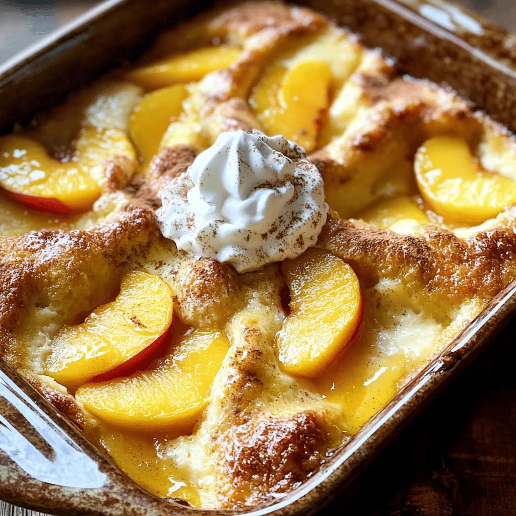 For this Southern Peach Pudding, you will need: - 4 ripe peaches, peeled and sliced - 1 cup granulated sugar - 1/2 cup all-purpose flour - 1 teaspoon baking powder - 1/4 teaspoon salt - 1 cup whole milk - 1/2 cup unsalted butter, melted - 1 teaspoon vanilla extract - 1 teaspoon ground cinnamon - Whipped cream or vanilla ice cream for serving These ingredients create a warm, sweet, and comforting dessert that highlights the juicy peaches. You can enhance your Southern Peach Pudding with these optional ingredients: - A splash of almond extract for a nutty taste - Fresh mint leaves for a refreshing touch - Toasted nuts for a crunchy texture These additions can elevate your pudding, making it unique and delightful. If you don’t have something on hand, here are some easy swaps: - Use frozen peaches instead of fresh ones. Just thaw and slice them. - Swap granulated sugar for brown sugar for a richer flavor. - Use almond milk or oat milk in place of whole milk for a dairy-free option. These substitutions help you adapt the recipe to your pantry and taste. For the full recipe, check out the detailed instructions! Start by washing the peaches well. You want them clean. Next, peel the peaches. This step makes the pudding smooth. After peeling, slice the peaches into thin pieces. Place the slices in a bowl. Add 1/2 cup of sugar to the peaches. This helps bring out their sweet juice. Let them sit for about 10 minutes. This step is called macerating. The peaches will soften and become juicy. In a separate bowl, mix the dry ingredients. Combine 1/2 cup of sugar, flour, baking powder, and salt. Stir them well to blend. Now, pour in the milk and melted butter. Add the vanilla extract for flavor. Mix everything until it’s combined. Don’t worry if the batter is a bit lumpy. That’s perfectly fine! Gently fold in the peaches and their juices. This adds great flavor to the batter. Pour the batter into a greased 9x9-inch baking dish. Spread it out evenly. For an extra touch, sprinkle ground cinnamon on top. This adds a warm spice to your pudding. Preheat your oven to 350°F (175°C). Bake the pudding for 35-40 minutes. It should turn golden brown. To check if it's done, insert a toothpick in the center. If it comes out clean, your pudding is ready! Let it cool for about 10 minutes before serving. Enjoy it warm with whipped cream or vanilla ice cream. For an even sweeter treat, drizzle some peach juices on top. Check the Full Recipe for more details. To get the best texture in your Southern Peach Pudding, use ripe peaches. They should feel soft but not mushy. Macerating the peaches is key. This step helps them soften and release natural juices. When mixing the batter, stir gently to keep it a bit lumpy. A smooth batter can lead to a dense pudding. Bake until golden brown for that perfect finish. Let it cool slightly before serving to set the texture just right. Avoid rushing the maceration step. Letting the peaches sit in sugar for ten minutes is important. Don't skip the cinnamon sprinkle on top. It adds great flavor and aroma. Also, be careful not to overmix the batter. Overmixing leads to a tough pudding. Finally, check your oven temperature. An oven that is too hot can burn the top before cooking the inside. Serve your pudding warm for the best experience. Top it with a dollop of whipped cream or a scoop of vanilla ice cream. This contrast enhances the flavors and adds a creamy texture. Drizzle some extra peach juices over the top to make it more appealing. You can also pair it with a cup of sweet tea for a true Southern treat. For a twist, try adding some chopped nuts on top for crunch. If you want the full recipe, check out the complete instructions! {{image_2}} You can mix in other fruits to change the flavor. Try blueberries, strawberries, or even blackberries. Each fruit adds a unique taste to your Southern peach pudding. For example, blueberries pair well with peaches. Their sweetness blends nicely, creating a fruity delight. Just be sure to keep the same amounts for the other ingredients. This way, your pudding stays balanced and delicious. If you need a gluten-free option, you can swap all-purpose flour. Use almond flour or gluten-free flour blends instead. These options work well and keep the pudding tasty. Just remember, the texture might change slightly. Almond flour gives a nutty flavor, while gluten-free blends usually taste neutral. Either way, you can still enjoy this dessert without gluten. Spices can elevate your Southern peach pudding. Cinnamon is a classic choice. It adds warmth and depth to the dish. You can also try nutmeg or ginger for a twist. Just a pinch of these spices can make a big difference. If you love a sweet touch, consider adding a hint of cardamom. Play around with different spices to find your favorite mix. This creativity will make your pudding even more enjoyable. For the full recipe, check out the details above. To store your leftover Southern Peach Pudding, let it cool to room temperature. Place it in an airtight container. You can keep it in the fridge for up to three days. Make sure to cover it well to avoid drying out. When you're ready to enjoy the pudding again, preheat your oven to 350°F (175°C). Place the pudding in an oven-safe dish. Cover it loosely with foil. Heat for about 15-20 minutes, or until warm. You can also microwave individual portions for about 30-45 seconds. If you want to save some pudding for later, freezing works well! Cut the pudding into portions. Wrap each piece tightly in plastic wrap, then place them in a freezer-safe bag. It can stay frozen for up to three months. To thaw, move it to the fridge overnight before reheating. Enjoy your Southern Peach Pudding whenever you like! For the full recipe, check out the main article. Southern Peach Pudding is a warm dessert made with fresh peaches and a sweet batter. It blends juicy fruit with a rich, cake-like texture. This dish is often enjoyed during summer when peaches are in season. The combination of flavors creates a comforting treat that many love. You can prepare Southern Peach Pudding ahead of time by making the batter and slicing the peaches. Mix them together and store the mixture in the fridge. When you're ready to bake, just pour it into your dish and bake as usual. This way, the flavors meld nicely before you serve. Yes, you can use canned peaches if fresh ones are not available. Just drain the canned peaches well and chop them into bite-sized pieces. This keeps the dessert sweet and moist. However, fresh peaches provide a better flavor and texture. Serve Southern Peach Pudding warm from the oven. A scoop of vanilla ice cream or a dollop of whipped cream adds a nice touch. You can also drizzle extra peach juice over the top for added sweetness. This simple addition enhances the dish's appeal. For a fun twist, try serving it in individual cups for easy sharing. For the full recipe, check out the details above. Southern Peach Pudding is a treat made with fresh peaches and a simple batter. We covered key ingredients, step-by-step prep, and baking tips. You can add spices and substitute to fit your taste. For best results, avoid common mistakes and know how to store leftovers. Remember, you can even freeze it! This dessert is versatile and easy to make. I hope you enjoy your culinary adventure with this delightful dish!