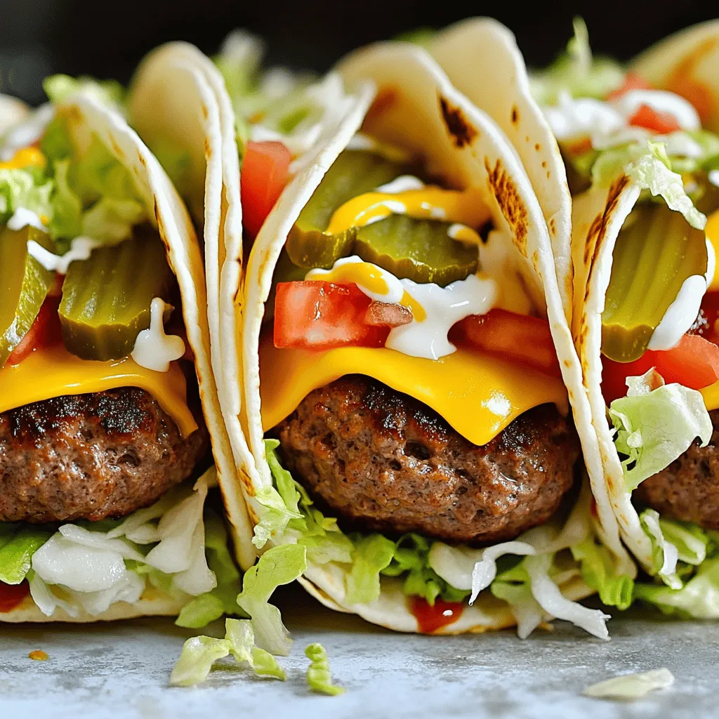 - 1 lb ground beef (80/20 blend) - 4 small corn tortillas - 1 cup shredded iceberg lettuce - 1/2 cup diced tomatoes - 1/4 cup finely chopped onion - 1/2 cup sliced pickles - 1/2 cup American cheese, shredded - Salt and pepper - Cooking oil for searing - 1/4 cup mayonnaise - 1 tablespoon yellow mustard - 1 tablespoon ketchup - 1 tablespoon dill pickle relish For these Big Mac Style Smash Burger Tacos, you need simple yet flavorful ingredients. The ground beef should have a good fat ratio, like 80/20. This helps give you juicy patties. Corn tortillas are a must as they hold everything together beautifully. For toppings, fresh lettuce, juicy tomatoes, and crunchy pickles add great texture. Don’t forget the onion for a nice bite. And of course, American cheese makes everything creamy and rich. For spices, just use salt and pepper. They bring out the beef's natural taste. A bit of cooking oil makes sure your patties sear nicely without sticking. The sauce is what ties it all together. Mix mayonnaise, yellow mustard, ketchup, and dill pickle relish for that classic Big Mac flavor. This sauce adds a creamy and tangy kick to each bite. You can find the full recipe to guide you through it all. To make the sauce, you need a bowl. Mix together the mayonnaise, yellow mustard, ketchup, and dill pickle relish. Stir it well until it’s smooth. This sauce adds great flavor and a touch of creaminess to your tacos. Take your ground beef and divide it into four equal parts. Be gentle when handling it; you want to keep it loose. Shape each piece into a ball, about the size of a golf ball. Season each ball with salt and pepper. This simple step makes a big difference in taste. Heat your skillet on medium-high heat. Add a splash of cooking oil until it shimmers. Carefully place the beef balls in the hot skillet. Use a spatula to smash each ball down flat, making a patty about 1/2 inch thick. Cook them for about 3-4 minutes until a crispy crust forms. Once the crust is golden, flip the patties over. Add shredded American cheese on top of each patty. Let them cook for another 2-3 minutes until the cheese melts. You want everything to cook evenly for the best flavor. In a separate pan, warm your corn tortillas over medium heat. Cook each side for about 30 seconds. This step makes the tortillas soft and easy to fold. It helps the tacos hold all the delicious fillings. Now it’s time to build your tacos! On each warmed tortilla, place a burger patty with melted cheese. Add layers of shredded iceberg lettuce, diced tomatoes, chopped onion, and sliced pickles. Drizzle the sauce you made earlier generously over the top. Fold the tortillas over the fillings gently. Press them down a bit to secure everything inside. Serve your tacos right away, while they are warm. Each bite will be a mix of flavors that remind you of a Big Mac but with a fun twist! For the full recipe, check out the instructions above. To make a great smash burger, you need the right heat. Use a hot skillet. Heat a splash of cooking oil until it shimmers. This helps get a nice sear. - Use an 80/20 blend of ground beef. It has enough fat for flavor. - Make sure not to overwork the beef. Form loose balls, about the size of a golf ball. - When you smash the patties, press down hard. This creates a crispy crust. A crispy crust adds texture and flavor. Cook the patties for about 3 to 4 minutes on one side. Then flip and add cheese. Cook until the cheese melts. Customize your toppings to make your tacos unique. Here are some ideas: - Shredded iceberg lettuce adds crunch. - Diced tomatoes bring freshness. - Finely chopped onion gives a nice bite. - Sliced pickles add a tangy flavor. Feel free to add or swap toppings. Try avocado, jalapeños, or even crispy bacon. You can make it your own! The sauce makes the burger tacos shine. You can stick with the classic, or try something new. Here are some fun ideas: - Mix in sriracha for a spicy kick. - Use BBQ sauce for a smoky flavor. - Swap mayonnaise for Greek yogurt for a tangy twist. Experiment with different sauces to find your favorite. Each sauce changes the taste, making it fun to try new things. For the full recipe, check out the details above! {{image_2}} You can switch up the meat in these tacos. Try ground turkey for a leaner option. Chicken works well too. For a plant-based choice, use lentils or black beans. Each option brings its own flavor and texture. Think about how you want to wrap your tacos. You can use soft corn tortillas for a classic feel. If you prefer crunch, try crispy taco shells. Each style gives a different bite and experience. Add spices for a new twist. A pinch of cumin or smoked paprika can boost the taste. You can also add toppings like jalapeños or avocado for extra flavor. Don't forget fresh herbs like cilantro for brightness. Explore different combinations to find what you love. For the full recipe, check out the complete guide! To keep your Big Mac Style Smash Burger Tacos fresh, store the leftovers properly. Place the taco components in separate airtight containers. This keeps the textures nice. Store the patties, toppings, and tortillas separately. They will stay fresh longer this way. Make sure to cool everything to room temperature before sealing. Reheating is key to enjoying these tacos again. For the patties, use a skillet over medium heat. This method warms them up without losing the crispy crust. Heat them for about 2-3 minutes on each side. For the tortillas, you can warm them in a dry skillet for 30 seconds. Don’t microwave them, as it makes them soggy. Yes, you can freeze some components. The patties freeze well. Wrap them tightly in plastic wrap, then place in a freezer bag. They can last up to three months. However, I don’t recommend freezing assembled tacos. The tortillas will get mushy when thawed. Instead, freeze the patties and toppings separately. When you're ready to eat, just reheat and assemble your tacos fresh. For these tacos, American cheese works best. It melts well and adds a creamy taste. You can also try cheddar or pepper jack for a twist. Each cheese brings a unique flavor to these tasty bites. I recommend sticking with a cheese that melts nicely to keep the tacos gooey and satisfying. Yes, you can make the patties ahead of time. Shape them and store them in the fridge for up to a day. Just cover them well to keep them fresh. If you want to save time, you can freeze them too. Wrap each patty in plastic wrap and place them in a freezer bag. They will last for up to three months. Just thaw them in the fridge before cooking. To avoid tearing, warm the tortillas carefully. Heat them in a pan over medium heat for about 30 seconds on each side. This makes them soft and easy to fold. You can also cover them with a damp cloth to keep them warm and moist. This helps keep your tacos intact while you enjoy them. You’ve learned how to make delicious Smash Burger Tacos. Use fresh ingredients and follow the steps for great results. Remember to mix your sauce well and warm the tortillas for the best taste. Feel free to customize with your favorite toppings and meats. Proper storage ensures you enjoy leftovers later. Experiment with flavors and techniques for fun variations. Enjoy every bite of your creation!