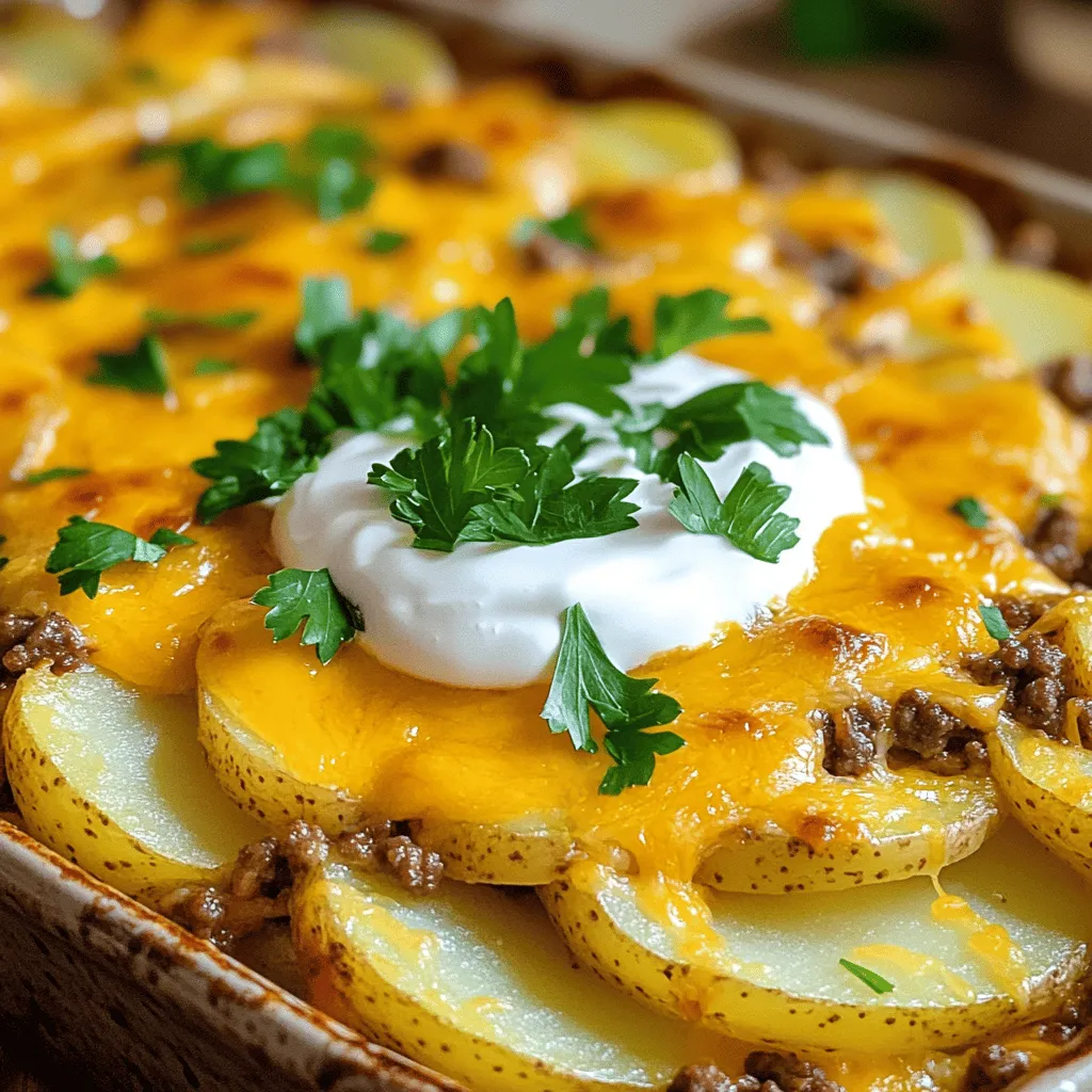 To make a tasty Hamburger Potato Casserole, gather these ingredients: - 1 pound ground beef - 1 medium onion, diced - 3 garlic cloves, minced - 4 medium potatoes, thinly sliced - 1 can (14 oz) diced tomatoes, drained - 1 cup shredded cheddar cheese - 1 cup sour cream - 1 tablespoon Worcestershire sauce - 1 teaspoon paprika - 1 teaspoon dried oregano - Salt and pepper to taste - 2 tablespoons olive oil - Fresh parsley, chopped (for garnish) These ingredients work together to create a hearty and filling meal. Each one adds flavor and texture to the dish. Fresh ingredients can often bring out the best flavors. For example, fresh potatoes give a nice texture. Fresh onions add a sweet, crisp bite. If you use frozen ingredients, be sure to thaw them first. Frozen meat can be handy when you're short on time. Just remember, fresh can make a big difference in taste. You can easily swap out some ingredients to fit your needs. If you want a lighter dish, use ground turkey or chicken instead of beef. For a dairy-free option, try almond or coconut yogurt in place of sour cream. If you're avoiding gluten, check the Worcestershire sauce label. Some brands may contain gluten. These swaps help everyone enjoy this dish. You can find the full recipe [here](#). Start by preheating your oven to 375°F (190°C). This step warms the oven for even cooking. While the oven heats, gather your ingredients. You will need ground beef, onion, garlic, potatoes, diced tomatoes, cheese, sour cream, and spices. Make sure your potatoes are thinly sliced. This helps them cook evenly. In a large skillet, add the olive oil and heat it over medium heat. Next, add the diced onion and minced garlic. Sauté them for about 3-4 minutes. You want them to turn soft and clear. Then, add your ground beef to the skillet. Break it apart with a spatula. Cook until it is browned, about 5-7 minutes. Drain any extra fat from the pan. Now, stir in the drained diced tomatoes, Worcestershire sauce, paprika, oregano, salt, and pepper. Mix well and let it simmer for about 3 minutes. Now it’s time to layer the casserole. Grease a 9x13 inch baking dish for easy serving. Start with half of the sliced potatoes and layer them evenly on the bottom. Next, spread half of the beef mixture over the potatoes. Follow this with half of the shredded cheddar cheese. Repeat this step with the remaining potatoes, beef, and cheese. Finally, spread the sour cream on top. Smooth it out evenly across the casserole. Cover the dish with aluminum foil and bake it in the preheated oven for 30 minutes. After that, remove the foil and bake for another 15 minutes. Your casserole should be bubbly and the potatoes tender. Let it cool for a few minutes before slicing. You can garnish with fresh parsley for a nice touch. For the full recipe, check the previous section. To get the best potatoes, slice them thin. Thin slices cook faster and mix well with the beef. I suggest using a mandoline for even slices. Soak the sliced potatoes in cold water for 30 minutes. This removes extra starch and keeps them from turning mushy. Drain them well and dry with a towel before layering. Cheese adds richness to your casserole. I love using sharp cheddar for its bold taste. You can also try Monterey Jack for a milder flavor. Mixing cheeses can create a unique taste. If you want something extra, sprinkle some mozzarella on top for a gooey finish. One mistake is not browning the beef well. This step adds flavor to your dish. Another pitfall is overcooking the potatoes. They should be tender but not mushy. Lastly, don’t skip the layering step. Proper layers help all the flavors blend better. For the complete details, check the Full Recipe. {{image_2}} You can make a tasty vegetarian version. Replace the ground beef with lentils or mushrooms. Both options add great flavor and texture. Use the same spices to keep it savory. You’ll still layer potatoes, cheese, and sauce for a satisfying dish. This version is still filling and full of taste. If you like heat, add some spice. Mix in jalapeños or crushed red pepper to the beef. You can also use pepper jack cheese for an extra kick. This change brings a whole new level of flavor to the dish. Your family will enjoy the spicy twist while they dig in. Adding veggies boosts nutrition and flavor. Try layering in spinach, bell peppers, or zucchini. Chop them small so they blend well with the potatoes and beef. This will enhance the dish's color and make it even healthier. It’s an easy way to sneak more greens into your meal. For more ideas, check the Full Recipe. Storing leftover casserole is easy. First, let it cool to room temperature. Then, cover it tightly with plastic wrap or aluminum foil. You can also use an airtight container. This way, it stays fresh for up to three days in the fridge. When you want to eat it, just take it out and enjoy! You can freeze Hamburger Potato Casserole for later. First, let it cool fully. Then, cut it into portions. Wrap each piece in plastic wrap, then in aluminum foil. This helps prevent freezer burn. You can freeze it for up to three months. When you're ready to eat, just thaw it overnight in the fridge before reheating. Reheating is simple and quick. If your casserole is in the fridge, just preheat your oven to 350°F (175°C). Place the casserole in an oven-safe dish. Cover it with foil to keep it moist. Bake for about 20-30 minutes until it is hot throughout. If you froze it, let it thaw first. Then, follow the same steps to reheat. Enjoy your delicious meal! Yes, you can make Hamburger Potato Casserole ahead of time. It’s great for busy days. Just prepare the casserole, cover it, and store it in the fridge. You can keep it there for up to a day. When you're ready to eat, bake it as directed. If it's cold from the fridge, it may need a few extra minutes in the oven. You can serve many sides with Hamburger Potato Casserole. Here are some tasty options: - A fresh green salad - Steamed broccoli or green beans - Garlic bread or rolls - Pickles for a tangy crunch These sides add balance and make your meal more fun. Hamburger Potato Casserole can be gluten-free with small changes. The main ingredients like beef, potatoes, and vegetables are gluten-free. However, check the Worcestershire sauce label. Some brands add gluten. You can find gluten-free Worcestershire sauce or make your own. This way, you can enjoy a safe dish without gluten. For the full recipe, you can refer back to the ingredients and steps above. Hamburger Potato Casserole is easy to make and full of flavor. You learned about key ingredients, cooking steps, and helpful tips. We discussed tasty variations like vegetarian and spicy options. Plus, we covered how to store and reheat your casserole. Remember, making this dish can fit many dietary needs. With the right ingredients and a bit of care, you can enjoy this comforting meal anytime. Try it out and bring new flavors to your table today!