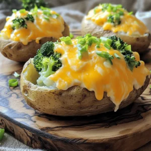 To make these tasty twice-baked potatoes, gather the following ingredients: - 4 large russet potatoes - 1 cup broccoli florets, steamed - 1 cup sharp cheddar cheese, grated - 1/2 cup sour cream - 1/4 cup milk - 2 tablespoons butter - 1 teaspoon garlic powder - Salt and pepper to taste - 2 tablespoons green onions, chopped (for garnish) Using fresh ingredients is key to great taste. Fresh broccoli adds crunch and a bright color. It also brings important nutrients to the dish. Fresh cheddar cheese melts better and gives a rich flavor. Potatoes should be firm and smooth, with no dark spots. These small choices make a big difference in how your dish turns out. You can switch some ingredients if needed. For a lighter option, use Greek yogurt instead of sour cream. If you want a different flavor, try pepper jack cheese instead of cheddar. You can also mix in other veggies like spinach or bell peppers. These swaps keep the dish fun and fresh while still tasting great! Start by preheating your oven to 400°F (200°C). Scrub the russet potatoes under running water to clean them. Next, pierce each potato several times with a fork. This helps steam escape while they bake. Place them on a baking sheet and bake for about 45 to 60 minutes. You want them tender all the way through. Once they’re done, let them cool for about 10 minutes. This makes them easier to handle. While your potatoes bake, steam the broccoli florets for about 5 to 7 minutes. Make sure they are tender, then chop them into small pieces. Set the chopped broccoli aside. After the potatoes cool, slice each one in half lengthwise. Carefully scoop out the insides into a mixing bowl, leaving a little potato in the skin. To this bowl, add the sour cream, butter, milk, and garlic powder. Mix in half of the grated cheddar cheese. Mash everything until it is smooth and creamy. Now, gently fold in the chopped broccoli and season with salt and pepper. Spoon the broccoli and cheddar mixture back into the potato skins. Make sure to mound it slightly for a nice look. Sprinkle the remaining cheddar cheese on top of each potato half. Return the filled potatoes to the oven. Bake for another 15 to 20 minutes, until the cheese is bubbly and golden. Once done, remove them from the oven. Garnish with chopped green onions and let them cool for a few minutes before serving. Enjoy your delicious Broccoli and Cheddar Twice-Baked Potatoes! For the full recipe, check the section above. For the best texture, choose large russet potatoes. They have a fluffy inside. Bake them until soft, about 45-60 minutes. When you scoop out the insides, leave a little potato in the skin. This helps keep the shape. Mash the filling well with sour cream and butter. This gives a creamy mix that holds together. One mistake is overcooking the potatoes. This makes them soggy. You want them tender but not mushy. Another pitfall is not seasoning enough. Taste your filling before it goes back in the skins. Adding salt and pepper helps bring out flavor. Lastly, don’t skip the cheese topping. It adds a nice melty finish. You can boost flavor easily. Garlic powder adds depth. Also, try adding a pinch of paprika for warmth. Fresh herbs, like chives, add brightness. For a kick, a dash of hot sauce can work. Always taste as you go. Adjusting the seasoning makes your dish shine. Enjoy your cooking journey with this delicious recipe. You can find the full recipe for these delights above. {{image_2}} You can make your twice-baked potatoes even better by adding other veggies. Spinach, kale, or bell peppers mix well with broccoli. Just steam or sauté them first. This extra step keeps the flavors fresh and bright. You can also try adding cooked mushrooms or roasted garlic for a deeper taste. Mix and match until you find your favorite combo! While sharp cheddar cheese is classic, you can switch it up. Try gouda or Monterey Jack for a milder flavor. If you want something stronger, blue cheese adds a unique twist. For a nutty taste, use Gruyère. Each cheese brings its own charm to the dish. Feel free to experiment and see what you love most! You can easily adapt this recipe for different diets. To make it vegan, swap out dairy for plant-based options. Use almond milk, vegan sour cream, and dairy-free cheese. For a gluten-free version, ensure all products are certified gluten-free. The potatoes themselves are naturally gluten-free, so you're on the right track! Always check labels to be safe. Enjoy a delicious meal that fits your needs! To store leftover twice-baked potatoes, let them cool first. Place them in an airtight container. You can keep them in the fridge for up to three days. Make sure to cover them well to prevent drying out. This helps keep the flavors fresh for your next meal. When you are ready to eat the leftovers, preheat your oven to 350°F (175°C). Place the potatoes on a baking sheet. Heat them for about 15-20 minutes. This will warm them through and melt the cheese again. You can also microwave them for a quicker option, but the texture may change slightly. If you want to store them longer, freezing is a great option. Wrap each potato tightly in plastic wrap. Then, place them in a freezer bag. They can last up to three months in the freezer. When you are ready to eat, thaw them in the fridge overnight. Bake them at 350°F (175°C) until heated through. Enjoy your Broccoli and Cheddar Twice-Baked Potatoes at any time! For the complete recipe, check out the Full Recipe section. You can tell the potatoes are done when they are soft. Use a fork to poke them. If the fork slides in easily, they are ready. The skin should look crisp and slightly wrinkled. Baking takes about 45-60 minutes. Keep an eye on them after the 45-minute mark. Yes, you can use other types of cheese. Try mozzarella for a milder taste. Pepper jack adds a nice kick. Cream cheese makes the filling extra creamy. Mix and match to find your favorite flavor. Just remember to adjust the amount based on how strong the cheese is. These potatoes pair well with many dishes. Serve them with a fresh salad for a light meal. Grilled chicken or fish makes a great protein option. You can also add a side of roasted veggies. For a fun twist, try them with a spicy salsa or hot sauce for extra zing. You can create delicious Broccoli and Cheddar Twice-Baked Potatoes by using fresh ingredients. The steps are simple: prepare the potatoes, make the filling, bake, and add final touches. Remember to avoid common mistakes and play with flavors using seasonings. You can customize the dish with different veggies or cheese types. Store leftovers properly for later enjoyment. These potatoes are tasty and versatile. Enjoy making this dish and share it with family and friends!