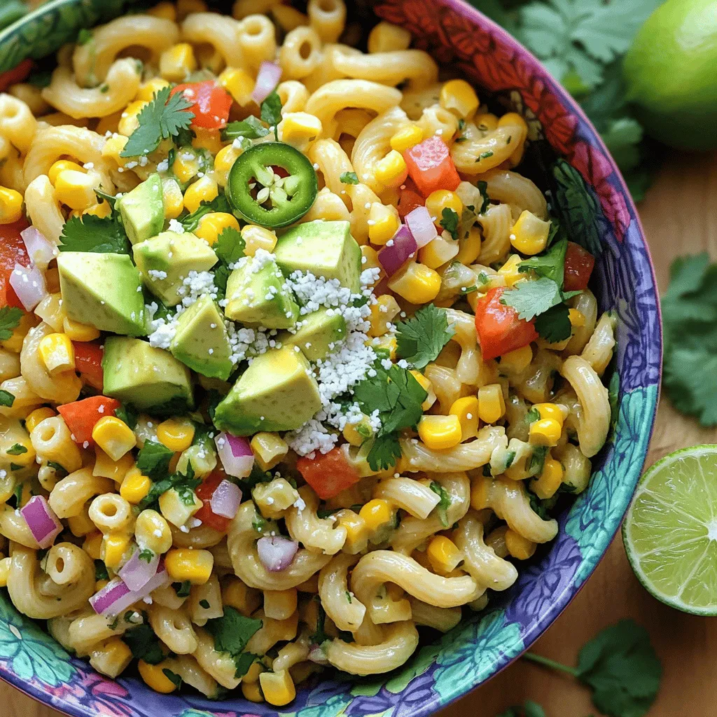 - Pasta options: You can use elbow macaroni or fusilli. Both work great. - Fresh vs. frozen corn: Fresh corn gives a sweet crunch. Frozen corn saves time and is easy to use. - Key vegetables: You need a red bell pepper, red onion, and jalapeño. These add color and flavor. - Mayonnaise and sour cream ratios: Use equal parts mayonnaise and sour cream for creaminess. - Lime juice for zest: Fresh lime juice brightens the flavor. It brings a nice tang. - Spice it up: Add chili powder, salt, and pepper. These spices make the salad pop. - Cotija cheese: Look for crumbly cotija cheese. It adds a salty, rich taste. - Avocado: Choose ripe avocados. They should feel slightly soft but not mushy. - Fresh cilantro: Chop cilantro finely. It adds freshness and ties all flavors together. For the full recipe, check the details above. To cook pasta to al dente, bring a pot of salted water to a boil. Add the pasta and cook until it's firm but not hard. Drain the pasta and rinse it under cold water. This stops cooking and helps keep it from sticking. Set the pasta aside. For fresh corn, grilling brings out the best flavor. Heat your grill to medium-high. Place the corn on the grill and cook for 10 to 12 minutes. Turn it often until it's slightly charred. This adds a nice smoky taste. If you use frozen corn, simply thaw it by placing it in a bowl of warm water. In a large mixing bowl, combine the cooked pasta, corn, diced bell pepper, red onion, jalapeño, and cilantro. Make sure to mix these well. This ensures that every bite is full of flavor. To fold in the avocado, use a gentle touch. This keeps the avocado pieces whole and adds creaminess. In a smaller bowl, mix the mayonnaise, sour cream, lime juice, chili powder, salt, and pepper. Stir until you have a smooth dressing. Taste as you go to adjust the seasoning. Once ready, pour the dressing over the pasta mixture. Toss gently to coat everything evenly. Adding the dressing just before serving keeps the salad fresh. For the full recipe, you can check the complete instructions and tips. To get the best taste, chill your salad. Letting the salad sit helps flavors blend. I recommend chilling it for at least 30 minutes. This gives time for the ingredients to mix well. Balancing texture is key. You want crunchy and creamy bites. Use fresh corn for crunch, and creamy avocado for smoothness. Adjust the spice level to your liking. If you want more heat, add extra jalapeño. Serving is part of the fun! Use a bright bowl to make it pop. A colorful dish grabs attention. You can also sprinkle extra cotija cheese on top. Consider adding lime wedges beside the salad. They not only look nice but add zest. Guests can squeeze lime for extra flavor. Avoid overcooking your pasta. Cook it until it is al dente. Rinse it under cold water right after cooking. This stops the cooking process and keeps it firm. Insufficient chilling time can hurt flavor. If you do not let it chill, the taste will be flat. Always allow time for flavors to develop. Do not skip mixing the dressing. Coat all the ingredients well. This makes each bite flavorful. A well-mixed salad shines with taste, so take your time! For the full recipe, check out the detailed steps to create this delicious dish. {{image_2}} You can easily switch up the pasta type. If you need gluten-free options, try rice or quinoa pasta. They work great in this salad. For cheese, consider using feta or queso fresco. These cheeses add a unique twist. If you're looking for protein, add grilled chicken, shrimp, or black beans. These options make the salad more filling. To boost flavor, add spices like cumin or paprika. These spices add depth and warmth. Fresh herbs like basil or parsley bring brightness. You can also try different dressings. A zesty vinaigrette can add a fresh touch. Experiment to find your favorite flavor combo. In summer, add fresh tomatoes or crunchy cucumbers. They enhance the salad's freshness. In fall, roasted butternut squash adds sweetness and texture. For winter, toss in some kale or spinach. These greens provide a hearty feel during colder months. Each season brings a new way to enjoy this dish! To keep your Mexican Street Corn Pasta Salad fresh, use air-tight containers. This helps to trap moisture and flavors. If you use loose storage, the salad may dry out. Store the salad in the fridge for up to three days. If it sits longer, the quality drops. Freezing this salad is tricky. The pasta can become mushy and the vegetables may lose their crunch. It’s best to eat it fresh. When you take the salad out of the fridge, it may need a refresh. I suggest adding a bit more lime juice or dressing. This helps revive the flavors. You can serve it cold or warm, depending on your taste. If you choose to warm it, do so gently. Just a few seconds in the microwave should do. You can save time by prepping ingredients ahead of time. Cook your pasta and grill the corn a day before. Store them in separate containers. You can chop your veggies and store them in the fridge, too. Assemble the salad right before serving for the best taste. This keeps everything fresh and crunchy. Enjoy the full recipe for more details! To make this salad vegan, swap the dressing. Use vegan mayonnaise instead of regular mayo. You can also use vegan yogurt to keep it creamy. For cheese, try nutritional yeast. It adds a cheesy flavor without dairy. Yes, you can prepare this salad ahead. Make it up to a day in advance. Store it in an airtight container in the fridge. The flavors will mix and taste even better. The salad may become a bit soggy, so add fresh avocado just before serving. This salad is a mix of good nutrients. It has corn, veggies, and pasta. However, it does have calories from cheese and dressing. You can make it healthier by using less cheese or low-fat dressing. Substituting whole-grain pasta can also boost fiber content. For more details, check the Full Recipe. This blog post guides you on creating a delicious Mexican Street Corn Pasta Salad. We explored key ingredients like pasta, corn, and vegetables. I shared tips on dressing and topping choices that enhance flavor. Important cooking steps ensure texture and taste. Remember, chilling helps flavors blend better. You can also customize it with different ingredients or spice levels. Follow these tips, and you'll create a salad that's both tasty and fun. Enjoy making this colorful dish for your next gathering!