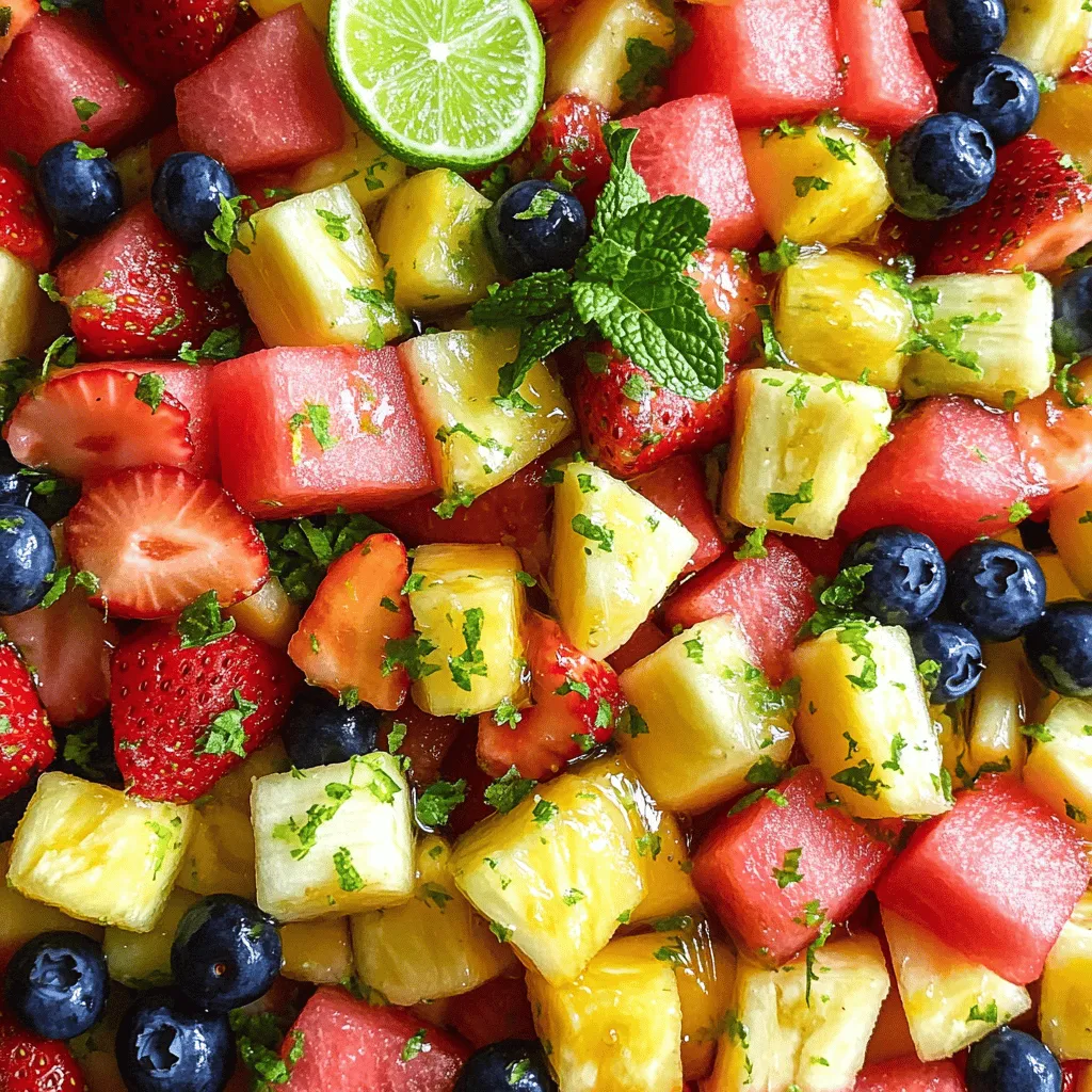 For a vibrant and tasty Honey Lime Fruit Salad, you need the following fresh ingredients: - 2 cups watermelon, cubed - 1 cup pineapple, diced - 1 cup strawberries, sliced - 1 cup blueberries - 1 ripe banana, sliced - 3 tablespoons honey - 2 tablespoons fresh lime juice - Zest of 1 lime - Fresh mint leaves for garnish Each fruit brings a unique flavor and texture. Watermelon adds juiciness, while pineapple offers a sweet tang. Strawberries give a bright color, and blueberries add a subtle sweetness. The banana makes the salad creamy. Honey and lime juice create a delicious dressing that ties it all together. The mint leaves on top add freshness and a pop of color. Using fresh ingredients ensures the best taste. You can find all these ingredients at your local market. Remember, the Full Recipe will guide you through making this delightful dish! - Begin by combining all the fruit in a large mixing bowl. Use 2 cups of cubed watermelon, 1 cup of diced pineapple, 1 cup of sliced strawberries, 1 cup of blueberries, and 1 ripe banana, sliced. This mix creates a colorful base. - Next, in a small bowl, whisk together 3 tablespoons of honey, 2 tablespoons of fresh lime juice, and the zest of 1 lime. This dressing adds a sweet and tangy kick to the fruit. - Drizzle the honey lime dressing over the mixed fruits. Gently toss the salad to coat all the fruits evenly with the dressing. Be careful not to mash the banana as you mix. - When you toss the salad, do it gently. This helps keep the banana slices intact and prevents them from turning mushy. - Let the salad sit for about 10 minutes. This allows the flavors to develop and blend together nicely. - For a beautiful presentation, serve the salad in individual bowls or on a large platter. This makes it easy for everyone to enjoy. - Garnish your salad with fresh mint leaves on top. This adds a nice pop of color and enhances the flavor. Make sure to check out the Full Recipe for all the details and enjoy this fresh and flavorful delight! To make your Honey Lime Fruit Salad truly shine, start with ripe fruits. Ripe fruits add natural sweetness and flavor. For example, choose watermelon that is firm and juicy. Select pineapples that smell sweet and have a golden hue. Adjust the honey and lime to match your taste. If you like it sweeter, add more honey. For a zestier kick, squeeze in more lime juice. This balance brings out the best in your fruit. Texture plays a big role in any fruit salad. You can choose fruits that have a nice crunch. Apples, pears, or even jicama can work well. Mix these with softer fruits for variety. Refrigerate the salad for a short time before serving. Aim for about 10 to 20 minutes. This chill time lets the flavors meld and enhances the salad's overall taste. This salad is not just tasty; it is also healthy. Each fruit offers lots of vitamins. For instance, strawberries are high in vitamin C, while bananas provide potassium. Honey and lime also have health benefits. Honey can soothe sore throats and provide energy. Lime juice is rich in antioxidants and helps with digestion. These additions make your salad a smart choice for any meal. For the full recipe, check out the complete guide to making the perfect Honey Lime Fruit Salad. {{image_2}} You can switch up the fruits in your honey lime fruit salad. Using seasonal fruits can add fresh flavors. Think of juicy peaches in summer or crisp apples in fall. Each fruit brings its own taste and texture. For a tropical twist, try adding mango or kiwi. Mango adds sweetness, while kiwi gives a tangy kick. Both fruits pair well with honey and lime. You can mix and match based on what you love. While the honey lime dressing is tasty, you can get creative. A yogurt-based dressing can make it creamy and tangy. Simply mix plain yogurt with lime juice and honey. This option packs in protein and makes the salad more filling. If you want to change the sweetness, try maple syrup or agave. Both can replace honey and work well in the dressing. You can also add a pinch of salt for balance. If you follow a vegan diet, use maple syrup instead of honey. You can also replace yogurt with a dairy-free option. This way, everyone can enjoy the salad without worry. For low-sugar diets, opt for fresh fruit alone. Skip the honey or use a sugar-free sweetener. The natural sweetness of the fruit shines through. Make sure to check that all ingredients are gluten-free. Most fruits are naturally gluten-free, making this salad safe for those with gluten sensitivities. To keep your Honey Lime Fruit Salad fresh, store it in the fridge. Use an airtight container. This helps keep the flavors vibrant and prevents any unwanted odors. Make sure to eat it within a few days for the best taste. You can enjoy your salad for about 3 to 5 days when stored properly. Look for signs of spoilage like mushy fruit or off smells. If anything looks or smells bad, it’s best to throw it away. Making this fruit salad ahead of time is easy. You can prepare it a day in advance. Just keep the dressing separate until you're ready to serve. For quick snacks, try pre-portioning servings in small containers. This way, you have a healthy treat ready to go! You can find the full recipe above to guide you through the process. Can I use canned fruit for the recipe? Yes, you can use canned fruit. Just drain the syrup first. Canned fruit may be softer, but it will work well. Fresh fruit usually tastes better, but canned can save time. How long can I keep the salad in the fridge? You can keep the salad in the fridge for about 2 days. After that, the fruit may get mushy. Always cover it tightly to keep it fresh. What can I use instead of honey for a vegan option? For a vegan option, use maple syrup or agave nectar. Both will add sweetness and work well with lime. Is the lime juice fresh or bottled? Fresh lime juice is best for flavor. It gives a bright taste that bottled juice cannot match. If you use bottled juice, check for added sugars or preservatives. Can I use frozen fruits? Yes, you can use frozen fruits. Just let them thaw first and drain excess liquid. Frozen fruit may change the texture of your salad slightly. Best accompaniments with fruit salad Serve the fruit salad with yogurt or granola for added texture. It also pairs nicely with grilled meats or fish. This makes it a great side dish for summer meals. How to serve for gatherings or parties For gatherings, serve the fruit salad in a large bowl. You can also make individual cups for easy serving. Add mint leaves on top for a lovely touch. This fruit salad recipe combines fresh, colorful ingredients for a tasty treat. You learned how to mix fruits and make a delicious dressing. Remember to use ripe fruit for more sweetness. Feel free to adjust flavors and try new combinations. You can even make this ahead of time for easy snacks. With these tips and variations, you can impress anyone with your salad. Enjoy making this fresh dish!