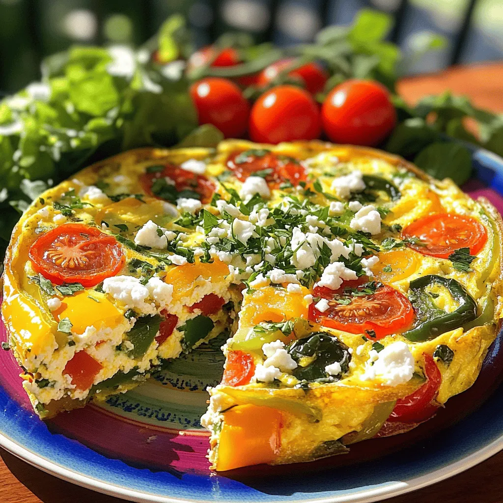 To make a Healthy Garden Veggie Frittata, you’ll need the following ingredients: - 6 large eggs - 1/4 cup milk (or almond milk for a dairy-free option) - 1 cup spinach, chopped - 1/2 cup bell peppers (mixed colors), diced - 1/2 cup cherry tomatoes, halved - 1/2 cup zucchini, grated - 1 small red onion, finely chopped - 1/2 cup feta cheese, crumbled - 2 tablespoons olive oil - Salt and pepper to taste - Fresh herbs (basil or parsley) for garnish Using fresh, garden-fresh vegetables is key for this recipe. They add vibrant colors and rich flavors. Fresh veggies also have more nutrients. You can get them from local farmers' markets or your garden. If you don’t have all the veggies, you can swap them out for what you have. For example, use kale instead of spinach or add mushrooms instead of zucchini. You can also replace the feta cheese with goat cheese or skip it for a lighter version. Feel free to get creative and make it your own! For the full recipe, check the details above. 1. Whisking eggs and milk Start by cracking six large eggs into a bowl. Add 1/4 cup of milk, or use almond milk for a dairy-free twist. Whisk them together until smooth. This step adds air to the eggs, making your frittata fluffy. Don’t forget to sprinkle in some salt and pepper for flavor. 2. Sautéing vegetables Heat 2 tablespoons of olive oil in a large, oven-safe skillet over medium heat. Add 1 small, finely chopped red onion. Cook for about 3 minutes until it softens. Next, toss in 1/2 cup of diced bell peppers and 1/2 cup of grated zucchini. Sauté these for another 3-4 minutes. Finally, add 1 cup of chopped spinach and stir until it wilts. This mix brings vibrant colors and great taste to your frittata. 3. Baking and finishing touches Once your veggies look great, pour the egg mixture evenly over them. Stir lightly to combine. Sprinkle 1/2 cup of crumbled feta cheese on top. Transfer the skillet to a preheated oven at 350°F (175°C). Bake for 20-25 minutes. The frittata is done when it sets and the top has a light golden hue. 4. Visual tips for each step As you whisk the eggs, look for a smooth and creamy texture. When sautéing, aim for bright colors in your veggies. The spinach should turn a deep green. For baking, keep an eye on the frittata. It should puff up and turn golden, signaling it’s ready. These steps help you create a beautiful and tasty Healthy Garden Veggie Frittata. You can find the full recipe in the article. Enjoy your cooking adventure! To make your frittata light and fluffy, start with the eggs. Beat the eggs well until they are frothy. This adds air, which helps them rise during cooking. Use a whisk for the best results. For even cooking, make sure your skillet is hot but not smoking. If it’s too hot, the bottom will burn before the top sets. Keep the heat at medium. To achieve that perfect golden top, bake the frittata in the oven. Bake it until the edges pull away from the skillet. You want a lightly golden top. If you have a broiler, you can use it briefly at the end for extra color. When serving your frittata, slice it into wedges. Place each slice on a colorful plate. This makes each serving pop visually. For garnish, add fresh herbs like basil or parsley. This not only adds color but also fresh flavor. You can also serve the frittata with a side of mixed greens. This adds crunch and a nice contrast to the soft frittata. For a fun twist, consider adding a few cherry tomatoes on the side. They add a burst of color and flavor. For the full recipe, check out the details above. {{image_2}} You can switch up the veggies in your frittata. I love using seasonal vegetables. Fresh asparagus, kale, or mushrooms work great. You can also try sweet corn or broccoli. Each adds a unique taste. Want some protein? You can add meat like ham or bacon. Tofu makes a nice, plant-based option too. Just chop it small and mix it in. It gives you more flavor and a fuller meal. If you need a dairy-free version, simply swap the milk for almond milk. You can skip the feta cheese, or use a dairy-free cheese. This keeps the frittata creamy without the dairy. For gluten-free needs, this recipe is already safe. All the ingredients are gluten-free. Just double-check any store-bought items you use. They may contain gluten, so always read labels. For more ideas, check out the Full Recipe for tips and tricks. Store leftover frittata in an airtight container. This keeps it fresh and tasty. You can refrigerate it for up to three days. When reheating, use a microwave or an oven. If using a microwave, heat on medium power for one to two minutes. For the oven, preheat to 350°F and bake for about 10 minutes. This helps maintain its texture and flavor. To freeze frittata, let it cool completely first. Cut it into portions and wrap each piece tightly in plastic wrap. Then, place the wrapped portions in a freezer-safe bag. This makes it easy to grab just what you need later. When you’re ready to enjoy, thaw it overnight in the fridge. Reheat in the oven at 350°F for about 15 minutes, or until hot. This method keeps your frittata delicious and fresh-tasting. How to know when the frittata is done? You can tell the frittata is done when it is set in the center. A knife inserted should come out clean. The top will look golden and firm. Can I make it ahead of time? Yes, you can make the frittata ahead of time. Just let it cool, then store it in the fridge for up to three days. Reheat slices in the microwave or oven. What’s the best way to serve a frittata? I love serving frittata warm or at room temperature. Cut it into wedges and place it on a colorful plate. Add a side of mixed greens for a fresh touch. Can I add more cheese or different types of cheese? Absolutely! You can add more cheese or swap it out. Try goat cheese, cheddar, or mozzarella for different flavors. Just remember to balance the amount so it doesn't overpower the veggies. What other herbs can I use for flavor? Feel free to use herbs like chives, dill, or oregano. Fresh herbs add a nice touch. You can mix and match them based on your taste or what you have on hand. This blog post shared how to create a Healthy Garden Veggie Frittata. We covered essential ingredients and the importance of fresh veggies. I explained simple steps for preparation and tips for a fluffy texture. You learned how to present and serve it nicely. We also explored variations and dietary adjustments. Finally, I shared smart storage tips for leftovers. Now, you have all the tools to make this tasty dish yourself. Enjoy your healthy frittata journey!