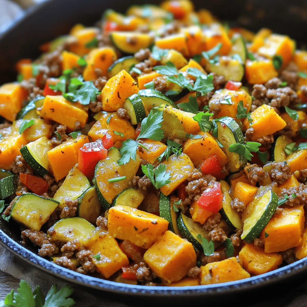 - 1 lb ground beef (lean) - 1 medium zucchini, diced - 1 medium sweet potato, diced - 1 small onion, finely chopped - 2 cloves garlic, minced - 1 red bell pepper, diced - 1 teaspoon smoked paprika - 1 teaspoon cumin - 1 tablespoon olive oil - Salt and pepper to taste - Fresh parsley or cilantro for garnish To make this Ground Beef Zucchini Sweet Potato Skillet, gather these simple ingredients. The ground beef gives a nice base. Zucchini and sweet potato add color and nutrition. Onion and garlic boost the flavor. The red bell pepper adds sweetness. Smoked paprika and cumin provide warmth. Olive oil helps in cooking and adds richness. Don't forget salt and pepper for taste. Finally, fresh herbs give a pop of freshness. - Additional vegetables (spinach, bell peppers, etc.) - Cheese (cheddar, feta, etc.) - Spices (chili powder, oregano, etc.) Feel free to customize your skillet with optional add-ins. Extra veggies like spinach can add more nutrients. Cheese can make it creamy and rich. Different spices can change the flavor profile and keep it interesting. This way, you can enjoy a new dish each time! For the full recipe, check out the recipe section above. - Wash and dice zucchini and sweet potato. - Chop onion and red bell pepper. - Mince garlic. Start by washing the zucchini and sweet potato under cold water. Cut them into small cubes. This helps them cook evenly. Next, chop the onion and red bell pepper. Mince two cloves of garlic. These will add great flavor to our dish. - Heat olive oil in a skillet. - Add diced sweet potato and cook. In a large skillet, heat one tablespoon of olive oil over medium heat. Once the oil is hot, add the sweet potato. Cook for about 5-7 minutes. Stir it occasionally. You want the sweet potato to soften but not fully cook just yet. - Sauté onion and garlic. - Brown ground beef in the skillet. After the sweet potatoes soften, add the chopped onion and minced garlic. Sauté for about 2-3 minutes. The onion should become translucent. Next, push the veggies to one side of the skillet. Add one pound of ground beef to the other side. Break it up with a spatula. Cook until it turns brown, which takes about 5-6 minutes. - Mix all ingredients in the skillet. - Add seasonings and stir well. Now it’s time to combine everything! Mix the ground beef with the sweet potatoes and veggies. Add the diced zucchini and red bell pepper. Sprinkle in one teaspoon of smoked paprika, one teaspoon of cumin, and salt and pepper to taste. Stir everything well to combine the flavors. - Continue cooking until veggies are tender. Keep cooking the skillet mixture for another 8-10 minutes. Stir occasionally. You want the zucchini to become tender and the sweet potatoes to be fully cooked. - Taste and adjust seasoning. - Garnish and serve hot. Before serving, taste the dish. Adjust the seasoning if needed. Remove the skillet from heat and garnish with fresh parsley or cilantro. Serve this warm and enjoy your delicious meal! For the full recipe, check out the link. - Cut your zucchini and sweet potato into even pieces for the best cook. - Choose lean ground beef to keep the dish lighter. - Fresh herbs like basil or parsley can boost flavor. - Try different spices, such as chili powder or oregano, to mix it up. - A cast-iron skillet holds heat well and helps with even cooking. - Stir the skillet occasionally to stop food from sticking. These simple tips can help you create a tasty Ground Beef Zucchini Sweet Potato Skillet. Follow the Full Recipe for step-by-step guidance! {{image_2}} You can make this dish lighter. Swap ground beef for turkey or a plant-based protein. Both options taste great and cut down on fat. You can also use butternut squash instead of sweet potato. It adds a sweet flavor and a nice texture. Want to spice things up? Add taco seasoning for a Mexican twist. It gives the dish a bold flavor. For an Asian twist, try soy sauce and ginger. These ingredients add a savory taste that pairs well with the veggies. To make this meal more filling, add grains like quinoa or rice. They boost fiber and nutrition. You can also toss in canned beans for extra protein. Beans make this dish heartier and ideal for a complete meal. To store leftovers, place the skillet mixture in an airtight container. Make sure it cools to room temperature first. This helps keep the food fresh. In the fridge, your Ground Beef Zucchini Sweet Potato Skillet will stay good for about 3 to 4 days. For freezing, let the dish cool completely. Then, divide it into portions and use freezer-safe bags or containers. Remove as much air as possible to prevent freezer burn. When you’re ready to eat, thaw it in the fridge overnight. Reheat in a skillet over low heat until warmed through. Portion the dish into containers for quick meals throughout the week. This makes lunch or dinner easy. For safe thawing, always use the fridge or microwave. Avoid thawing at room temperature to keep it safe to eat. Enjoy your yummy, prepped meals! This dish takes about 10 minutes to prep and 20 minutes to cook. In total, you will spend around 30 minutes from start to finish. Yes, you can make this recipe ahead of time. Cook the skillet and let it cool. Store it in an airtight container in the fridge for up to three days. You can also freeze it. Just make sure to thaw it overnight in the fridge before reheating. You can serve this skillet with a side salad or some crusty bread. It also pairs well with rice or quinoa for a heartier meal. Adding fresh herbs like parsley or cilantro as a garnish brightens the dish. Yes, this recipe is gluten-free. All the ingredients used do not contain gluten. If you use packaged items, check labels to ensure they are gluten-free. You can use frozen vegetables in this recipe. Just add them to the skillet after the sweet potatoes soften. Frozen veggies cook faster, so you may need to adjust the cooking time. In this blog post, I've shared how to make a tasty Ground Beef Zucchini Sweet Potato Skillet. You learned about the key ingredients, step-by-step cooking instructions, and useful tips. I also covered variations and storage options to help you enjoy this dish multiple times. Remember, cooking is fun, and you can make this recipe your own. Try different spices and veggies! Keep experimenting, and enjoy every bite.
