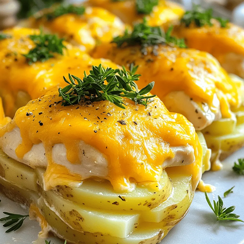 - 4 boneless, skinless chicken breasts - 4 medium potatoes, thinly sliced - 1 cup shredded cheddar cheese The main stars of this dish are chicken, potatoes, and cheese. Chicken breasts provide a lean protein. Potatoes add heartiness and comfort. Cheddar cheese brings a rich flavor that melts beautifully. - 1 teaspoon garlic powder - 1 teaspoon onion powder - 1 tablespoon fresh rosemary, chopped - 1 tablespoon fresh thyme, chopped Seasonings bring life to the bake. Garlic powder and onion powder add depth. The fresh rosemary and thyme offer bright, herbaceous notes. These herbs create a wonderful aroma that fills your kitchen. - 1 cup heavy cream - 2 tablespoons olive oil - Salt and pepper to taste Heavy cream makes the dish creamy and rich. Olive oil helps cook the potatoes evenly. Salt and pepper enhance all the flavors, making every bite delightful. For the Full Recipe, refer to the top of the article. Preheat Oven First, set your oven to 375°F (190°C). This heat is key for perfect cooking. Prepare the Potato Mixture In a big bowl, add the sliced potatoes. Pour in the olive oil, garlic powder, onion powder, rosemary, thyme, salt, and pepper. Mix well until the potatoes are evenly coated. This step adds great flavor to the dish. First Layer of Potatoes Grab a greased baking dish. Spread half of the seasoned potatoes across the bottom. This creates a nice base for the chicken. Adding Chicken and Cream Next, place the chicken breasts on top of the potatoes. Sprinkle them with salt and pepper for taste. Then, pour half of the heavy cream evenly over the chicken. This will keep the chicken juicy. Covering with Foil Now, cover the baking dish tightly with aluminum foil. This helps cook the chicken and potatoes evenly. Bake for 45 minutes, allowing the flavors to blend. Adding Cheese and Finishing After 45 minutes, take off the foil. Sprinkle the shredded cheddar cheese on top. Return it to the oven uncovered and bake for an extra 15-20 minutes. You want the cheese to bubble and turn golden brown. Once done, let it rest for 5 minutes. Garnish with fresh parsley before serving. For the full recipe, check out the detailed instructions. Ensuring Even Cooking To make sure everything cooks well, slice the potatoes thin. This helps them cook fast and evenly. When you layer the dish, spread the potatoes out flat. This means every piece gets heat. Adjusting Cooking Times If you use larger chicken breasts, they may need more time. Check the chicken for doneness after 45 minutes. If it is not cooked, cover it and bake for a few more minutes. Remember, you want a safe internal temperature of 165°F (75°C). Preparing in Advance You can prep this dish ahead of time. Mix the potatoes and seasonings the night before. Store them in the fridge. This saves time on a busy day. You can also layer the bake in the dish and cover it until you are ready to cook. Tips for Freezing Leftovers Leftovers freeze well. Be sure to cool the dish completely before freezing. Use an airtight container to keep it fresh. It lasts for up to three months. To reheat, thaw it in the fridge overnight for the best results. Garnishing with Fresh Parsley A sprinkle of fresh parsley adds color. It makes the dish look more inviting. Just chop a little and spread it over the top before serving. Serving Suggestions Serve the bake straight from the dish for a cozy vibe. Pair it with a side salad for a balanced meal. You can also add some crusty bread to soak up the creamy sauce. For the full recipe, check the earlier section. {{image_2}} - Different Cheeses: You can swap the cheddar cheese for mozzarella or gouda. Each cheese adds a unique flavor. For a sharper taste, try aged cheddar. Creamy cheese like fontina also works well. - Alternative Protein Options: Instead of chicken breasts, you can use thighs or turkey. These options add a different texture and taste. For a vegetarian version, try chickpeas or tofu. They soak up flavors nicely. - Adding Vegetables: Boost nutrition by adding broccoli or spinach. Chop them finely and layer them with the potatoes. They cook well in the oven and add color to your dish. - Spicy Kick with Jalapeños: For heat, slice fresh jalapeños and mix them in. The spice level can be adjusted based on your taste. This adds a fun twist to the classic bake. - Gluten-Free Modifications: To make this dish gluten-free, check your cream and cheese labels. Most are already gluten-free. You can also replace regular potatoes with sweet potatoes for added nutrients. - Lower-Calorie Alternatives: Use low-fat cream and cheese for a lighter version. You can also cut back on oil and use a cooking spray. This keeps the dish satisfying without too many calories. Explore these variations to make the Cheesy Herb Chicken Potato Bake your own. For the full recipe, refer to the recipe section. Refrigeration Guidelines After enjoying your cheesy herb chicken potato bake, let it cool first. Store leftovers in an airtight container. Place it in the fridge within two hours. Proper storage helps keep the flavors fresh. It should last for about three to four days. Freezing Instructions To freeze leftovers, cool them completely. Use a freezer-safe container or heavy-duty foil. This way, it stays safe from freezer burn. You can freeze it for up to three months. Make sure to label your container with the date. This helps you keep track of how long it's been stored. Best Methods for Heating For the best taste, reheat in the oven. Preheat to 350°F (175°C) and cover with foil. This keeps it moist while warming. You can also use a microwave. Place in a microwave-safe dish and heat in short intervals. Stir in between to heat evenly. Avoiding Dryness To avoid dryness, add a splash of cream or broth when reheating. Covering the dish also helps trap moisture. If using a microwave, heat it on low power. This way, the food warms gently without losing its juicy texture. Can I use frozen chicken? Yes, you can use frozen chicken. Just ensure to thaw it before cooking. This helps the chicken cook evenly. Frozen chicken can add moisture, but it may change the bake time. How long does this dish last in the fridge? Chicken potato bake lasts about 3 to 4 days in the fridge. Store it in an airtight container. Reheat it well before serving for the best taste. Can I substitute heavy cream? Yes, you can use milk or a dairy-free cream. However, the dish may be less rich. If using milk, add a bit of flour to thicken it. What to serve with Chicken Potato Bake? I recommend a fresh salad or steamed veggies. A light side enhances the meal without being too heavy. You can also serve with crusty bread for a hearty option. Is this recipe adjustable for more servings? Absolutely! You can double or triple the ingredients. Just use a larger baking dish and adjust the bake time as needed. Make sure to check the chicken for doneness. How do I know when the chicken is fully cooked? The chicken is done when it reaches 165°F (75°C) inside. Use a meat thermometer for accuracy. The juices should run clear, not pink. This ensures a safe and tasty meal. This chicken potato bake combines key ingredients for a tasty meal. You learned about the essentials like chicken, potatoes, and cheese. The right seasonings make a big difference. Layering and baking tips ensure a perfect finish. You can alter ingredients and store leftovers easily. Experiment with flavors and enjoy your cooking journey. This dish is perfect for any occasion. Keep these tips in mind for a satisfying experience. Happy baking!