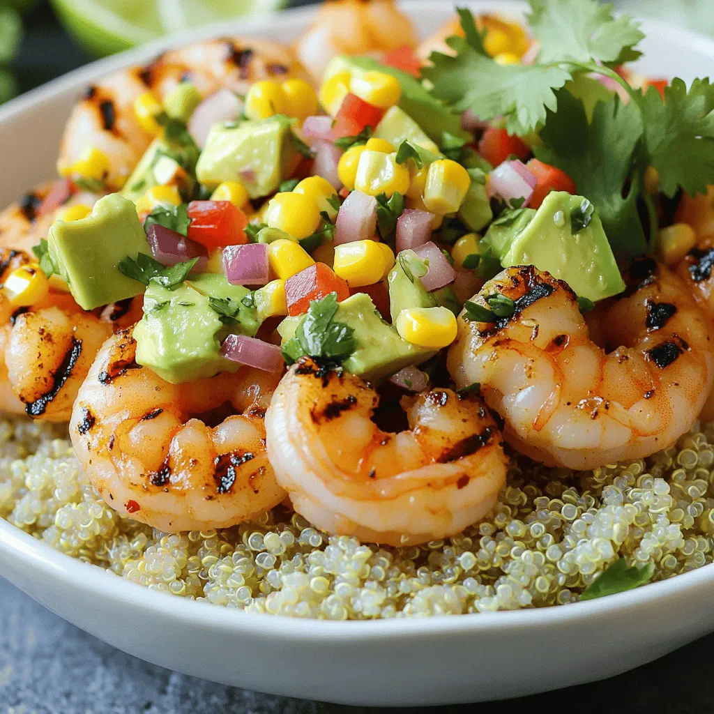For the grilled shrimp bowl, you will need: - 1 lb large shrimp, peeled and deveined - 2 tablespoons olive oil - 1 teaspoon smoked paprika - 1 teaspoon garlic powder - Salt and pepper to taste - 1 cup cooked quinoa (or brown rice) These ingredients are key. They create a rich and tasty flavor for the shrimp. The olive oil helps the spices stick, while the smoked paprika adds a nice depth. For the avocado corn salsa, gather these: - 1 avocado, diced - 1 cup corn kernels (fresh, canned, or frozen) - 1 small red onion, finely chopped - 1 red bell pepper, chopped - 1 lime, juiced - 1/4 cup fresh cilantro, chopped This salsa brings freshness to the bowl. The creamy avocado pairs well with the sweet corn. The lime juice adds a zesty kick that brightens the whole dish. If you're looking for alternatives, consider these options: - Swap shrimp for chicken or tofu for a different protein. - Use brown rice instead of quinoa for a heartier base. - Try different herbs like parsley instead of cilantro for a new flavor. Using these alternatives can change the dish while keeping it delicious. You can make this meal fit your taste and dietary needs. For the full recipe, check out the earlier section. Start by getting a mixing bowl. Add the shrimp, olive oil, smoked paprika, garlic powder, salt, and pepper. Make sure all the shrimp are coated well. This will bring out great flavors. Let the shrimp sit for 15 to 20 minutes. This time helps the shrimp soak up the spices. Grab another bowl for the salsa. Mix the diced avocado, corn, red onion, red bell pepper, lime juice, and cilantro. Stir it gently to combine. Season with salt and pepper to taste. Let it sit for a bit. This allows the flavors to mix and become tasty. Now, heat up your grill or grill pan over medium-high heat. Make sure it’s hot before adding the shrimp. Place the marinated shrimp in a single layer on the grill. Grill for about 2 to 3 minutes on each side. You want the shrimp to turn pink and get some nice grill marks. Don’t overcook them. They should be juicy and soft. Take a serving bowl and add a base of cooked quinoa or brown rice. This gives a nice texture. Next, place the grilled shrimp on top. Finally, add generous spoonfuls of your avocado corn salsa. This makes the dish colorful and fresh. You can drizzle more lime juice on top if you like. It adds a bright flavor that enhances the dish. For the full recipe, check out the recipe section! To make the best grilled shrimp, start with fresh shrimp. Look for shrimp with a firm texture and a slight ocean smell. When you marinate, use olive oil, smoked paprika, and garlic powder. This mix not only adds flavor but also helps keep the shrimp moist. Grill them on medium-high heat for 2-3 minutes per side. When they turn pink and slightly charred, they are ready. Avoid cooking too long; overcooked shrimp can be rubbery. For a zesty avocado corn salsa, you want balance. Fresh lime juice adds a bright kick. Pair this with diced avocado, sweet corn, and crunchy red onion. Adding red bell pepper gives more color and sweetness. Don’t forget to season with salt and pepper to taste. Let the salsa sit for a few minutes. This helps the flavors blend. Consider adding a pinch of cumin or chili powder for extra depth. Presentation matters, especially for this dish. Start with a base of quinoa or brown rice in a bowl. This makes a nice canvas for the colorful shrimp and salsa. Arrange the shrimp on top in a fan shape for a lovely look. Spoon the salsa generously over the shrimp. Add a lime wedge on the side for a pop of color. Fresh cilantro sprinkled on top adds a vibrant finish. A well-presented meal makes it even more enjoyable! For the full recipe, check out the details above. {{image_2}} If you want to switch up the shrimp, you have great options. You can use scallops or chicken. Both can soak up the same marinade. They will grill nicely too. Be sure to adjust the cook time. Scallops need about 2-3 minutes on each side. Chicken takes longer, about 5-7 minutes per side, depending on thickness. For a vegan twist, replace shrimp with grilled tofu or tempeh. Both soak up flavors well. Cut them into cubes and marinate just like the shrimp. You can also use mushrooms for a meaty texture. Portobello or shiitake mushrooms work best. Grill them until they are tender and charred. The base of your bowl can change too. While quinoa is great, brown rice is another tasty option. You could also use farro or barley for a nutty flavor. Cauliflower rice is an excellent low-carb choice. Each of these grains adds its unique taste and texture to the bowl. Choose what you enjoy most and feel free to mix it up! To store leftovers, place the shrimp and salsa in separate airtight containers. This keeps the flavors fresh and the shrimp juicy. Make sure to cool them down to room temperature before sealing. In the fridge, they last for about three days. To reheat the shrimp, use a skillet over medium heat. Add a splash of olive oil to keep them moist. Heat for about 2-3 minutes until warm. Avoid the microwave, as it can make shrimp rubbery. You can serve the salsa cold right from the fridge. For longer storage, freeze the shrimp and salsa separately. Place them in freezer-safe bags, removing as much air as possible. They can last up to three months in the freezer. To use, thaw the shrimp in the fridge overnight before reheating. The salsa can be enjoyed cold after thawing. For the full recipe, check the details above. The best way to cook shrimp is on a hot grill. Grilling gives shrimp a nice char and locks in flavor. After marinating, place the shrimp on the grill. Cook for about 2-3 minutes on each side. Look for a pink color and firm texture. Avoid overcooking; this helps keep them juicy and tender. You can also sauté or boil shrimp, but grilling adds a unique taste. Yes, you can make the salsa in advance. Prepare it a few hours before you eat. Just mix the ingredients and store it in the fridge. The flavors will blend well and taste even better. If you make it too early, the avocado may brown. To prevent this, squeeze some lime juice on the avocado before storing. This helps keep the color bright and fresh. You can serve many things with a grilled shrimp bowl. Try a side salad for a fresh crunch. You can also add tortilla chips for some texture. If you want more carbs, serve with rice or quinoa. A light dressing or sauce can enhance the dish too. Feel free to experiment with side options to find what you love most. For the full recipe, check the earlier section. We explored the key ingredients for your grilled shrimp bowl, from marinating shrimp to making avocado corn salsa. You learned tips for grilling, serving, and creating variations with different proteins and grains. Storing leftovers and reheating properly keeps your meals fresh. Remember, great cooking is about fun and creativity. Don’t hesitate to try new flavors. Enjoy each bite and share your delicious results!