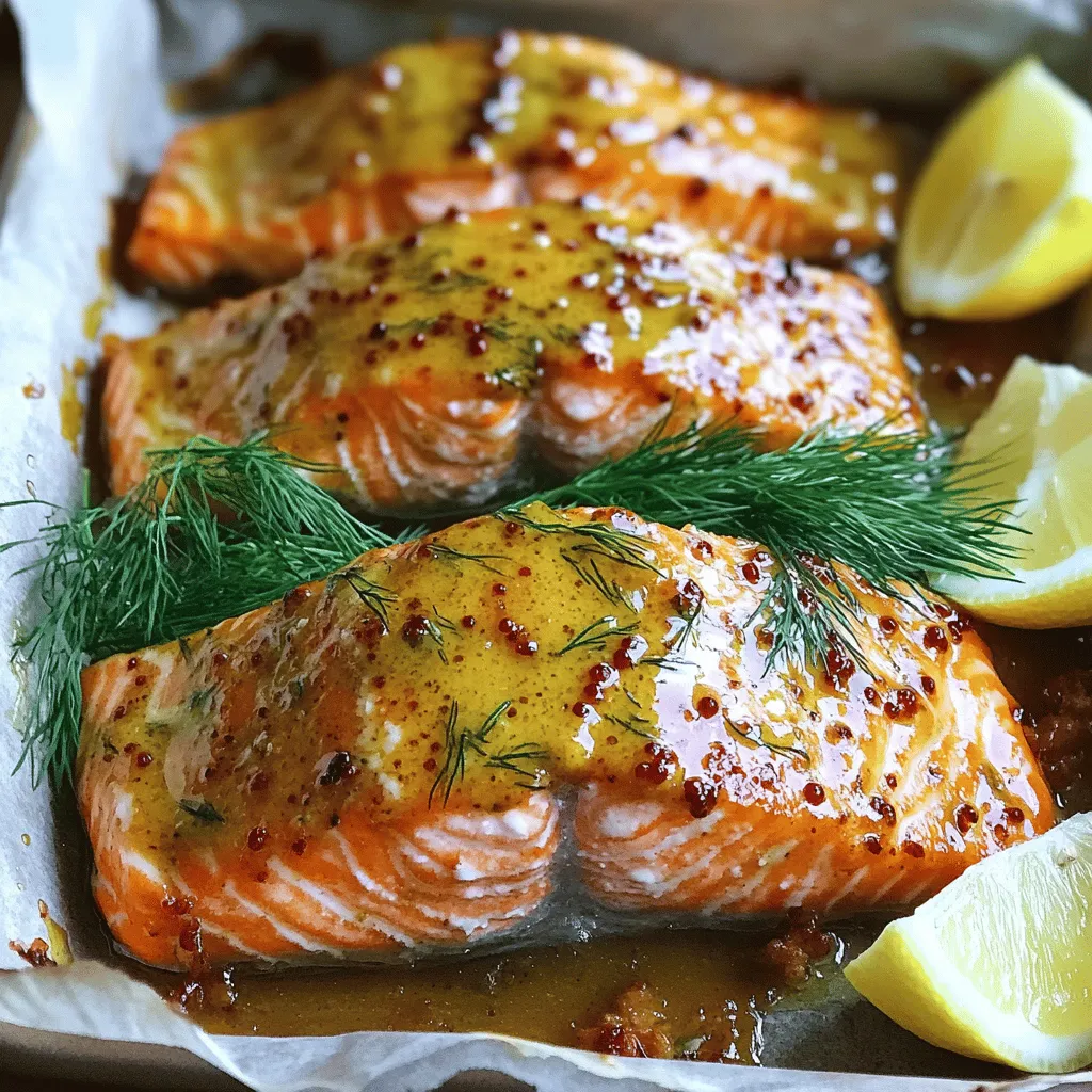 - 4 salmon fillets (about 6 ounces each) - 1/4 cup Dijon mustard - 1/4 cup honey - 2 tablespoons olive oil - 2 garlic cloves, minced - 1 tablespoon fresh lemon juice - Salt and black pepper to taste - 1 tablespoon fresh dill or parsley, chopped (for garnish) - Lemon wedges (for serving) In this Baked Honey Mustard Salmon recipe, I use simple yet bold flavors. Salmon fillets are the star here. Their rich taste pairs well with the tangy Dijon mustard and sweet honey. I like to add olive oil for moisture. Minced garlic gives a nice kick. Fresh lemon juice adds brightness to the dish. To finish, salt and black pepper enhance the flavors. Fresh dill or parsley makes the dish look great. Lemon wedges on the side add a zesty touch. For the full recipe, make sure to check out the details! 1. Preheat your oven to 375°F (190°C). This step ensures that the salmon cooks evenly. 2. Line a baking dish with parchment paper. This makes cleanup easy and keeps the fish from sticking. 1. In a medium bowl, combine 1/4 cup of Dijon mustard and 1/4 cup of honey. 2. Add 2 tablespoons of olive oil, 2 minced garlic cloves, and 1 tablespoon of fresh lemon juice. 3. Whisk all the ingredients together until they are well mixed. This sauce adds great flavor to the salmon. 1. Season the 4 salmon fillets with salt and black pepper on both sides. This helps enhance the fish's natural taste. 2. Place the salmon skin-side down in your prepared baking dish. 3. Brush the honey mustard sauce generously over each fillet. Make sure to coat it evenly for the best flavor. 4. Bake the salmon in the preheated oven for about 15-20 minutes. 5. Check for doneness by using a fork. The salmon should flake easily when cooked. 6. Once baked, take it out and let it sit for a couple of minutes. Garnish with fresh dill or parsley. 7. Serve with lemon wedges for a zesty kick that brightens the dish. For the full recipe, check out the rest of this article! To ensure your salmon is flaky, follow these steps: - Choose fresh salmon fillets. They should be bright in color and smell fresh. - Avoid overcooking. Salmon should be cooked until it flakes easily with a fork. To check for doneness, look for these signs: - The flesh should turn opaque and lose its raw look. - Use a fork to gently poke the thickest part of the fillet. If it flakes, it’s done! For great accompaniments, consider these ideas: - Serve with roasted veggies or a fresh green salad. - Quinoa or rice pairs well with salmon, adding a nice texture. For presentation tips, try this: - Plate the salmon on a bed of greens for a lovely color contrast. - Add lemon wedges around the salmon for a pop of freshness. Adjust your oven temperature as needed: - If you like a crispy top, broil for the last few minutes. - If your oven runs hot, lower the temp to 350°F (175°C) to avoid burning. For alternative cooking methods, try these: - Grill the salmon for a smoky flavor. Just brush the grill with oil first. - Pan-sear the fillets for a nice crust. Start skin-side down in a hot pan. Using these tips will elevate your baked honey mustard salmon to a new level of deliciousness. For the full recipe, refer back to the earlier section. Enjoy your cooking adventure! {{image_2}} You can switch up some ingredients in this baked honey mustard salmon recipe. If you want a different sweetener, try maple syrup or agave nectar. Both will give a nice sweetness. If you prefer herbs, swap dill or parsley for thyme or basil. Each herb brings its own twist to the dish. For gluten-free options, check your mustard. Most Dijon mustards are gluten-free, but always read labels. For a low-carb meal, skip the honey and use a sugar-free sweetener. This keeps the flavor while cutting carbs, so you can enjoy the dish without worry. Want to add some heat? Mix in a pinch of cayenne pepper or some red pepper flakes. This will spice things up nicely. If you like well-known flavors, pair the salmon with garlic and lemon. You can also add some soy sauce for a sweet and salty blend. All these options enhance the honey mustard sauce and make it even more delicious. For the full details on making this dish, check the Full Recipe. To store leftovers, let the salmon cool first. Place it in an airtight container. It keeps well in the fridge for up to three days. When you're ready to eat it, check for any signs of spoilage. If it smells off or looks strange, toss it out. You can freeze baked salmon to enjoy later. Wrap each fillet tightly in plastic wrap. Then, place them in a freezer bag or container. Make sure to remove as much air as possible. The salmon will stay good for about two months. Label the bag with the date so you know when you froze it. When reheating, you want to keep the salmon moist and tasty. The best method is to use the oven. Preheat it to 275°F (135°C). Place the salmon on a baking sheet and cover it with foil. Heat for about 15 minutes or until warm. You can also use a microwave, but it may dry out the fish. If you use the microwave, cover the salmon and heat it in short bursts. Enjoy your meal just as you did the first time! Yes, you can use other fish. Some great options include trout, tilapia, or cod. These fish have mild flavors that pair well with honey mustard. Just keep an eye on the cooking time. Thinner fillets will cook faster, while thicker ones may take longer. You can tell salmon is done when it flakes easily with a fork. The color should change from bright pink to a lighter shade. If you have a meat thermometer, the thickest part should reach 145°F (63°C). Remember, salmon continues to cook a bit after you take it out of the oven. Absolutely! You can make the honey mustard sauce ahead of time. Mix the Dijon mustard, honey, olive oil, garlic, and lemon juice. Store it in an airtight container in the fridge. Just give it a little stir before using it on your salmon. This makes meal prep easier and saves time during cooking. For the complete recipe, check out the Full Recipe. You now have a complete guide for baking delicious salmon with honey mustard sauce. We've covered key ingredients, preparation steps, and tips to perfect your dish. Remember, choosing the right fish and seasonings makes all the difference. Experiment with flavors and variations to suit your taste. Proper storage and reheating will keep leftovers fresh. Enjoy your cooking journey, and impress your friends and family with this simple yet tasty meal!