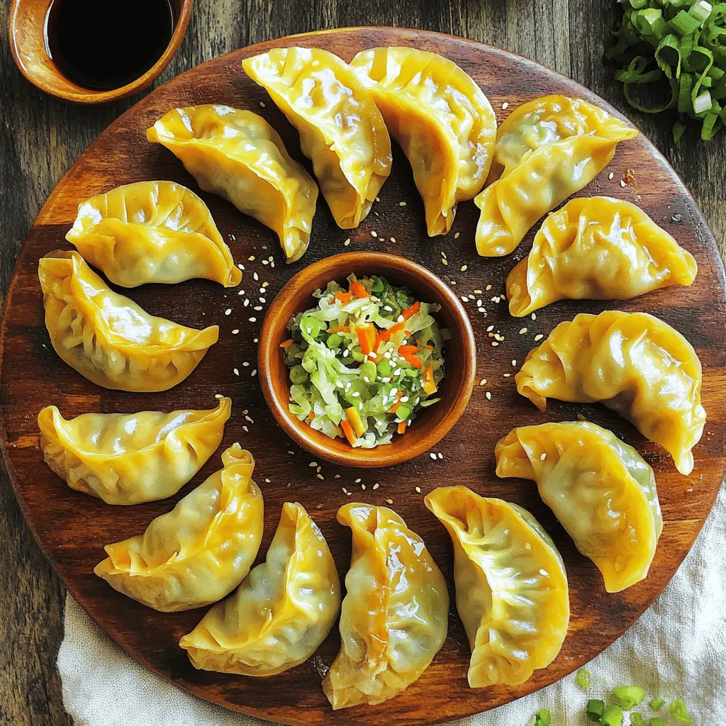 - 1 lb ground chicken - 1 cup finely chopped cabbage - 1/4 cup grated carrots - 3 green onions, finely chopped - 2 cloves garlic, minced - 1-inch piece of ginger, grated - 2 tablespoons soy sauce (low-sodium) - 1 tablespoon sesame oil - Salt and pepper to taste - 30 round dumpling wrappers - 1/4 cup flour (for dusting) - 1/4 cup water (for steaming) - Cooking oil (for frying) The main ingredients in this recipe give your dumplings a great taste. Ground chicken is the star, adding a juicy flavor. Cabbage and carrots bring crunch and nutrition. Green onions, garlic, and ginger add depth that makes each bite exciting. For the additional ingredients, dumpling wrappers hold it all together. Dusting flour helps prevent sticking. Water is essential for steaming, while cooking oil ensures a golden crisp. Salt and pepper finish off the flavor balance perfectly. You will find that these ingredients are simple to get. They create an easy yet delightful dish. If you want to dive deeper, check out the Full Recipe to explore cooking tips and tricks. To make the filling, start with ground chicken. In a large bowl, add 1 pound of ground chicken. Next, finely chop 1 cup of cabbage and add it to the bowl. Then, grate 1/4 cup of carrots and toss them in. For flavor, include 3 chopped green onions, 2 minced garlic cloves, and a 1-inch piece of grated ginger. Add 2 tablespoons of low-sodium soy sauce and 1 tablespoon of sesame oil. Now, season with salt and pepper to taste. Mix everything well using your hands or a spoon. This will help the flavors blend nicely. Aim for a filling that is sticky but not too wet. Next, let's wrap the dumplings. Dust a clean surface with a little flour to prevent sticking. Take a dumpling wrapper and place it on the floured surface. Spoon about 1 tablespoon of the filling into the center of the wrapper. Moisten the edges with a tiny bit of water. This helps the wrapper seal. Fold the wrapper over to create a half-moon shape. Press the edges firmly to seal the dumpling. Make sure there are no gaps, or the filling may leak. Repeat this with the rest of the wrappers and filling. Now, it's time to cook the dumplings. Heat a large skillet over medium-high heat and add 1 tablespoon of cooking oil. Once the oil is hot, add a few dumplings without overcrowding them. Fry them for about 2-3 minutes until the bottoms turn golden brown. Next, carefully add 1/4 cup of water to the skillet. Cover the pan right away to trap the steam. Let the dumplings steam for about 5-6 minutes, or until the water evaporates. Remove the cover and let the dumplings cook for another 1-2 minutes. This will crisp them up again. Transfer the dumplings to a plate and repeat with the rest. Enjoy your golden crisp chicken dumplings! For details on ingredients and more, check the Full Recipe. To get the best dumplings, you want a crispy outside and a tender inside. Start by frying the dumplings in hot oil. This helps them get that nice golden crust. After frying, add a bit of water to steam them. This makes the filling juicy and soft. The oil should be hot, but not smoking. If the oil is too cool, the dumplings will soak up too much oil. If it's too hot, they might burn. A good test is to drop a small piece of dough into the oil. If it sizzles right away, you're ready to fry. Dumplings taste great with dipping sauces. Soy sauce is a classic choice. You can also mix in some chili oil for a kick. Try adding chopped green onions to the soy sauce for extra flavor. For side dishes, consider serving your dumplings with a fresh salad. A simple cucumber salad or pickled vegetables can add a nice crunch. You can also serve some steamed rice or stir-fried veggies to make a complete meal. Enjoy your dumplings with these tasty sides! {{image_2}} You can easily switch up the filling for your dumplings. If you want a different meat, try ground pork. It adds a nice richness. For a vegetarian option, use tofu. Crumble it and mix it with your veggies. You can even try a mix of mushrooms for a meaty texture. You can also play with the vegetables. Instead of cabbage, try spinach or bok choy. You can add finely chopped mushrooms or bell peppers for more flavor. Each vegetable brings its own taste and texture. To give your dumplings a kick, add some spices. Chili flakes can heat things up. For a warm, aromatic profile, sprinkle in five-spice powder. This spice mix adds depth and complexity to the dish. Fresh herbs can brighten your dumplings. Adding cilantro or basil can uplift the flavors. Just chop them finely and mix them into your filling. These herbs enhance the fresh taste of your dumplings. For the full recipe, don’t forget to check the section above! To keep your uncooked dumplings fresh, freezing is your best bet. First, arrange them on a baking sheet in a single layer. Make sure they don't touch each other. This prevents them from sticking. Once frozen, transfer the dumplings to a zip-top bag. They can last in the freezer for up to three months. This makes meal prep easy and fun! After cooking, let the dumplings cool down on a plate. This helps keep their shape. Once cool, place them in an airtight container. Store them in the fridge for up to three days. When you want to eat them again, reheat in a pan. Add a splash of water to keep them moist. Cover the pan to steam them for a few minutes. This helps maintain their texture. Enjoy your delicious dumplings! You can tell when dumplings are done by checking a few signs. First, look for a golden brown color on the bottom. This means they are crispy. Second, steam should escape when you remove the cover. Finally, the filling should be hot. When you cut one open, the chicken should no longer be pink. Yes, you can make the filling ahead of time. Mix the ground chicken and veggies as directed in the recipe. Then, store the filling in an airtight container in the fridge. It will stay fresh for up to two days. If you want to keep it longer, freeze it. Make sure to use it within three months for the best taste. The best dipping sauce can depend on your taste. A simple soy sauce mixed with chopped scallions is classic. You can also try a spicy chili oil for a kick. For something creamy, mix soy sauce with a bit of sesame oil and a dash of rice vinegar. If you want to be adventurous, make a homemade sauce with soy sauce, minced garlic, and a splash of lime juice. In this post, we explored how to make delicious chicken dumplings. We covered the main and additional ingredients needed, plus detailed steps for preparation, wrapping, and cooking. I shared tips for perfecting texture and offered serving ideas. You can also try variations and learn about storage options. Making dumplings is fun and rewarding. With practice, you'll impress everyone with your skills. Enjoy creating your own tasty dumplings at home!
