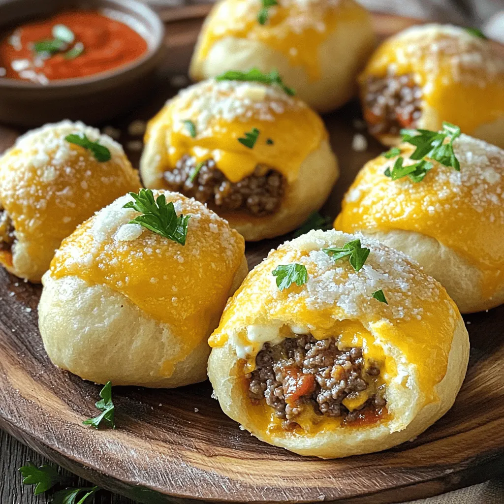 - 1 lb ground beef - 1 cup shredded cheddar cheese - 1 cup shredded mozzarella cheese - 1/2 cup grated Parmesan cheese - 1 package refrigerated pizza dough - 1 teaspoon garlic powder - 1 teaspoon onion powder - 1/2 teaspoon salt - 1/4 teaspoon black pepper - 2 tablespoons fresh parsley, chopped - 1 tablespoon of minced garlic - Spicy ketchup or marinara sauce for dipping The main ingredients in Garlic Parmesan Cheeseburger Bombs create a rich and tasty treat. I like using 80/20 ground beef for a juicy burger. The mix of cheddar, mozzarella, and Parmesan cheese melts perfectly. The pizza dough gives it a soft, warm shell. Each bite bursts with flavor. For seasoning, I keep it simple but effective. Garlic powder adds depth. Onion powder enhances the taste. Salt and pepper bring out all the flavors. Fresh parsley adds a nice touch of color and freshness when you serve. You can add minced garlic for extra flavor. If you like a kick, spicy ketchup or marinara sauce makes great dips. These simple choices make your snack even more fun. For the full recipe, check out the link to see how to make these delicious bombs! - Preheat the oven and prepare baking sheet: Start by setting your oven to 375°F (190°C). Line a baking sheet with parchment paper to prevent sticking. This easy step makes clean-up a breeze. - Combine filling ingredients: In a large bowl, mix 1 lb ground beef, 1 cup shredded cheddar, 1 cup shredded mozzarella, and 1/2 cup grated Parmesan. Add 1 teaspoon garlic powder, 1 teaspoon onion powder, 1/2 teaspoon salt, and 1/4 teaspoon black pepper. If you want more flavor, toss in 1 tablespoon minced garlic. Mix well until everything is combined. - Roll out the pizza dough: Lightly flour your surface and unfold the refrigerated pizza dough. Roll it out slightly to make it thinner. This helps create a nice crust that cooks well. - Cut into squares and stuff the bomb: Cut the dough into 3-4 inch squares. Take a square and place about 2 tablespoons of the burger filling in the center. Fold the dough over the filling and pinch the seams to seal it. Make sure the meat is fully enclosed for the best bite. - Arrange on baking sheet and brush with olive oil: Place the stuffed dough balls seam side down on the prepared baking sheet. Brush the tops lightly with 1 tablespoon olive oil for a golden color when baked. - Bake until golden brown and cooked through: Bake in your preheated oven for 15-20 minutes. Look for a golden brown color, and make sure the filling reaches at least 160°F (71°C) inside. This ensures your bombs are not only tasty but safe to eat. These steps will lead you to delicious Garlic Parmesan Cheeseburger Bombs that are sure to impress! For the complete recipe, check out the Full Recipe. - Cook the meat until it reaches 160°F. This ensures it's safe to eat. - Every oven is different. Watch the bombs closely for a perfect bake. - Use cold pizza dough. It makes handling the dough much easier. - Let the filling cool before stuffing it into the dough. This keeps the dough from getting soggy. - Serve with tasty dipping sauces like marinara or spicy ketchup. - Garnish with fresh parsley and extra Parmesan for a beautiful look. {{image_2}} You can easily swap ground beef for ground turkey or chicken. This change makes the bombs lighter but still tasty. For cheese, try different blends like pepper jack or gouda. Each cheese adds a unique flavor twist that can surprise your taste buds. Want more kick? Add diced onions or jalapeños to your filling. This extra step brings a spicy and fresh taste. You can also sprinkle in Italian seasoning. This spice mix adds depth and a nice herbal note to your bombs. For a gluten-free version, use gluten-free pizza dough. This lets everyone enjoy the treat without worry. If you have vegetarians around, use meat substitutes like lentils or plant-based ground meat. Both options work well and keep the flavor strong. For the full recipe, check out the detailed instructions above. To store leftover Garlic Parmesan Cheeseburger Bombs, let them cool first. Place them in an airtight container. You can also use plastic wrap, if preferred. This method keeps them fresh for up to three days. Try to eat them within this time for the best taste. If you want to freeze pre-baked bombs, allow them to cool fully. Place them in a freezer bag, removing as much air as possible. You can freeze them for up to three months. For thawing, take them out and place them in the fridge overnight. To re-bake, preheat your oven to 375°F (190°C). Bake for about 10-15 minutes until warm and crispy. To keep your Garlic Parmesan Cheeseburger Bombs fresh, store them properly. Always check for signs of spoilage. If they smell off or look discolored, it’s time to toss them. Trust your senses; it's the best guide. Garlic Parmesan Cheeseburger Bombs can last up to three days in the fridge. Store them in an airtight container to keep them fresh. If you want to keep them longer, freeze the bombs. They can last up to three months in the freezer. Be sure to wrap them tightly in plastic wrap or foil. This helps prevent freezer burn. Yes! You can make the bombs ahead of time. Prepare the filling and stuff the bombs. Then, place them on a baking sheet and cover them tightly. Store them in the fridge for up to 24 hours before baking. This makes them great for gatherings. Just pop them in the oven when you’re ready to serve. You can serve these bombs with many tasty sides. Here are a few ideas: - Marinara sauce - Spicy ketchup - Fresh veggies with dip - Potato wedges - Salad These sides add fun flavors and textures. They also make your meal more complete. These Garlic Parmesan Cheeseburger Bombs are a fun and simple treat. We covered ingredients, cooking steps, and storage tips. Enjoying your creation is just the beginning. Remember, you can swap ingredients or add flavors for your taste. Store leftovers well for future snacks. These bombs will surely satisfy your cravings. Dive into your next cooking adventure with confidence!