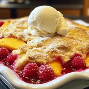 - 2 cups fresh raspberries - 2 cups fresh peaches, peeled and sliced - 1 cup granulated sugar, divided - 1 teaspoon ground cinnamon - 1 cup all-purpose flour - ½ teaspoon salt - 1 teaspoon baking powder - 1 tablespoon lemon juice - 1 teaspoon vanilla extract - 1 cup milk - ½ cup unsalted butter, melted When I make raspberry peach cobbler, the fresh fruit shines. I choose ripe raspberries and juicy peaches. These fruits are sweet and full of flavor. You can find them at local markets or stores. Fresh fruit makes the dish vibrant and tasty. For the dry ingredients, I use granulated sugar for sweetness. Ground cinnamon adds warmth and spice. All-purpose flour forms the base, giving structure to the cobbler. Baking powder helps it rise, while salt balances the sweetness. In the wet ingredients, I add lemon juice for brightness. Vanilla extract gives a lovely aroma. Milk makes the batter creamy. Finally, melted unsalted butter adds richness. Together, these ingredients create a delicious blend. I recommend using the [Full Recipe] for exact amounts and details. This cobbler is easy to make and a joy to serve! - Preheat your oven to 375°F (190°C). - Grease a 9x13-inch baking dish with cooking spray or butter. - Toss the fresh raspberries and sliced peaches in a large bowl. - Add ½ cup of granulated sugar, lemon juice, vanilla extract, and ground cinnamon. Mix well. - Spread the fruit mixture evenly in the bottom of your prepared baking dish. - In another bowl, mix the flour, baking powder, the remaining ½ cup of granulated sugar, and salt. - Pour in the milk and melted butter. Stir gently until just combined. - The batter will be lumpy, and that is okay. - Pour the batter over the fruit mixture in the baking dish. - Make sure it covers the fruit as evenly as possible. Some fruit may peek through. - Bake in the preheated oven for 35-40 minutes. The top should be golden brown. - Check doneness by inserting a toothpick into the cobbler; it should come out clean. Enjoy this delicious dessert! For the full recipe, check out the [Full Recipe]. To select ripe peaches, look for ones that give slightly when you squeeze them. They should smell sweet and have a warm, golden color. You want peaches that are juicy and flavorful. A good peach will make your cobbler shine. For a golden crust, keep an eye on your oven. Bake at 375°F (190°C) until the top turns golden brown. This usually takes about 35-40 minutes. You can brush the top with melted butter for extra color and flavor. When serving your cobbler, whipped cream or vanilla ice cream is a great choice. Both add a creamy touch that balances the fruit's tartness. You can also serve it warm for a cozy dessert experience. For drinks, consider pairing with sweet tea or a light white wine. These options enhance the fresh flavors of the cobbler. One common mistake is overmixing the batter. This can make your cobbler tough. Mix just until the dry ingredients are wet, and lumps are fine. Another mistake is not letting it cool before serving. Allow the cobbler to cool for about 10 minutes. This helps it set and makes it easier to serve. Enjoy your delicious creation! For the full recipe, check out the Raspberry Peach Cobbler Delight section above. {{image_2}} You can make this cobbler even more fun by adding other fruits. Blueberries and blackberries mix well with raspberries and peaches. They add a nice pop of flavor and color. You can also use frozen fruit instead of fresh. Just be sure to thaw and drain it first. This keeps your cobbler from getting too watery. If you need a gluten-free option, swap out regular flour for gluten-free flour. Many brands offer one-to-one substitutes, making it easy. You can also use almond flour or oat flour for a unique twist. Just remember to check labels to ensure they are gluten-free. Want to boost the flavor? Add spices like nutmeg or ginger. These spices bring warmth and depth to the dish. You can also use flavored extracts, like almond or coconut. Just a few drops can transform your cobbler into something special. For the full recipe, be sure to check the main section. To store your raspberry peach cobbler, let it cool completely. Place it in an airtight container. This keeps it fresh and tasty. You can also cover it with plastic wrap. In the fridge, it lasts about three to four days. If you want to keep it longer, freezing is a great option. For freezing, cut the cobbler into portions. Wrap each piece in plastic wrap tightly. Then place the wrapped pieces in a freezer bag. This helps prevent freezer burn. Your cobbler can stay frozen for up to three months. When you're ready to eat it, thaw the cobbler overnight in the fridge. To reheat, place it in an oven set to 350°F (175°C). Heat for about 20 minutes, or until warm. This keeps the crust nice and crisp. Enjoy your cobbler just like it was fresh! Raspberry peach cobbler is a warm dessert made with fresh fruit and a soft topping. It has roots in the Southern United States, where people often used local fruits. The dish combines sweet raspberries and juicy peaches, creating a perfect mix of flavors. The topping is like a cake that bakes over the fruit. This dessert is easy to make and delicious for any occasion. Yes, you can make cobbler ahead of time. Prepare the fruit mixture and batter separately. Store each in the fridge for up to two days. When ready to bake, combine them in the dish and bake as directed. This helps the flavors meld together. You can also bake it in advance and reheat it later. Just warm it gently in the oven before serving. Check for a golden brown top on the cobbler. Insert a toothpick into the center. If it comes out clean, the cobbler is ready. The fruit should be bubbling around the edges. If the top looks too dark, cover it with foil and bake a little longer. Enjoy your delicious dessert when it’s perfectly baked! Raspberry peach cobbler combines fresh fruit, simple ingredients, and easy steps. We learned how to prep the oven, mix fruits, and create a sweet batter. Tips can help you choose ripe peaches and avoid common mistakes. Whether you stick to the original recipe or explore variations, this dessert stays fun. Enjoy your cobbler warm, topped with ice cream or whipped cream. It’s simple yet satisfying. Make this delightful treat to share with friends or family and savor every bite!