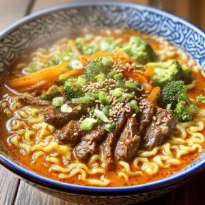 - 2 packs of instant ramen noodles - 250g beef sirloin, thinly sliced - 1 tablespoon gochujang (Korean chili paste) The main ingredients are simple but crucial. Instant ramen noodles form the base of the dish. They cook quickly and soak up flavors well. Beef sirloin adds protein and richness. It’s tender when cooked right. Gochujang gives a spicy kick. Its unique flavor makes every bite exciting. - 1 cup broccoli florets - 1 carrot, julienned - 2 green onions, chopped - 2 garlic cloves, minced Fresh vegetables are vital for color and nutrients. Broccoli florets bring crunch and a slight bitterness. Carrots add sweetness and brighten the dish. Green onions give a fresh, mild onion taste. Garlic enhances the overall flavor with its robust aroma. Together, they balance the richness of the beef and creamy sauce. - ½ cup heavy cream - 1 tablespoon sesame oil - 2 tablespoons vegetable oil - Salt and pepper to taste The creamy sauce is where magic happens. Heavy cream makes it rich and smooth. Sesame oil adds a nutty flavor that complements the dish. Vegetable oil helps in cooking without adding strong flavors. Salt and pepper tie everything together, ensuring a well-seasoned dish. For the full recipe, be sure to follow the steps carefully! To start, combine the marinade ingredients in a bowl. You need gochujang, soy sauce, sesame oil, minced garlic, grated ginger, salt, and pepper. Mix well until everything is blended. Let the beef marinate for at least 30 minutes. This helps the meat absorb all the great flavors. Bring a pot of water to a boil. Make sure it's bubbling well before adding the noodles. Add the instant ramen noodles and cook them for 3 to 4 minutes. This will give you the perfect texture. After that, drain the noodles and set them aside. For the veggies, heat one tablespoon of vegetable oil in a skillet over medium heat. Add the broccoli florets and julienned carrot. Sauté for about 5 minutes. You want them tender but still crisp. This keeps them bright and tasty. Once done, remove the vegetables from the skillet and set them aside. Now, it’s time to grill the beef. In the same skillet, add another tablespoon of vegetable oil. Once the oil is hot, add the marinated beef slices. Grill them for about 2 to 3 minutes on each side. You will know the beef is done when it’s cooked through and has a nice caramelized color. Remove it from heat. For the creamy sauce, combine the heavy cream and one tablespoon of gochujang in a small saucepan. Heat it over low heat. Stir until everything is well blended and heated through. Be careful not to let it boil. Taste and adjust seasoning with salt and pepper if needed. In a large bowl, combine the cooked ramen, sautéed vegetables, and grilled beef. Drizzle the creamy sauce over the top. Toss everything gently until each piece is well-coated. To serve, place the ramen in bowls. Top it with chopped green onions and a sprinkle of sesame seeds for a lovely finish. For the full recipe, check out the complete details above. Enjoy your spicy Korean ramen! For grilling, I suggest using beef sirloin. It has good flavor and tenderness. You can also try ribeye or flank steak. These cuts work well too. If you want to switch up the marinade, soy sauce and ginger are great starts. You can mix in honey for sweetness or sesame oil for depth. To make your ramen milder, reduce the gochujang. You can also add more cream to tone it down. If you love heat, try adding sliced jalapeños or chili flakes on top. For a fun twist, top your ramen with sesame seeds, chopped green onions, or crushed peanuts. These add crunch and flavor. To boost the creaminess, consider adding cream cheese or coconut milk. These ingredients will make your sauce richer. If you're looking for dairy-free options, use almond or cashew cream. They provide a nice texture without the dairy. For the full recipe, check out the complete instructions to make this dish shine! {{image_2}} You can make this dish meat-free while keeping it tasty. For beef, try using tofu or tempeh. Both options soak up flavor well. Just marinate them like you would with beef. Add in more veggies to boost flavor and texture. Great choices are bell peppers, mushrooms, and zucchini. They add color and crunch to your meal. Instant ramen is quick, but you can switch it up. Try udon or soba noodles for a different bite. Rice noodles work too, but they cook faster. Adjust your cooking time based on the noodle type. For udon, simmer for about 5-7 minutes. Soba usually takes around 4-5 minutes. Keep an eye on your noodles so they stay firm. Want to give your ramen a new taste? Add unique seasonings like miso paste or sesame seeds. A splash of lime juice brightens the dish. If you like a bit of sweetness, try adding some honey or sugar. For vegetables, think outside the box. Add spinach, corn, or even kimchi for an extra kick. These changes can make your ramen exciting each time you cook it. To keep your spicy Korean ramen fresh, use airtight containers. Glass or plastic containers work well. Before sealing, let your ramen cool down. This step prevents steam buildup and sogginess. When reheating ramen, the stovetop is best. Heat a pan over medium heat. Add a splash of water to keep it moist. Stir gently to avoid soggy noodles. You can also use the microwave. Place the ramen in a bowl with a little water. Cover it and heat in short bursts, stirring in between. Can you freeze ramen dishes? Yes, you can freeze the components separately. Freeze the grilled beef and sauce in individual containers. It helps maintain the texture. For defrosting, place them in the fridge overnight. Reheat on the stovetop or microwave. This keeps your ramen tasty and fresh. Yes, you can! If you skip gochujang, try using sriracha or chili paste. Both provide heat but differ in flavor. Sriracha is a bit sweeter, while chili paste gives a richer taste. You can also mix in soy sauce for umami or add a bit of hot sauce for a kick. Just remember to adjust the amount based on your spice level. Pair your ramen with simple side dishes. Kimchi is a classic choice, adding crunch and tang. You could also serve pickled vegetables for a refreshing contrast. Edamame or a light salad can balance the meal. For a heartier option, try spring rolls or dumplings. These sides complement the bold flavors of the ramen. To scale the recipe, keep the cooking time in mind. For larger portions, increase boiling time for the ramen. Use more water to ensure noodles cook evenly. If you're making less, reduce the cooking time slightly. Always taste test the noodles for doneness. Adjust the marinating time for beef based on how much you use. Look for Korean barbecue spots or noodle houses. Many Asian fusion restaurants also offer spicy Korean ramen. Check the menu for ramen specialties or ask the staff for spicy options. Food trucks specializing in Korean cuisine often have great selections too. This dish is popular, so you might find it in other Asian eateries as well. This blog post covered a tasty spicy Korean ramen dish with beef and veggies. We explored key ingredients like gochujang, marinated beef, and a creamy sauce. I shared helpful steps for preparing and cooking, plus tips for customizing your meal. In the end, this recipe is fun to make and easy to adapt. Don't hesitate to try different ingredients or adjust the spice. Let your creativity shine in the kitchen, and enjoy your delicious homemade ramen!