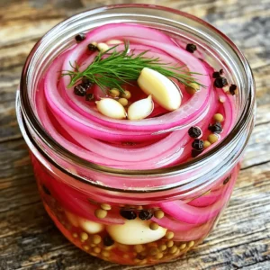 - 1 large red onion, thinly sliced - 1 cup apple cider vinegar - 1 cup water - 2 tablespoons granulated sugar - 1 tablespoon salt - 1 teaspoon black peppercorns - 1 teaspoon mustard seeds - 1 clove garlic, thinly sliced - Optional: fresh herbs (like dill or thyme) for added flavor To make quick-pickled red onions, you need a few simple items. First, grab one large red onion. Slice it thinly, so it soaks up the brine well. You’ll also need one cup of apple cider vinegar. This vinegar adds a tangy taste that makes the onions pop. Next, gather one cup of water to balance the vinegar. Add two tablespoons of granulated sugar for sweetness. This sugar helps to cut through the acidity. Then, use one tablespoon of salt to enhance the flavor and help preserve the onions. For extra taste, you can add a teaspoon each of black peppercorns and mustard seeds. These spices bring warmth and depth. You can also include one thinly sliced clove of garlic. This step adds a nice punch. If you like, toss in some fresh herbs like dill or thyme. They will add a lovely aroma to your pickles. All these ingredients come together to make a delicious brine. This brine is the key to your quick-pickled red onions. For the full recipe, refer to the Zesty Quick-Pickled Red Onions section. - Peel and slice the red onion thinly. - Place the sliced onions in a clean, airtight jar or container. - In a medium saucepan, combine apple cider vinegar, water, sugar, salt, black peppercorns, mustard seeds, and sliced garlic. - Bring the mixture to a gentle boil over medium heat. Stir until the sugar and salt dissolve. - Pour the hot pickling liquid over the onions in the jar. - Ensure the onions are fully submerged and press down if necessary. - Allow the jar to cool to room temperature. - Seal tightly and refrigerate for at least 30 minutes. This quick-pickling method adds a zesty touch to any meal. You can find the full recipe for these quick-pickled red onions above! To make great quick-pickled red onions, you need fresh onions. Look for red onions that feel firm and heavy. They should have smooth skin without soft spots. Uniform slicing is key. Thin slices allow the onions to pickle evenly. Use a sharp knife or a mandoline for the best results. You can add extra spices for more flavor. Try cumin seeds or coriander seeds for a twist. Adding a pinch of chili flakes gives a nice kick. Balancing sweetness and acidity is important. If you find the pickles too sweet, add a splash more vinegar. If too sour, add a bit of sugar. Taste as you go! Quick-pickled red onions add a burst of flavor to many dishes. Use them on tacos, sandwiches, or salads. They also work well as a garnish for grilled meats. Pair them with rich foods to brighten up the meal. Their tangy taste can enhance almost any dish! For more ways to enjoy them, check out the Full Recipe. {{image_2}} You can use different types of vinegar for your quick-pickled red onions. White vinegar is a popular choice. It gives a clean, crisp flavor. It also has a strong acidity. This makes your pickles zesty and tangy. Rice vinegar is another great option. It has a milder taste and balances the sweetness well. It works well if you want a softer flavor. Try both to see which one you like best! You can spice up your pickled onions with extra ingredients. Adding chili flakes gives a nice heat. Just a pinch can change the taste. If you prefer milder flavors, skip the chili. Using fresh herbs can also enhance the taste. Cilantro works well and adds a fresh note. You can also try dill or thyme for a unique twist. Experiment with herbs to find your favorite mix! Not a fan of granulated sugar? No problem! You can use honey or maple syrup instead. Both options add sweetness and a bit of flavor. Honey gives a floral note, while maple syrup has a warm, earthy taste. Feel free to adjust the sweetness to match your taste. Start with less and add more if you want. Making quick-pickled red onions is all about personal preference. You can find your perfect balance! To keep your quick-pickled red onions fresh, use a glass jar with a tight lid. Mason jars work great for this. Avoid plastic containers, as they can affect the taste. Always clean your jar well before using it. This helps prevent any unwanted bacteria. After preparing your pickles, store them in the fridge. This keeps the onions crisp and tasty. Quick-pickled red onions last about 2 weeks in the fridge. The vinegar helps preserve them, but always check for signs of spoilage. If you see any mold or an off smell, throw them away. They may lose crunch over time, but the flavors will deepen. You can freeze quick-pickled onions, but it may change their texture. If you decide to freeze them, use freezer-safe bags or containers. Make sure to leave some space for expansion. Thaw them in the fridge before use. This way, they stay as fresh as possible. For best results, enjoy them fresh rather than frozen. Check out the Full Recipe for all the details on making these zesty onions! Quick-pickled red onions last about 2 weeks when kept in the fridge. Store them in a clean glass jar with a tight lid. As time goes on, they may lose some crunch but still taste great. Yes, you can use other onions. Sweet onions and yellow onions work well too. Each type brings a different flavor. Experiment to find your favorite! Pickled red onions are great on many dishes. They add a punch to tacos, sandwiches, and salads. Try them on burgers or as a simple snack with cheese. The bright flavor makes any meal pop! To spice up your pickles, add chili flakes or sliced jalapeños. You can also use spicy mustard seeds. Adjust the heat to your taste. Start small; you can always add more! Yes, you can easily double or halve the recipe. Just adjust the ingredients in the same ratio. This way, you can make more or less as needed. Enjoy experimenting with your flavors! For the full recipe, check out the details for making zesty quick-pickled red onions. Pickling red onions is simple and rewarding. We covered essential ingredients, step-by-step instructions, and tips for flavor and storage. You can customize your pickles by trying different vinegars or adding spices. Remember to store them correctly for the best taste. With these easy steps, you can enjoy crunchy, tangy pickled onions in just thirty minutes. Experiment with flavors and enjoy the freshness they bring to your dishes. Happy pickling!