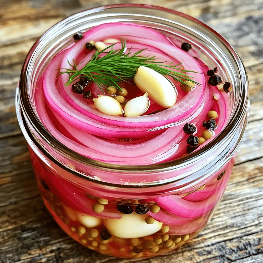- 1 large red onion, thinly sliced - 1 cup apple cider vinegar - 1 cup water - 2 tablespoons granulated sugar - 1 tablespoon salt - 1 teaspoon black peppercorns - 1 teaspoon mustard seeds - 1 clove garlic, thinly sliced - Optional: fresh herbs (like dill or thyme) for added flavor To make quick-pickled red onions, you need a few simple items. First, grab one large red onion. Slice it thinly, so it soaks up the brine well. You’ll also need one cup of apple cider vinegar. This vinegar adds a tangy taste that makes the onions pop. Next, gather one cup of water to balance the vinegar. Add two tablespoons of granulated sugar for sweetness. This sugar helps to cut through the acidity. Then, use one tablespoon of salt to enhance the flavor and help preserve the onions. For extra taste, you can add a teaspoon each of black peppercorns and mustard seeds. These spices bring warmth and depth. You can also include one thinly sliced clove of garlic. This step adds a nice punch. If you like, toss in some fresh herbs like dill or thyme. They will add a lovely aroma to your pickles. All these ingredients come together to make a delicious brine. This brine is the key to your quick-pickled red onions. For the full recipe, refer to the Zesty Quick-Pickled Red Onions section. - Peel and slice the red onion thinly. - Place the sliced onions in a clean, airtight jar or container. - In a medium saucepan, combine apple cider vinegar, water, sugar, salt, black peppercorns, mustard seeds, and sliced garlic. - Bring the mixture to a gentle boil over medium heat. Stir until the sugar and salt dissolve. - Pour the hot pickling liquid over the onions in the jar. - Ensure the onions are fully submerged and press down if necessary. - Allow the jar to cool to room temperature. - Seal tightly and refrigerate for at least 30 minutes. This quick-pickling method adds a zesty touch to any meal. You can find the full recipe for these quick-pickled red onions above! To make great quick-pickled red onions, you need fresh onions. Look for red onions that feel firm and heavy. They should have smooth skin without soft spots. Uniform slicing is key. Thin slices allow the onions to pickle evenly. Use a sharp knife or a mandoline for the best results. You can add extra spices for more flavor. Try cumin seeds or coriander seeds for a twist. Adding a pinch of chili flakes gives a nice kick. Balancing sweetness and acidity is important. If you find the pickles too sweet, add a splash more vinegar. If too sour, add a bit of sugar. Taste as you go! Quick-pickled red onions add a burst of flavor to many dishes. Use them on tacos, sandwiches, or salads. They also work well as a garnish for grilled meats. Pair them with rich foods to brighten up the meal. Their tangy taste can enhance almost any dish! For more ways to enjoy them, check out the Full Recipe. {{image_2}} You can use different types of vinegar for your quick-pickled red onions. White vinegar is a popular choice. It gives a clean, crisp flavor. It also has a strong acidity. This makes your pickles zesty and tangy. Rice vinegar is another great option. It has a milder taste and balances the sweetness well. It works well if you want a softer flavor. Try both to see which one you like best! You can spice up your pickled onions with extra ingredients. Adding chili flakes gives a nice heat. Just a pinch can change the taste. If you prefer milder flavors, skip the chili. Using fresh herbs can also enhance the taste. Cilantro works well and adds a fresh note. You can also try dill or thyme for a unique twist. Experiment with herbs to find your favorite mix! Not a fan of granulated sugar? No problem! You can use honey or maple syrup instead. Both options add sweetness and a bit of flavor. Honey gives a floral note, while maple syrup has a warm, earthy taste. Feel free to adjust the sweetness to match your taste. Start with less and add more if you want. Making quick-pickled red onions is all about personal preference. You can find your perfect balance! To keep your quick-pickled red onions fresh, use a glass jar with a tight lid. Mason jars work great for this. Avoid plastic containers, as they can affect the taste. Always clean your jar well before using it. This helps prevent any unwanted bacteria. After preparing your pickles, store them in the fridge. This keeps the onions crisp and tasty. Quick-pickled red onions last about 2 weeks in the fridge. The vinegar helps preserve them, but always check for signs of spoilage. If you see any mold or an off smell, throw them away. They may lose crunch over time, but the flavors will deepen. You can freeze quick-pickled onions, but it may change their texture. If you decide to freeze them, use freezer-safe bags or containers. Make sure to leave some space for expansion. Thaw them in the fridge before use. This way, they stay as fresh as possible. For best results, enjoy them fresh rather than frozen. Check out the Full Recipe for all the details on making these zesty onions! Quick-pickled red onions last about 2 weeks when kept in the fridge. Store them in a clean glass jar with a tight lid. As time goes on, they may lose some crunch but still taste great. Yes, you can use other onions. Sweet onions and yellow onions work well too. Each type brings a different flavor. Experiment to find your favorite! Pickled red onions are great on many dishes. They add a punch to tacos, sandwiches, and salads. Try them on burgers or as a simple snack with cheese. The bright flavor makes any meal pop! To spice up your pickles, add chili flakes or sliced jalapeños. You can also use spicy mustard seeds. Adjust the heat to your taste. Start small; you can always add more! Yes, you can easily double or halve the recipe. Just adjust the ingredients in the same ratio. This way, you can make more or less as needed. Enjoy experimenting with your flavors! For the full recipe, check out the details for making zesty quick-pickled red onions. Pickling red onions is simple and rewarding. We covered essential ingredients, step-by-step instructions, and tips for flavor and storage. You can customize your pickles by trying different vinegars or adding spices. Remember to store them correctly for the best taste. With these easy steps, you can enjoy crunchy, tangy pickled onions in just thirty minutes. Experiment with flavors and enjoy the freshness they bring to your dishes. Happy pickling!