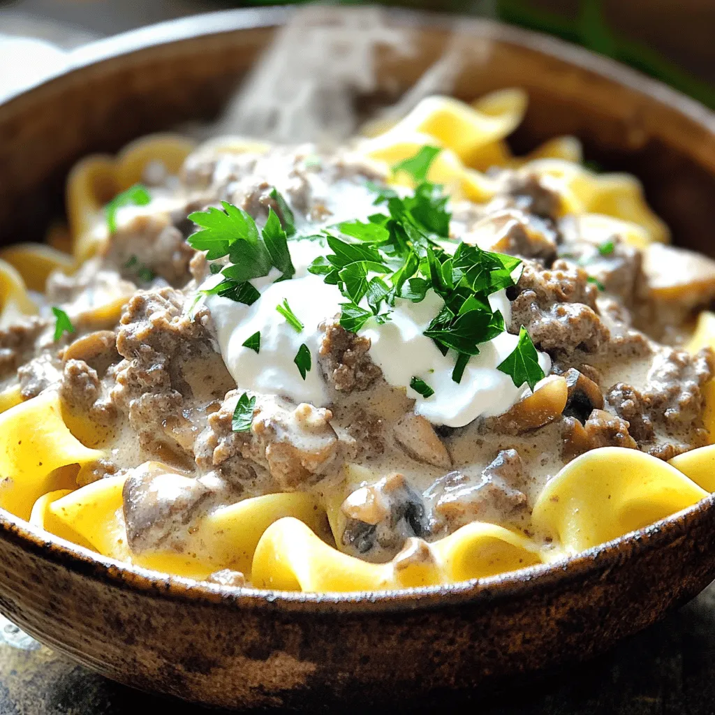 - 1 lb (450g) ground beef - 1 medium onion, finely chopped - 2 cloves garlic, minced - 8 oz (225g) mushrooms, sliced - 1 cup beef broth - 1 cup sour cream - 2 tablespoons all-purpose flour - 2 tablespoons olive oil These main ingredients create a rich and hearty dish. Ground beef provides a savory base. Onions and garlic add depth and flavor. Mushrooms bring earthiness and texture. Beef broth ties everything together, while sour cream gives a creamy finish. - 1 tablespoon Worcestershire sauce - 1 teaspoon Dijon mustard - Salt and black pepper to taste These seasonings are key to enhancing the taste. Worcestershire sauce offers umami, while Dijon mustard adds a subtle kick. Salt and black pepper balance the flavors perfectly. - 8 oz (225g) egg noodles - Fresh parsley, chopped (for garnish) Serve your stroganoff over egg noodles for a classic touch. They soak up the sauce well. A sprinkle of fresh parsley adds a burst of color and flavor. For the full recipe, check out the detailed steps to create this tasty meal. Start by boiling water in a large pot. Add a pinch of salt for flavor. Once the water boils, drop in the egg noodles. Cook them according to the package instructions until they are al dente. This usually takes about 7 to 9 minutes. After cooking, drain the noodles in a colander. Set them aside for later use. In a large skillet, pour in 2 tablespoons of olive oil over medium heat. Wait for it to heat up. Next, add the finely chopped onion. Sauté the onion for about 3 to 4 minutes, until it turns translucent. This adds a nice flavor to the dish. After that, stir in 2 minced garlic cloves. Cook them for another minute until you smell their aroma. Now, it’s time to brown the ground beef. Add 1 pound of ground beef to the skillet. Sprinkle in some salt and black pepper to taste. Break the beef apart with a spatula as it cooks. This will take about 5 to 7 minutes. Cook until the beef is fully browned. If there is too much fat, drain it off. Once the beef is browned, it's time to add mushrooms. Stir in 8 ounces of sliced mushrooms. Cook them for about 5 minutes until they are tender and any moisture is gone. Now, let’s make the sauce. Sprinkle 2 tablespoons of all-purpose flour over the beef and mushrooms. Stir to mix well. Slowly pour in 1 cup of beef broth while stirring. This will help prevent lumps. Add 1 tablespoon of Worcestershire sauce and 1 teaspoon of Dijon mustard. Bring everything to a gentle simmer. Finally, reduce the heat to low. Fold in 1 cup of sour cream until the sauce is smooth. Taste and adjust seasoning if needed. Now, you can add the cooked egg noodles to the skillet. Toss well to coat them in the creamy beef mixture. Cook for an additional 2 to 3 minutes until everything is heated through. For a full recipe, check out the details above. To make a smooth sauce, avoid lumps. After adding flour, stir well. Then, pour in the beef broth slowly while you mix. This keeps the sauce creamy. If the sauce tastes bland, add more salt and pepper. A dash of Worcestershire sauce can also enhance flavor. Browning the beef is crucial. Use medium-high heat to get a nice color. Break the meat into small pieces for even cooking. Stir often to prevent burning. Once the beef is done, make sure the noodles are well coated. Toss them with the sauce until every noodle is covered. This makes each bite delicious. Garnishing adds a nice touch. Use fresh chopped parsley to brighten your dish. Sprinkle it on top right before serving. You can also add a dollop of sour cream for extra creaminess. Serve the stroganoff in deep bowls; it looks great and keeps the sauce contained. For a fun twist, try a sprinkle of paprika for color. For the full recipe, check out the complete guide! {{image_2}} You can easily switch up the protein in this dish. Ground turkey or chicken work well. They have a lighter taste but still pack a punch. If you want a vegetarian option, try using lentils or mushrooms. These add great flavor and texture. You can make the sauce even better! Adding extra spices like paprika or garlic powder gives a nice kick. You can also swap out the sour cream for cream or yogurt. This will change the flavor and texture a bit but will still taste great. Think outside the box with your noodles! Use gluten-free pasta for a lighter option. You can also try serving the stroganoff over rice or mashed potatoes. Both make a tasty base and soak up the sauce beautifully. For the full recipe, check out the detailed instructions above. To keep your Ground Beef Stroganoff fresh, cool it down quickly. You can do this by spreading it in a shallow dish. This helps it cool faster. Once it's cool, transfer it to storage containers. Use airtight containers to prevent air from spoiling your food. Make sure to label them with the date. To freeze leftover stroganoff, let it cool completely first. Then, portion it into freezer-safe bags or containers. Remove as much air as you can before sealing. This helps prevent freezer burn. When you want to eat it, thaw it in the fridge overnight. Reheat it gently on the stove or in the microwave, stirring often. In the fridge, Ground Beef Stroganoff lasts about 3 to 4 days. If you freeze it, it can last up to 3 months. After that, the texture may change, but it will still be safe to eat. Always check for any off smells or changes in texture before consuming. You can use plain yogurt as a sour cream substitute. Greek yogurt works well. It adds creaminess and tangy flavor. Another option is cream cheese, which gives a nice thickness. Mix it with a bit of milk to reach the right consistency. You can also try buttermilk for a lighter touch. Each option will change the taste slightly, so choose based on your preference. Yes, you can make Ground Beef Stroganoff ahead of time. Just prepare the dish, and let it cool. Store it in the fridge for up to three days. When you’re ready to eat, heat it on the stove over low heat. Stir often to keep it creamy. You can also microwave it, but be careful not to overcook it. Ground Beef Stroganoff is great for meal prep. It stores well and can be portioned for easy meals. Make a big batch and divide it into containers. Pair it with noodles or rice. This dish reheats nicely, making it perfect for busy days. Just remember to store it properly to keep it fresh. To spice up Ground Beef Stroganoff, add red pepper flakes or hot sauce. Start with a small amount, then taste and adjust. You can also mix in some diced jalapeños for heat. Another option is to use spicy mustard instead of Dijon. These tweaks will add a kick without losing the dish's creamy nature. Ground Beef Stroganoff is a simple, hearty dish using easy ingredients. We covered main components, like ground beef, mushrooms, and sour cream. I shared clear steps for cooking egg noodles and preparing the sauce. Plus, you learned tips to enhance flavor and presentation. Variations allow for personal twists. Store leftovers right for future meals. Remember, this dish suits all, whether you are new to cooking or an expert. Enjoy creating your Stroganoff masterpiece!