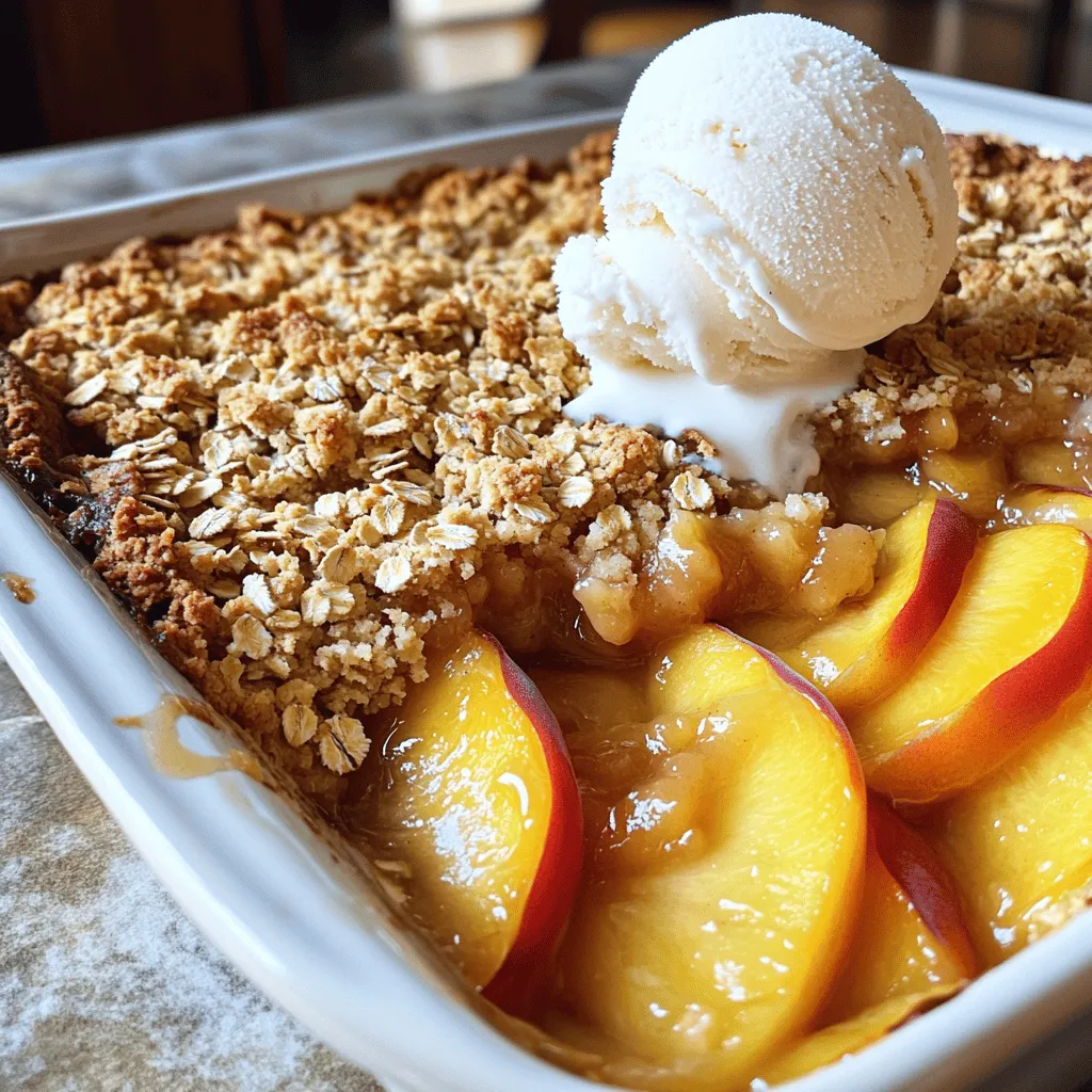 - 4 ripe peaches, peeled and sliced - 1 cup rolled oats - 1 cup all-purpose flour - ¾ cup brown sugar - ½ cup unsalted butter, melted - 1 teaspoon cinnamon - ½ teaspoon nutmeg - 1 cup chopped nuts (walnuts or pecans) - ¼ teaspoon salt - 1 teaspoon vanilla extract You can serve this delicious dessert with a scoop of ice cream. Vanilla pairs well with the warm peach flavors. For a fun twist, top it with whipped cream or yogurt. Presentation matters, too! You could serve the crisp directly from the baking dish for a casual vibe. Or, for a fancier touch, scoop it into individual bowls. A drizzle of honey and a mint sprig can elevate the look. Remember, the Full Recipe gives you all the steps to make this easy treat! Enjoy the sweet and crunchy goodness. First, you need to preheat your oven to 350°F (175°C). This ensures even cooking. While the oven heats, prepare your baking dish. Grease a 9x13 inch dish to prevent sticking. Next, take 4 ripe peaches. Peel and slice them thinly. In a large bowl, mix the sliced peaches with 1/4 cup of brown sugar and 1 teaspoon of vanilla extract. Toss them gently to coat. Once mixed, pour the peaches into your greased dish. Spread them out evenly across the bottom. Now, let’s make the crisp topping. In another bowl, combine 1 cup of rolled oats, 1 cup of all-purpose flour, 3/4 cup of brown sugar, 1 teaspoon of cinnamon, 1/2 teaspoon of nutmeg, and 1/4 teaspoon of salt. If you like nuts, add 1 cup of chopped walnuts or pecans. Stir everything well. Then, pour in 1/2 cup of melted unsalted butter. Mix until the mixture looks like wet sand. This crumbly texture will create the perfect topping. Sprinkle the oat mixture evenly over the peaches in the baking dish. Make sure to cover all the fruit. Bake in your preheated oven for 30-35 minutes. Keep an eye on it. When the top is golden brown and the peaches bubble, it’s done. After baking, remove it from the oven. Let it cool for a few minutes. This makes it easier to serve. You can enjoy your Peach Crisp Treat warm. For a special touch, add a scoop of vanilla ice cream on top. It’s a delightful combination! For the full recipe, check the instructions above. Choosing the right peaches is key. Look for ripe peaches that are slightly soft. They should have a sweet smell and a vibrant color. Avoid peaches with dark spots or hard skin. To get the perfect crisp topping, keep your butter cold. Mix the melted butter with dry ingredients until it looks crumbly. This ensures a nice texture. Don't overmix, or it will become too dense. One common mistake is overmixing the topping. This can make it tough instead of light and crispy. Mix just until you see the butter blended in. Another mistake is not letting the peaches macerate. This step draws out their juices and enhances their flavor. Mix the peaches with sugar and let them sit for at least 10 minutes. Adding spices can take your Peach Crisp Treat to the next level. Cinnamon and nutmeg are classic choices. You can also try a pinch of ginger for a warm kick. Using fresh peaches offers the best taste. However, canned peaches can work in a pinch. If you use canned, drain them well to avoid excess liquid. Fresh peaches often bring a brighter flavor that elevates the dish. For the full recipe, check out the complete instructions earlier in this article. {{image_2}} You can easily mix up your Peach Crisp Treat. Adding berries can brighten the dish. Blueberries, raspberries, or strawberries work well. You can also add other fruits like apples or pears. These fruits add new flavors and textures. Different nuts can also change the taste. Try using almonds or pistachios instead of walnuts or pecans. You can even add seeds like pumpkin or sunflower for a crunch. These small changes can make your dessert unique. If you're looking for healthier options, I have some great tips. You can replace sugar with honey or maple syrup. These options add sweetness without extra refined sugar. For butter, try coconut oil or applesauce. These substitutes can lower the fat content. If you need gluten-free options, use almond flour or oat flour instead of all-purpose flour. For oats, look for certified gluten-free oats. This way, everyone can enjoy your treat without worry. You can adapt this recipe for seasonal fruits too. In the fall, use ripe pears or apples for a cozy twist. During winter, try cranberries for a tart flavor. Each season offers new fruits to explore. For holidays, think about adding spices like nutmeg or ginger. These spices can give your crisp a festive touch. You can even serve it with a holiday-themed ice cream. Just think of the possibilities! To keep your Peach Crisp Treat fresh, store it in the fridge. Place it in an airtight container. This helps to keep the flavors in and the moisture out. You can store it this way for up to four days. After that, the topping may get soggy. If you want to save it for later, you can freeze Peach Crisp Treat. First, let it cool completely. Then, cut it into portions. Wrap each piece in plastic wrap. Place wrapped pieces in a freezer-safe bag. They can last up to three months in the freezer. To reheat after freezing, take a piece out and let it thaw in the fridge overnight. Then, preheat your oven to 350°F (175°C) and bake it for about 15-20 minutes. This will help restore that crispy topping. When you’re ready to enjoy your leftovers, you can reheat them in the microwave. Heat for about 30 seconds to 1 minute. If you prefer a crispy texture, use the oven. If you have stale leftovers, don’t worry! You can turn them into a delicious topping for yogurt or pancakes. Just crumble the crisp over your dish. It adds sweetness and crunch! Your Peach Crisp Treat is done when the top is golden brown. The peaches should bubble around the edges. If you poke the topping, it should feel firm but soft. Look for these signs, and you will know it is ready to enjoy! Yes, you can use frozen peaches! Just keep in mind that they may release more juice. To adjust, reduce the amount of sugar in the peach mixture. You might bake it a little longer to ensure it cooks through. This way, you still get that lovely peach flavor in every bite. There are many great options! You can serve it with whipped cream for a light touch. Greek yogurt also adds a creamy element. Try a drizzle of caramel sauce for extra sweetness. Fresh mint leaves on top add a nice color and flavor. Making this dessert vegan is simple! Substitute the butter with coconut oil or a vegan butter. Use maple syrup instead of brown sugar for added flavor. You can also find non-dairy ice cream to enjoy with your Peach Crisp Treat. These swaps keep it tasty and plant-based. Absolutely! You can prepare the peach layer ahead of time. Just store it in the fridge until you are ready to bake. You can also mix your topping and keep it in a separate container. When you're ready to bake, combine them and pop it in the oven. Enjoy the fresh-baked smell later! You can create a delicious Peach Crisp Treat with just a few simple ingredients. Remember to pick ripe peaches, mix the topping well, and avoid overbaking. Try different fruits or nuts to make it your own. Whether you enjoy it warm with ice cream or try a unique twist, this treat is sure to please. Store leftovers for later or freeze them for a future snack. Enjoy your baking, and make each bite count!