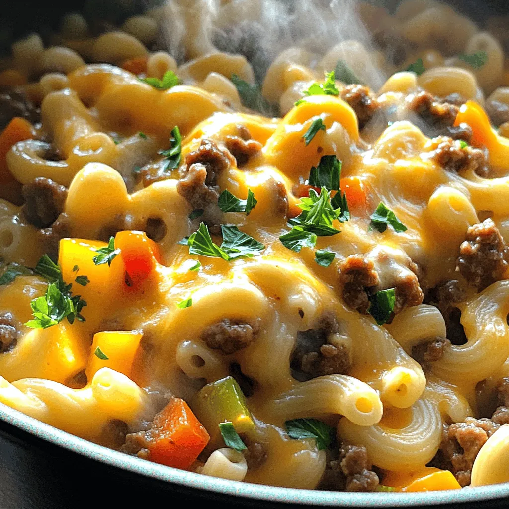 - 1 lb ground beef - 1 medium onion, diced - 3 cloves garlic, minced - 1 bell pepper, chopped (any color) - 2 cups elbow macaroni - 4 cups beef broth - 1 can (14 oz) diced tomatoes (with juice) - 2 cups sharp cheddar cheese, shredded - 1 tablespoon Worcestershire sauce - 1 teaspoon paprika - 1 teaspoon dried oregano - Salt and pepper to taste - Fresh parsley, chopped (for garnish) Gathering the right ingredients is key to making this one-pot meal. You need ground beef for a hearty base. The onion and garlic add great flavor. A bell pepper brings color and sweetness. Elbow macaroni cooks well in the broth. Diced tomatoes add moisture and tang. Sharp cheddar cheese gives that creamy finish. Worcestershire sauce and spices enhance the taste. Don't forget salt and pepper for seasoning. Fresh parsley brightens the dish when you serve it. For the full recipe, follow the details above. Enjoy cooking this simple family meal! - First, brown the ground beef in a large pot or Dutch oven. - Make sure to drain excess fat if necessary. - Next, sauté the diced onion and chopped bell pepper until soft. - Stir in the minced garlic and let it cook until fragrant. - Add elbow macaroni and beef broth to the pot. - Then, incorporate the diced tomatoes and seasonings like Worcestershire sauce, paprika, and oregano. - Simmer the mixture until the pasta is tender, about 10-12 minutes. - Stir in the shredded cheddar cheese until it melts and becomes creamy. - Taste and adjust seasoning as you like. This simple dish brings a lot of flavor and comfort to the table. For a complete guide with all the measurements and tips, check the Full Recipe. - Use freshly shredded cheese for better melting. - Stir cheese off the heat to avoid clumping. To get that perfect creamy texture, freshly shredded cheese is key. Pre-packaged cheese often has anti-caking agents, which can stop it from melting well. When your pasta is done, remove the pot from the heat before adding the cheese. This helps the cheese blend in smoothly. - Experiment with additional spices like chili powder or cayenne. - Consider adding a splash of hot sauce for heat. Adding spices can take your dish to the next level. Chili powder gives warmth, while cayenne adds a nice kick. A splash of hot sauce can brighten up the flavors, making it more exciting. Just remember to taste as you go! - Prepare all ingredients before starting to save time. - Use a large pot for even cooking. Having everything ready makes cooking smoother. Chop your veggies and measure your spices beforehand. A large pot is important too. It allows for even cooking, which helps all the flavors mix well. When you follow these tips, you can enjoy a quick and tasty meal. For the full recipe, check out the One-Pot Cheesy Beefy Pasta Delight. {{image_2}} You can switch the ground beef for ground turkey or chicken. This makes the meal lighter. If you want a vegetarian option, try using lentils or mushrooms. Both options add great texture and flavor. For a different taste, consider using pepper jack or mozzarella cheese. These cheeses add unique flavors to the dish. If you need a dairy-free version, plant-based cheese works well. It melts nicely, keeping your dish creamy. Feel free to add vegetables like spinach or zucchini. These veggies boost nutrition and color. You can also top your pasta with crumbled bacon or caramelized onions. Both options add a savory crunch that enhances each bite. To keep your One-Pot Beef and Cheddar Pasta fresh, store leftovers in an airtight container. This will last for 3-4 days in the fridge. When you want to enjoy it again, simply reheat on the stove or microwave. Add a splash of broth to keep it moist. If you want to save some for later, you can freeze it. Portion the pasta into freezer-safe containers. It will stay good for up to 3 months. When you're ready to eat, just thaw it in the fridge overnight. Reheat it gently on the stove or microwave. When reheating, add a bit of liquid to reach your desired consistency. This helps prevent it from drying out. Make sure the food is heated through completely. Stir well to ensure even heating throughout. Enjoy your easy meal any time! You can use chicken broth or vegetable broth. Both will add great flavor. They are easy to find in stores and work well in this dish. If you want a richer taste, try low-sodium options. You can even make your own broth at home for more control over ingredients. Yes, you can use a slow cooker. First, brown the beef in a pan. This step adds flavor. Then, add all the ingredients to the slow cooker. Set it to low and let it cook for 6 to 8 hours. This method makes the beef super tender and tasty. To make this dish gluten-free, use gluten-free pasta and broth. Many brands offer gluten-free options that taste great. Check the labels to ensure they meet your needs. This way, everyone can enjoy this meal without worry. Yes, it is very kid-friendly. You can adjust the spice levels easily. If your kids like milder flavors, skip the paprika or use less. The dish's cheesy goodness makes it appealing to kids. Plus, serving it in fun bowls can make it more exciting for them. This recipe combines simple ingredients into a tasty dish that's easy to make. You can swap proteins and cheeses for your preference. Remember to prepare everything before you start to save time. Store leftovers safely or freeze them for later. You can even modify this dish for diets or picky eaters. Enjoy your cooking and the delicious results! Make this dish often and share it with friends and family. Everyone will love it!