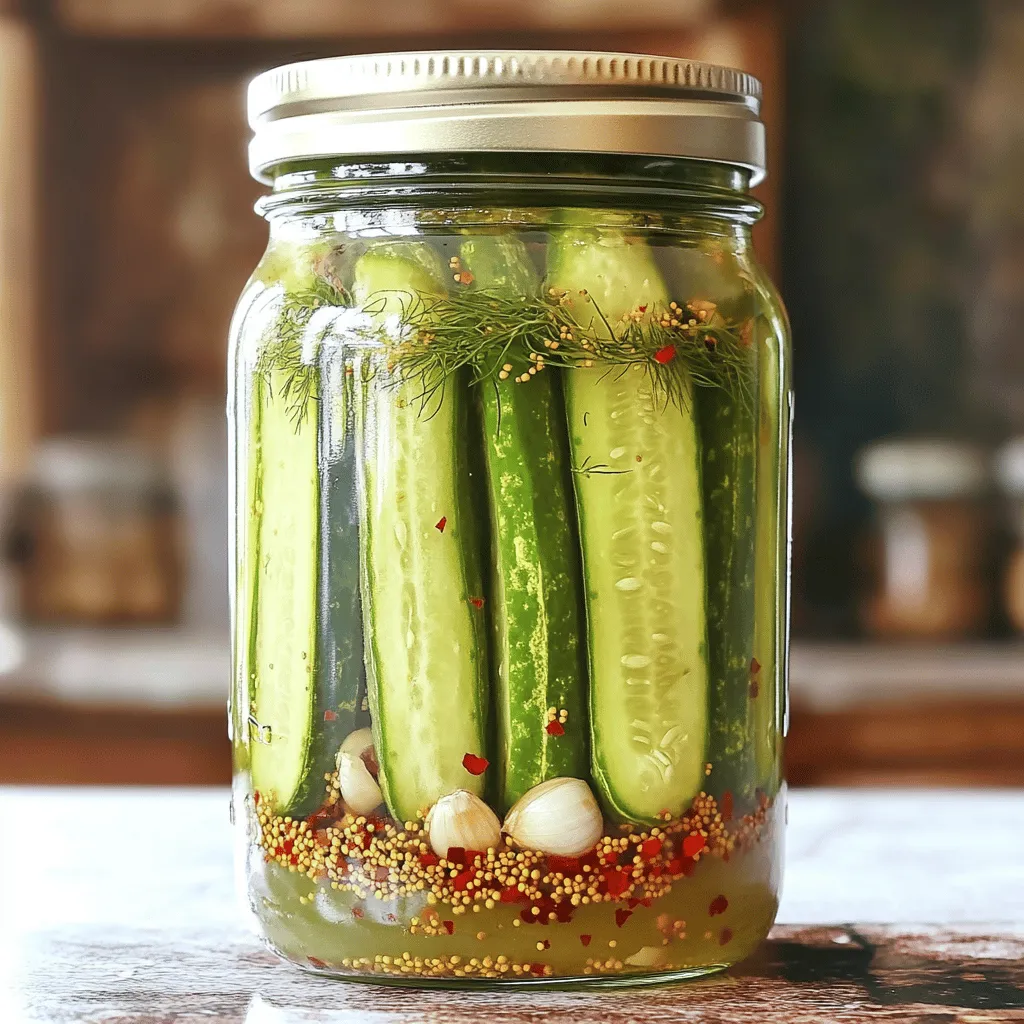 To make tasty garlic dill pickles, you will need: - 4 medium cucumbers, washed and sliced into spears - 4 cloves garlic, peeled and crushed - 1 tablespoon dill seeds - 1 tablespoon mustard seeds - 2 cups water - 1 cup white vinegar - 2 tablespoons kosher salt - 1 tablespoon sugar - 1/2 teaspoon crushed red pepper flakes (optional for a kick) You will need a few simple tools: - A medium saucepan to mix the brine - A clean glass jar or container to store the pickles - A cutting board and knife for slicing cucumbers - A measuring cup and spoons for accuracy When picking cucumbers, look for these signs: - Choose firm cucumbers with no soft spots. - Opt for cucumbers that are bright green and smooth. - Smaller cucumbers are often crunchier and tastier. - Avoid cucumbers with yellow skin; they may be overripe. Using fresh cucumbers makes a big difference in your pickles. Freshness means better crunch and flavor. For the best results, pick them just before you make the brine. To make the brine, grab a medium saucepan. Add 2 cups of water, 1 cup of white vinegar, 2 tablespoons of kosher salt, and 1 tablespoon of sugar. Heat this mix over medium-high heat. Stir until the salt and sugar dissolve. Once they are gone, take the pan off the heat. Let the brine cool to room temperature. This step is key to keeping the cucumbers crisp. While the brine cools, prepare your jar. You need a clean glass jar or container for this. Start by adding 4 cloves of crushed garlic, 1 tablespoon of dill seeds, and 1 tablespoon of mustard seeds at the bottom of the jar. Now, pack 4 medium cucumber spears upright into the jar. Leave some space for the brine to flow around them. This will help each cucumber soak up the flavor. Once the brine cools, pour it carefully over the cucumbers. Make sure they are fully submerged. Seal the jar tightly with a lid. Place it in the refrigerator. Allow the pickles to cure for at least 24 hours. The longer they sit, the better the flavor gets. You can enjoy your homemade pickles after a day, but they will taste even better after a few days! For more details, check the Full Recipe. To get the best flavor, use fresh cucumbers. Look for firm cucumbers with no soft spots. Fresh dill is key too. It gives a bright taste. I love to add crushed garlic for a strong punch. Letting the pickles sit longer helps the flavors meld. I suggest waiting at least three days for a richer taste. Fermentation is simple with the right steps. Keep everything clean to avoid bad bacteria. Always use a clean jar to store your pickles. Pour the brine over cucumbers when it’s cool. This helps the cucumbers stay crisp. Make sure the cucumbers are fully submerged in the brine. This prevents mold and keeps them tasty. Avoid using old cucumbers; they won’t taste good. Don’t skip the salt; it helps with crunch. If you use too much vinegar, the pickles will be too sour. Make sure to seal the jar tightly to keep out air. If you forget to let them chill long enough, they won’t be as flavorful. For more details, check the Full Recipe. {{image_2}} If you like heat, try spicy garlic dill pickles. Just add crushed red pepper flakes to the brine. This simple change gives your pickles a nice kick. Start with 1/2 teaspoon, then adjust to your taste. You can also add sliced jalapeños for more spice. The heat pairs well with the garlic and dill, making every bite exciting. If you prefer a sweeter taste, sweet dill pickles are the way to go. Just add more sugar to your brine. A good starting point is 1/4 cup of sugar. This change balances the tangy vinegar and salty flavors. You can also add a touch of cinnamon or cloves for a unique twist. Sweet dill pickles work great on burgers or as a snack. You can mix up the flavors by using different herbs and spices. Try adding coriander seeds or black peppercorns for extra depth. Fresh herbs like tarragon or thyme also work well. Each herb changes the flavor profile, so feel free to experiment. You might find a new favorite combination that surprises you! For the full recipe, check out Garlic-Dill Delight Pickles. Once your pickles are made, keep them in the fridge. Store them in a clean, airtight jar. This keeps them crunchy and fresh. Make sure the brine covers all the cucumbers. If you see any cucumbers sticking out, add a bit more brine. The cold helps the flavors mix and grow. For long-term storage, consider canning. Use sterilized jars and a proper canning method. This makes the pickles last for months. You can also freeze them, but the texture may change. If you want crisp pickles, stick with refrigeration or canning. Check for signs of spoilage. If you see mold on the surface, throw them out. A bad smell is another red flag. If the pickles feel mushy or slimy, they are no longer safe to eat. Always trust your senses when it comes to food safety. For the full recipe, check out the Garlic-Dill Delight Pickles section! Homemade garlic dill pickles can last for about 2 to 3 months in the fridge. Keep them sealed in a clean jar. Always check for signs of spoilage, like mold or off smells. If you see any, it's best to toss them. The longer they sit, the stronger the flavor becomes. Just remember, they may lose crunch over time. Yes, you can use other types of cucumbers! Pickling cucumbers work best, but any cucumber can fit. Try Persian or Kirby cucumbers for a fun twist. These varieties tend to stay crunchy and have fewer seeds. Just make sure they are fresh and firm for the best results. Garlic and dill pack a punch in flavor and health benefits. Garlic is great for boosting your immune system. It may help lower blood pressure and cholesterol too. Dill adds a fresh taste and helps with digestion. Plus, it's rich in antioxidants. Together, they make your pickles not only tasty but also healthy! In this blog post, we explored how to make delicious homemade pickles. We covered essential ingredients, the right tools, and tips for choosing fresh cucumbers. You learned step-by-step instructions for making the brine and packing the jars. We highlighted tips for the best flavor and common mistakes to avoid. We even discussed variations like spicy garlic dill and sweet dill pickles. Lastly, we shared storage tips and answered common questions. Now, you are ready to create your own tasty pickles and enjoy the fun of home preservation.