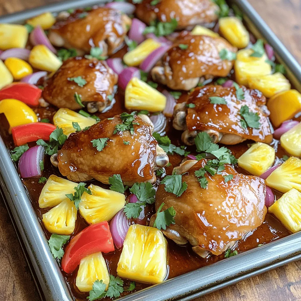 To make Hawaiian Chicken Sheet Pan, you need a few main items: - 4 boneless, skinless chicken thighs - 1 cup pineapple chunks (fresh or canned) - 1 red bell pepper, sliced - 1 yellow bell pepper, sliced - 1 small red onion, cut into wedges These ingredients bring fresh, vibrant flavors to your meal. The chicken thighs stay juicy, while the peppers and pineapple add a sweet crunch. Now, let’s talk about the key sauces and seasonings: - 2 tablespoons soy sauce - 1 tablespoon teriyaki sauce - 2 tablespoons honey - 1 tablespoon olive oil - 2 cloves garlic, minced - 1 teaspoon ginger, grated - Salt and pepper to taste These items make a tasty sauce. The soy sauce adds saltiness, while honey gives a sweet touch. Garlic and ginger bring warmth and depth to the dish. You can add a few garnishes to make the dish pop: - Fresh cilantro for garnish (optional) Cilantro adds a fresh taste and looks great on the plate. You can skip this if you don’t like it, but I think it makes the dish look special. For the full recipe, check out the details above. Start by getting your oven ready. Preheat it to 400°F (200°C). This step is key for even cooking. Next, grab a large sheet pan and line it with parchment paper. This will help with cleanup later. Now, gather your ingredients. You need chicken thighs, pineapple chunks, bell peppers, onion, and sauces. Once you have everything set, whisk together the soy sauce, teriyaki sauce, honey, olive oil, minced garlic, and ginger in a bowl. This mixture gives your chicken great flavor. Place the chicken thighs in the center of the sheet pan. Pour half of the sauce over them. Make sure the chicken is well coated. Next, arrange the pineapple, red and yellow bell peppers, and onion around the chicken. Drizzle the rest of the sauce over the veggies. Toss them gently to coat. Bake this in the oven for 25-30 minutes. Check that the chicken hits 165°F (75°C) inside. If you want a nice char, broil for 2-3 minutes at the end. To get the best chicken, choose thighs instead of breasts. They stay moist and tender. Always check the internal temperature. Use a meat thermometer for accuracy. Let the chicken rest for a few minutes after baking. This helps keep the juices in. If you want to add a fresh touch, sprinkle cilantro on top before serving. You can find the full recipe [here]. You can change this recipe to fit your taste. Want more heat? Add some chili flakes or sliced jalapeños. Prefer a sweeter dish? Toss in extra honey or use a sweet teriyaki sauce. You can also swap the chicken for pork or shrimp. If you want a veggie twist, try adding zucchini or snap peas. The key is to use what you love. Using the right tools makes cooking easy. A large sheet pan helps cook everything evenly. Parchment paper keeps the pan clean and helps with stickiness. A whisk is great for blending sauces. Use a meat thermometer to check chicken doneness. It should read 165°F (75°C). Also, have a good knife for chopping veggies. These tools make your cooking fun and fast. One big mistake is overcrowding the sheet pan. If you pile on too many ingredients, they won’t cook well. Give everything space to roast. Another mistake is not checking the chicken's temperature. Always use a thermometer to ensure it's safe to eat. Lastly, don’t skip the resting time after baking. It lets the juices settle, making the chicken tender and juicy. For the full recipe, check the section above. {{image_2}} You can swap chicken for fish or pork. Salmon works well with the sweet sauce. Just use a similar cooking time. For pork, try tenderloin or chops. They soak up flavors nicely. Ensure the meat cooks to a safe temperature. To make this dish vegan, use tofu or tempeh. Press and cube the tofu for better texture. Marinate it in the same sauce for flavor. You can also add more veggies, like zucchini or mushrooms. This keeps the dish filling and colorful. Add a dash of lime juice for a zesty twist. You can also mix in some chili flakes for heat. Fresh herbs like basil or mint can brighten the dish. Experiment with different sauces like sriracha or mango chutney. These changes keep the meal exciting! After you enjoy your Hawaiian chicken sheet pan meal, store leftovers in an airtight container. Make sure to let it cool down first. Place the container in the fridge. Leftovers can stay fresh for up to three days. If you want to keep it longer, consider freezing. To reheat, you can use the oven or microwave. For the oven, preheat it to 350°F (175°C). Spread the chicken and vegetables on a baking sheet. Heat for about 15-20 minutes or until warm. If using the microwave, place the food in a safe dish. Heat in short bursts, checking every minute, until warm. If you want to freeze the dish, follow these steps. First, let the food cool completely. Then, pack it in a freezer-safe container or bag. Be sure to remove as much air as possible. Label the container with the date. You can freeze it for up to three months. When ready to eat, thaw it in the fridge overnight before reheating. For the full recipe, check out the Hawaiian Chicken Sheet Pan. Cooking Hawaiian Chicken Sheet Pan takes about 25 to 30 minutes. Preheat your oven to 400°F (200°C) first. This helps the chicken cook well. After placing all the ingredients on the pan, bake until the chicken reaches 165°F (75°C). This ensures it is safe to eat. You can also broil for a few minutes for a nice char. Yes, you can make Hawaiian Chicken Sheet Pan ahead of time. You can marinate the chicken and chop the veggies a day before. Store them in the fridge in a sealed container. When ready to cook, just place everything on the pan and bake. This saves time on busy days. Hawaiian Chicken Sheet Pan goes well with many sides. Here are some ideas: - Steamed rice - Quinoa - Salad - Grilled corn - Fresh fruit salad These sides complement the sweet and savory flavors of the chicken. Enjoy with your meal! For the complete recipe, check out the [Full Recipe]. This blog post covered ingredients, cooking steps, and tips for Hawaiian Chicken Sheet Pan. You learned about key seasonings and how to customize your dish. I shared best tools and ways to avoid common mistakes. I also suggested variations like alternative proteins and vegan options. Finally, I explained storage methods to keep leftovers fresh. Feel confident in trying this recipe. It's simple and fun, perfect for any meal. Enjoy the flavors and impress your friends and family!