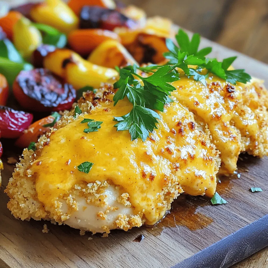 - 4 boneless, skinless chicken breasts - 1 cup cheddar cheese, shredded - 1 cup ranch dressing - 1/2 cup plain breadcrumbs - 1/2 cup panko breadcrumbs - 1 tablespoon garlic powder - 1 teaspoon onion powder - 1 teaspoon smoked paprika - 1/2 teaspoon salt - 1/2 teaspoon black pepper - Fresh parsley, chopped (for garnish) To make Cheddar Ranch Chicken, you need fresh chicken breasts. I love using boneless, skinless chicken because it cooks evenly. You also need shredded cheddar cheese and ranch dressing. The cheese melts beautifully, giving a creamy touch. The ranch adds a zesty flavor that makes each bite special. For the coating, mix plain and panko breadcrumbs. This combo gives a great crunch. I also add some spices for extra flavor. Garlic powder and smoked paprika bring warmth, while onion powder enhances the taste. Salt and black pepper round it all out. Once cooked, fresh parsley makes a perfect garnish. It adds color and freshness to the dish. If you want to see the full process, check the Full Recipe. Enjoy cooking this delicious meal! - Preheat the oven: Start by preheating your oven to 375°F (190°C). This step is crucial for even cooking. - Prepare chicken for cooking: Take your chicken breasts and place them between two sheets of plastic wrap. Use a meat mallet or rolling pin to gently pound them to an even thickness of about 1 inch. This helps the chicken cook evenly. - Make seasoning mix: In a small bowl, mix together garlic powder, onion powder, smoked paprika, salt, and black pepper. This blend adds a delicious kick to your chicken. - Coat chicken with ranch dressing: Take the pounded chicken breasts and rub the seasoning mix all over them. Then, dip each piece into ranch dressing. Make sure every part is coated well. Allow any extra dressing to drip off. - Prepare breadcrumb mixture: In another bowl, combine plain breadcrumbs with panko breadcrumbs. These will create a crispy coating. Add half of the shredded cheddar cheese to this mixture and stir well. - Bread the chicken: Dredge the ranch-coated chicken breasts in the breadcrumb and cheese mixture. Press down gently so the mixture sticks well. - Baking instructions and timing: Place the breaded chicken in a greased baking dish. Bake for about 25-30 minutes. The chicken should reach an internal temperature of 165°F (75°C) when done. - Cheese topping instructions: In the last 5 minutes of baking, pull the dish out and sprinkle the remaining cheddar cheese on top. Put it back in the oven until the cheese melts and bubbles. Follow these steps, and you will have a tasty Cheddar Ranch Chicken, ready to impress! For the complete recipe, check out the [Full Recipe]. To keep your chicken juicy, start with the right thickness. Pound the chicken breasts to about 1 inch. This helps them cook evenly. Use a meat thermometer to check the internal temperature. It should reach 165°F (75°C). This ensures the chicken is safe to eat and juicy. For a crispy coating, use a mix of plain and panko breadcrumbs. The panko adds extra crunch. Press the breadcrumbs onto the chicken firmly. This helps them stick during baking. Bake the chicken at 375°F (190°C) for 25-30 minutes for the best results. Want to kick up the flavor? Try adding more spices to your seasoning mix. You can include cayenne pepper for heat or Italian herbs for a twist. If you love garlic, add more garlic powder for a stronger taste. For dips, ranch dressing pairs well. You can also serve it with honey mustard or barbecue sauce. These dips add great flavor and fun to your meal. Serving your Cheddar Ranch Chicken nicely makes it even more appealing. Place the chicken on a wooden cutting board for a rustic look. Garnish with fresh parsley for color. Pair your chicken with roasted vegetables or a fresh salad. This adds color and nutrition to your plate. A colorful meal makes it more inviting and enjoyable. For the full recipe, check out the detailed instructions above. {{image_2}} You might want to swap out ranch dressing. A great choice is Greek yogurt mixed with herbs. You can also try homemade ranch using buttermilk, mayo, and spices. For cheese, if you lack cheddar, use mozzarella or Monterey Jack. Both melt well and add nice flavor. You can make Cheddar Ranch Chicken in an air fryer. It cooks faster and gives a crispy texture. Set the air fryer to 375°F and cook for 15-20 minutes. Check the chicken’s internal temp is 165°F. Grilling is another option. It adds a smoky taste. Preheat the grill and cook each side for about 6-7 minutes. Baking keeps the chicken juicy. Each method has its perks! You can prepare Cheddar Ranch Chicken ahead of time. Season and coat the chicken, then store it in the fridge. Cook it the next day for a quick meal. For leftovers, let the chicken cool. Place it in an airtight container and store it in the fridge for up to three days. If you want to freeze the chicken, wrap it tightly in foil or freezer bags. It keeps well for up to three months. Just thaw in the fridge before reheating. For the full recipe, check out the Cheddar Ranch Chicken recipe. To keep your Cheddar Ranch Chicken fresh, store leftovers right after cooling. Place the chicken in an airtight container. This helps avoid any unwanted moisture. You can also wrap it tightly in plastic wrap and then place it in a container. - Use glass or plastic containers with lids for best results. - If you want to save space, use a vacuum-sealed bag. Reheating your chicken carefully is key to keeping it juicy. For best results, use an oven or microwave. If using an oven, preheat it to 350°F (175°C). - Place the chicken in a baking dish. - Cover it with foil to keep moisture in. - Heat for about 15-20 minutes, or until warm. If using a microwave, place the chicken on a microwave-safe plate. Heat on medium power for 2-3 minutes. Always check the internal temperature. It should reach 165°F (75°C) before serving. Enjoy your delicious meal again! What can I serve with Cheddar Ranch Chicken? You can serve Cheddar Ranch Chicken with many sides. I love pairing it with roasted vegetables or a fresh salad. Mashed potatoes or rice also work well. These sides complement the rich flavors of the chicken. Can I make this recipe gluten-free? Yes, you can make this recipe gluten-free. Just use gluten-free breadcrumbs instead of regular ones. Many brands offer gluten-free options that taste great. Check the ranch dressing label too, as some may contain gluten. How long does it take to cook chicken in the oven? It takes about 25 to 30 minutes to cook chicken in the oven at 375°F (190°C). The chicken should be cooked through and reach an internal temperature of 165°F (75°C). Always use a meat thermometer for best results. Can I use frozen chicken for this recipe? You can use frozen chicken, but it’s best to thaw it first. Cooking from frozen can lead to uneven cooking. If you must use frozen chicken, extend the cooking time to ensure it’s fully cooked. How many calories are in Cheddar Ranch Chicken? Cheddar Ranch Chicken has around 400 calories per serving. This can vary based on the specific brands of ingredients you use. Always check the labels for accurate information. Is this recipe suitable for meal prep? Yes, this recipe is great for meal prep. You can make it ahead and store it in the fridge for up to four days. It reheats well in the oven or microwave, making it easy to enjoy later. For the full recipe, check the earlier sections. You now have a clear and fun way to make Cheddar Ranch Chicken. We covered ingredients, preparation steps, and tips for success. You can adjust flavors, try different cooking methods, and even meal prep for later. Store leftovers wisely and reheat like a pro. This dish is simple, yummy, and perfect for any night. Enjoy every bite and impress your friends with your skills! Happy cooking!