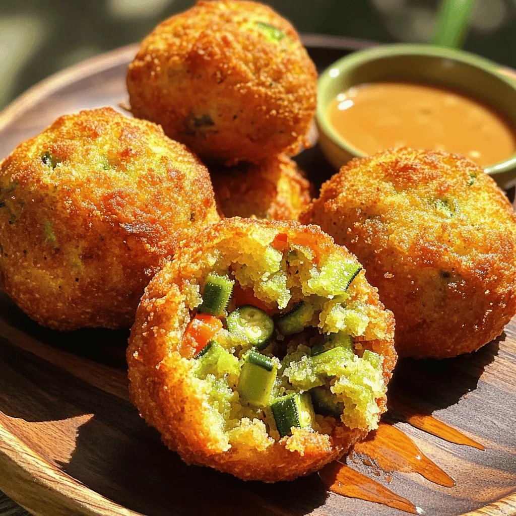 - 1 cup cornmeal - 1/2 cup all-purpose flour - 1 cup fresh okra, chopped - 1/2 cup finely chopped onion - 1/4 cup chopped green bell pepper The main ingredients form the base of your okra hush puppies. Cornmeal gives them that classic texture. All-purpose flour helps bind everything together. Fresh okra adds a unique flavor and fun texture. Onions and green bell peppers bring sweetness and crunch. - 1 tablespoon baking powder - 1 teaspoon salt - 1/2 teaspoon black pepper - 1/2 teaspoon paprika - 1/2 teaspoon garlic powder These spices make the hush puppies pop! Baking powder makes them light and fluffy. Salt enhances all the flavors. Black pepper adds a hint of heat. Paprika gives a lovely color and smokiness, while garlic powder adds depth. - 1/2 cup buttermilk - 1 large egg - Vegetable oil for frying The wet ingredients bring everything together. Buttermilk adds a tangy flavor and moisture. The egg binds the batter, creating a lovely texture. Vegetable oil is crucial for frying, ensuring that your hush puppies turn out crispy and golden. For the Full Recipe, check the detailed instructions to create these tasty treats! Start by grabbing a large mixing bowl. In it, combine 1 cup of cornmeal and 1/2 cup of all-purpose flour. Add 1 tablespoon of baking powder, 1 teaspoon of salt, and 1/2 teaspoon each of black pepper, paprika, and garlic powder. Use a whisk to mix these dry ingredients well. Make sure everything blends evenly with no clumps. This step is key for great flavor in your hush puppies. Next, chop 1 cup of fresh okra and finely chop 1/2 cup of onion and 1/4 cup of green bell pepper. Add these veggies to your dry mix. Stir gently to coat them with the flour mixture. In another bowl, whisk together 1/2 cup of buttermilk and 1 large egg until smooth. Slowly pour this wet mixture into the dry ingredients. Stir until just combined. It’s okay if the batter is a bit lumpy; this helps keep the hush puppies light and fluffy. Now it’s time to fry! Heat vegetable oil in a deep frying pan or skillet to 350°F (175°C). To check if the oil is ready, drop a small spoonful of batter into it. If it sizzles and floats, you’re good to go. Using a spoon or small ice cream scoop, drop spoonfuls of the batter into the hot oil. Don’t overcrowd the pan; this can make them soggy. Fry for about 3-4 minutes on each side until they turn golden brown. Once cooked, remove them and place on a paper towel-lined plate to drain excess oil. Enjoy this crispy and flavorful delight! For the full recipe, check the details above. To make the best okra hush puppies, you must not overmix the batter. Overmixing makes the hush puppies dense and tough. Mix just until the dry ingredients and wet ingredients come together. Lumpy batter is okay; it keeps them fluffy. Frying temperature is also key. Heat your oil to 350°F (175°C). If it's too cool, the hush puppies soak up oil. If it's too hot, they burn outside but stay raw inside. Use a small spoon of batter to test the oil. If it sizzles and rises, you’re ready to fry! Serving these hush puppies is fun! I love to pair them with a tangy dipping sauce. Try ranch dressing or a spicy remoulade for a kick. You can use a simple plate or a rustic wooden board for a nice touch. To plate them, stack a few hush puppies in a small bowl. Place it on a colorful plate with sauces around it. This makes for a great visual appeal and invites people to dig in! One common mistake is overcrowding the frying pan. If you add too many hush puppies at once, they will stick together. This also cools down the oil. Fry in small batches for the best results. Another mistake is using incorrect oil temperature. Always check the heat before frying. Too low means soggy hush puppies; too high means burnt ones. Keep your oil at the right temperature for crispy, golden-brown results. {{image_2}} You can easily switch up the veggies in okra hush puppies. Try adding corn, zucchini, or diced carrots for extra color and taste. These swaps keep the hush puppies fresh and exciting. If you need a gluten-free option, use a gluten-free flour blend instead of all-purpose flour. This keeps the texture right while making it safe for those with gluten issues. To add a cheesy twist, mix in some shredded cheddar cheese. This gives the hush puppies a rich, creamy flavor. You can also play with spices. Adding cayenne or a dash of hot sauce brings heat and depth. In some regions, people add crawfish or shrimp for a seafood touch. This change makes the dish even more special. Okra hush puppies shine as both an appetizer and a main dish. Serve them warm with a dipping sauce like ranch or tartar sauce to start a meal. Pair them with fried catfish or collard greens to create a true Southern feast. They’re perfect for gatherings or a cozy dinner at home. To store your leftover okra hush puppies, let them cool first. Place them in an airtight container. You can store them in the fridge for up to three days. Make sure they are sealed well to keep them fresh. For the best crispiness, reheating in the oven works best. Preheat your oven to 350°F. Place the hush puppies on a baking sheet and warm them for about 10 minutes. This method keeps them crunchy. If you use a microwave, they may turn soft. If you must use it, heat them for 30 seconds at a time. Yes, you can freeze hush puppies! To freeze, let them cool completely. Arrange them in a single layer on a baking sheet and freeze until solid. Once frozen, transfer them to a freezer bag. They can stay in the freezer for up to three months. To thaw, place them in the fridge overnight before reheating. Enjoy your crispy okra hush puppies later! For the full recipe, check the earlier section. You can serve okra hush puppies with many tasty sides. Here are some great options: - Coleslaw - Fried green tomatoes - Grilled shrimp - Spicy remoulade sauce - A cold beer or sweet tea These sides pair well and bring out the okra flavor in the hush puppies. Yes, you can make hush puppies ahead of time. Prepare the batter and store it in the fridge for up to two hours. When you're ready, fry them fresh for the best taste. If you want to reheat cooked hush puppies, place them in a warm oven. This keeps them crispy and delicious. The classic hush puppy recipe uses egg and buttermilk. You can make it vegan by swapping these ingredients. Use a flax egg instead of a regular egg. Mix one tablespoon of ground flaxseed with three tablespoons of water, then let it sit until it thickens. For buttermilk, use plant milk mixed with lemon juice or vinegar. These swaps keep the flavor! If you like heat, you can make okra hush puppies spicier. Here are some ideas: - Add diced jalapeños or serrano peppers to the batter - Mix in cayenne pepper or chili powder - Serve with a spicy dipping sauce These additions make for a bold flavor that enhances the dish! For the best results, check out the Full Recipe for more tips. You now have a solid recipe for okra hush puppies, packed with flavor and texture. We covered essential ingredients like cornmeal, fresh veggies, and spices. The step-by-step guide ensures your frying technique is spot on. Use our tips to avoid common mistakes and achieve the perfect dish. Remember, you can customize flavor and presentation to suit your style. Store extras properly, and enjoy them later. With these insights, you'll impress friends and family at your next gathering. Dive into this Southern classic and make it your own!