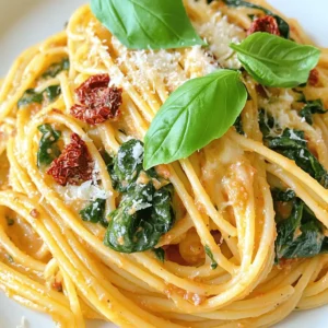 - 8 oz spaghetti - 2 cups fresh spinach, washed and chopped - 1 cup sun-dried tomatoes, chopped - 1 cup heavy cream - 1 tablespoon olive oil - 2 cloves garlic, minced - 1/2 cup grated Parmesan cheese - 1/4 teaspoon red pepper flakes (optional) - Salt and pepper to taste - Fresh basil leaves, for garnish When I make this dish, I start with the main ingredients. The spaghetti forms the base. I love using fresh spinach for its bright color and nutrients. Sun-dried tomatoes add a rich, tangy flavor that pairs well with the cream. Heavy cream brings all the flavors together and makes the sauce luscious. Next, I move on to the seasonings. Garlic is a must for that aromatic kick. Parmesan cheese gives depth and a salty touch. If you like heat, add red pepper flakes. I always season with salt and pepper to bring out the tastes. This dish is not just easy to prepare, but it also looks vibrant on the plate. The green spinach, red tomatoes, and creamy sauce create a feast for the eyes. You can find the full recipe to guide your cooking adventure. First, bring a pot of salted water to a boil. Use enough water to allow the spaghetti to move freely. Add 8 ounces of spaghetti to the boiling water. Cook it according to the package instructions until it reaches al dente. This usually takes about 8 to 10 minutes. When done, drain the spaghetti, but save about 1/2 cup of the pasta water for later. Next, take a large skillet and heat 1 tablespoon of olive oil over medium heat. Once the oil is warm, add 2 minced garlic cloves. Sauté the garlic for about 1 minute until it gives off a nice aroma. Now, stir in 1 cup of chopped sun-dried tomatoes. Cook these for another 2 to 3 minutes. This step allows the tomatoes to soak up the garlic flavor. Now it’s time to make the sauce creamy. Pour in 1 cup of heavy cream and stir well. Bring this mixture to a gentle simmer. Add in 1/2 cup of grated Parmesan cheese. Stir until the cheese melts and blends into the sauce. Then, toss in the 2 cups of chopped spinach. Cook until it wilts, about 2 to 3 minutes. If the sauce feels too thick, add a little reserved pasta water until it reaches your desired consistency. Finally, mix in the cooked spaghetti, tossing it until every strand is coated. Season with salt, pepper, and red pepper flakes if you want some heat. Enjoy your savory spaghetti with spinach and sun-dried tomato cream sauce! For a complete guide, check the Full Recipe. To make great spaghetti, start by using a large pot. Fill it with water and add salt. Salt helps the pasta gain flavor as it cooks. Bring the water to a boil before adding the spaghetti. Cook it until it is al dente, which means it should still have a slight bite. This texture is key! After cooking, drain the spaghetti but save some pasta water. You will use it later to adjust your sauce. For a creamy sauce, use heavy cream. Heat it gently to avoid boiling. Stir in the grated Parmesan cheese until it melts into the cream. This step is what makes the sauce rich and smooth. If the sauce becomes too thick, add a splash of the reserved pasta water. This will help to loosen it up and make it easier to coat the spaghetti. When plating your dish, don’t forget the basil. Fresh basil adds color and a lovely aroma. Tear a few leaves and sprinkle them on top right before serving. For cheese, consider using extra Parmesan or even a sprinkle of feta for a twist. The cheese not only adds flavor but also makes the dish look more appealing. Serve it hot for the best taste! {{image_2}} You can add protein to this dish easily. Grilled chicken or shrimp makes it heartier. Simply cook your protein of choice before adding it to the spaghetti. You can also try vegetarian options like beans or tofu. Both add protein and blend well with the flavors. To boost flavor, consider incorporating fresh herbs. Basil, parsley, or thyme work great. You can also experiment with different cheeses. While Parmesan is classic, try feta or goat cheese for a tangy twist. These options add depth and richness to your dish. If you need a dairy-free version, use coconut cream or a nut-based cream. This keeps the sauce creamy without dairy. For those avoiding gluten, try gluten-free spaghetti made from rice or lentils. These alternatives ensure everyone can enjoy this tasty meal. To keep your spaghetti and spinach with sun-dried tomato cream sauce fresh, use an airtight container. Make sure to let the dish cool down first. Store it in the fridge for up to three days. If you want to keep it longer, consider freezing. This dish can last up to three months in the freezer. Just remember to label the container with the date. When you're ready to enjoy your leftovers, reheat them gently. I recommend using a skillet over low heat. This method warms the dish evenly while keeping the flavor intact. If the sauce looks thick, add a splash of milk or reserved pasta water. This helps bring back the creamy texture. Stir often to ensure even heating and to prevent sticking. Enjoy your meal just as much the second time around! Yes, you can use dried spinach. However, the texture and flavor will change. Dried spinach lacks the bright, fresh taste of its fresh counterpart. It also loses the tender bite when cooked. If you choose dried spinach, soak it in water first. This will help soften it. You’ll need less dried spinach than fresh. Use about one-quarter of the amount. To spice up your sauce, add red pepper flakes. Start with a pinch and taste. You can always add more. If you like heat, consider using chili powder or cayenne pepper. Another option is to mix in diced jalapeños. For a unique twist, try adding hot sauce. This will give you control over the heat level. Yes, you can prep this dish ahead. Cook the spaghetti and sauce, then store them separately. Keep the sauce in the fridge and the pasta in an airtight container. This will help keep the pasta from getting soggy. When you’re ready to eat, reheat the sauce on low heat. Add a splash of water if it’s too thick. Toss in the spaghetti when the sauce is warm. This dish pairs well with a fresh salad. A simple mixed greens salad with a light vinaigrette works great. You can also serve garlic bread on the side. It adds a nice crunch and complements the creamy sauce. For a heartier meal, roasted vegetables or grilled chicken make tasty options. Enjoy the full recipe for more ideas! This blog post covered how to create a delightful spaghetti dish with spinach and sun-dried tomatoes. You learned about the key ingredients, step-by-step cooking instructions, and helpful tips for the best results. Also, I shared ways to customize the dish for different diets. Remember, cooking is about creativity and enjoying the process. So, experiment with flavors and make this dish your own. Happy cooking!