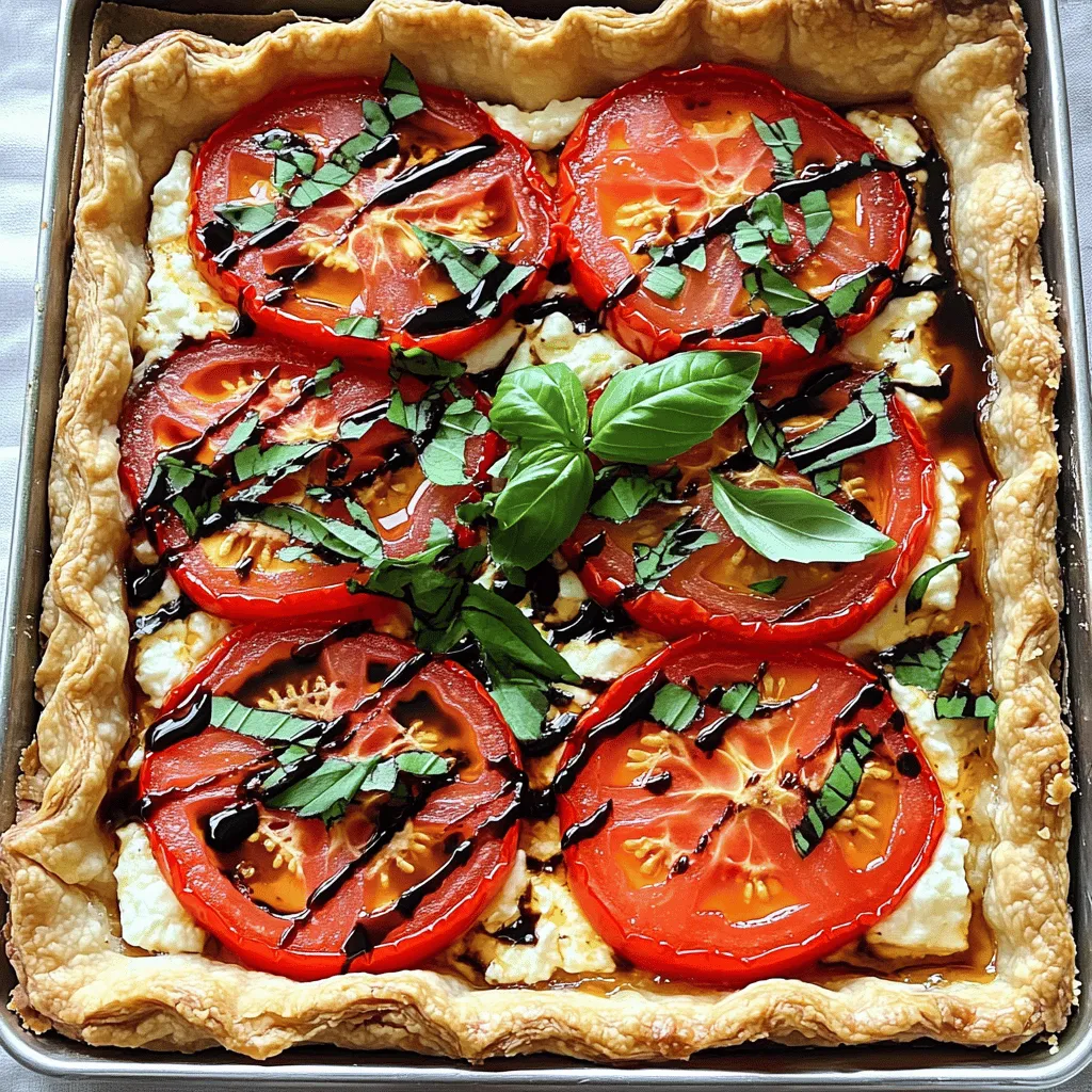 - 1 pre-made flaky pie crust - 4 large ripe tomatoes, sliced - 1 cup ricotta cheese - 1 cup shredded mozzarella cheese - 2 tablespoons fresh basil, chopped - 1 teaspoon dried oregano - 1 tablespoon olive oil - Salt and pepper to taste - Balsamic glaze for drizzling (optional) Choosing the right ingredients is key to making the best tomato tart. Start with a good pie crust. A flaky crust holds the tart together and adds texture. I love using a pre-made crust for ease, but you can also make your own if you wish. For the tomatoes, look for large, ripe ones. Varieties like heirloom or beefsteak work great. These have rich flavors. When selecting, choose tomatoes that feel firm but slightly soft to the touch. This indicates ripeness. Next, fresh basil adds a bright taste. Look for vibrant green leaves. Dried oregano gives depth to the flavor. Don't skimp on salt and pepper; they brighten the dish. The balsamic glaze is optional but adds a nice touch of sweetness. Remember, using fresh and seasonal ingredients makes your tart shine. You can find the complete recipe in the Full Recipe section above. 1. Preheating the oven: Start by preheating your oven to 400°F (200°C). This step is key. A hot oven helps crisp the crust. 2. Rolling out the pie crust: Next, take your pre-made flaky pie crust. Roll it out on a clean surface. Make it big enough to fit your tart pan. 3. Pricking the crust: Once in the pan, press the crust into the edges. Use a fork to prick the bottom. This prevents the crust from bubbling up while baking. 1. Combining ricotta and mozzarella: In a mixing bowl, add 1 cup of ricotta cheese and 1 cup of shredded mozzarella cheese. These cheeses give the tart a creamy base. 2. Adding herbs and seasoning: Stir in 2 tablespoons of chopped fresh basil, 1 teaspoon of dried oregano, 1 tablespoon of olive oil, and salt and pepper. Mix until it’s smooth and well combined. 1. Spreading the cheese mixture: Now, take your cheese mixture and spread it evenly over the prepared crust. Make sure to cover it completely. 2. Arranging tomato slices: Next, grab your sliced tomatoes. Arrange them on top of the cheese mixture, slightly overlapping them. This creates a beautiful look. 3. Baking time and temperature: Drizzle a little olive oil over the tomatoes and sprinkle with extra salt and pepper. Bake the tart in your preheated oven for 30-35 minutes. Wait until the crust is golden and the tomatoes are soft. For the full recipe, check out the earlier section. Enjoy your cooking! To keep your crust flaky, use cold ingredients. Cold butter or lard makes a big difference. When mixing, don’t overwork the dough. Less handling keeps it tender. To prevent a soggy bottom, prick the crust with a fork. This allows steam to escape while baking. For the best taste, use fresh herbs. Combine basil with oregano for a great mix. Adding salt and pepper enhances the tomato flavor. You can also try a pinch of red pepper flakes for heat. Personalize your tart by adding your favorite herbs. Thyme or rosemary works well too. Arrange the tomato slices in a circular pattern. Overlap them slightly for a beautiful look. Drizzle olive oil over the top before baking. This adds shine and flavor. After baking, sprinkle fresh basil leaves on top. A drizzle of balsamic glaze adds a nice touch. It looks great and tastes amazing! {{image_2}} You can switch out the ricotta and mozzarella cheese in this recipe. Cream cheese works well if you want a richer flavor. You can also use cottage cheese for a lighter option. Feta cheese adds a salty touch. It pairs nicely with tomatoes and gives the tart a unique taste. Goat cheese is another great choice. It has a creamy texture and tangy flavor that complements the tomatoes beautifully. Feel free to add more vegetables to your tart. Zucchini, bell peppers, or onions work well. You can even toss in some spinach for added nutrition. Seasonal vegetables add fresh flavors. In summer, try fresh corn or roasted peppers. In fall, consider adding sliced mushrooms or butternut squash. These changes keep your tart interesting and delicious all year. If you need gluten-free options, use a gluten-free pie crust. Many stores sell them now. You can also make your own using almond flour or other gluten-free flours. For vegan diets, skip the cheese and use a nut-based cheese instead. A mix of cashews and nutritional yeast can mimic the cheese flavor. You can also use silken tofu blended with spices for a creamy texture. These options help everyone enjoy the tart! After you enjoy your tomato tart, you may have some left. To keep it fresh: - Refrigeration guidelines: Place any leftover tart in an airtight container. Store it in the fridge for up to 3 days. Make sure it cools completely before sealing the container to avoid moisture build-up. - Freezing instructions: If you want to save it longer, freeze the tart. Wrap it tightly in plastic wrap and then in aluminum foil. It can last in the freezer for up to 2 months. When you’re ready to eat it again, thaw it in the fridge overnight before reheating. Reheating your tomato tart can be easy and rewarding. Here’s how: - Best methods for reheating: The oven works best. Preheat your oven to 350°F (175°C). Place the tart on a baking tray and cover it with foil to prevent burning. Heat for about 15-20 minutes, or until warm. - Maintaining texture and flavor: Avoid using the microwave as it can make the crust soggy. The oven keeps the crust crispy while heating the filling evenly. If you like, add a drizzle of olive oil before reheating for extra flavor. For the full recipe, check the earlier section. Enjoy your delicious tomato tart! The tomato tart lasts about 3 to 5 days in the fridge. To store it, cover the tart with plastic wrap or foil. This keeps it fresh and prevents it from drying out. Make sure to place it in an airtight container for better results. Yes, you can make the tomato tart ahead of time. I suggest preparing the tart in the morning and baking it later. You can also bake it a day before and reheat it. This way, the flavors can blend well, and it will taste great. You can serve the tomato tart with a fresh salad or grilled vegetables. A light vinaigrette pairs well, adding a nice tang. You might also enjoy it with a side of garlic bread. These options complement the tart’s rich flavors. Yes, the tomato tart is perfect for vegetarians. It uses only vegetables and dairy. If you want a vegan option, replace the cheese with vegan alternatives. You can also use a gluten-free crust for those with gluten sensitivities. For the full recipe, check out the Ultimate Savory Tomato Tart. This blog post covered how to make a delicious tomato tart. You learned about the ingredients, like fresh tomatoes and cheese. I shared tips on selecting ripe tomatoes and making a flaky crust. Plus, you got ideas for adding your twist with different ingredients. In closing, I hope you feel inspired to try this recipe. A homemade tomato tart is a treat you can enjoy anytime. Happy cooking!