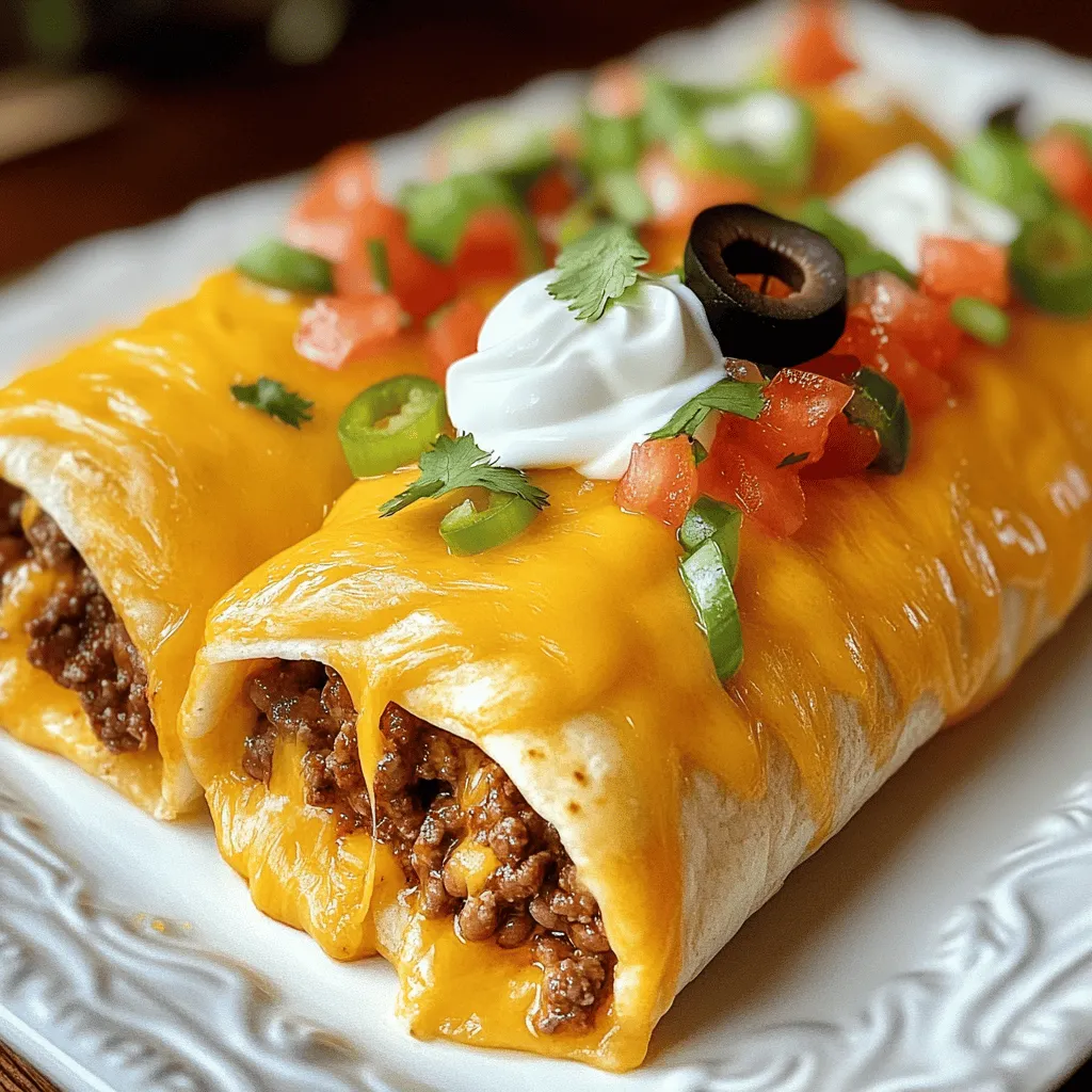 - 1 lb ground beef - 1 packet taco seasoning - 4 large flour tortillas - 2 cups shredded cheddar cheese - 1 cup refried beans - 1 cup sour cream To make a tasty Beefy Melt Burrito, you need a few key ingredients. Ground beef is your main protein. It brings richness and flavor. Taco seasoning adds the classic Mexican flair. Flour tortillas are perfect for wrapping all those delicious layers. Shredded cheddar cheese gives a melty, creamy texture. Refried beans add a hearty feel, while sour cream lends a cool contrast. - 1/2 cup diced tomatoes - 1/4 cup chopped green onions - 1/4 cup sliced black olives - Salsa for topping You can take this burrito to the next level with optional ingredients. Diced tomatoes add freshness. Chopped green onions give a nice crunch. If you like, sliced black olives can add a briny flavor. Salsa is a great topping for that extra zing. - Serving size and portion calculations: This recipe serves 4. Each burrito makes a filling meal. - Nutritional information overview: Each burrito includes protein, carbs, and fats. Check the full recipe for exact numbers. This simple guide should help you gather all you need to make a Beefy Melt Burrito. Enjoy creating this delightful dish at home! 1. Start by browning 1 pound of ground beef in a skillet over medium heat. Use a spatula to break the meat apart. Cook it until it turns brown and no longer pink. 2. After cooking, drain any extra fat from the beef. Then, add 1 packet of taco seasoning and 1 cup of water. Stir everything well. Let it simmer for about 5 minutes. This makes the mixture thick and tasty. - To warm the tortillas, place them on a dry skillet over medium heat. Heat each side for about 30 seconds. This makes them soft and easy to roll. - For better rolling, try not to overfill the tortilla. Leave space at the edges. This way, your burrito will stay together when you roll it. 1. Take a warm tortilla and spread a spoonful of refried beans down the center. 2. Next, add a good portion of the beef mixture on top of the beans. 3. Sprinkle shredded cheddar cheese over the beef. Then, add a dollop of sour cream, diced tomatoes, and chopped green onions. If you like, toss in some black olives too. 4. To fold it, bring in the sides of the tortilla first. Then, roll it up from the bottom to keep the filling secure. - To crisp the burrito, place it seam-side down in the skillet. Cook each side for about 2 minutes until golden brown. - If you prefer, you can also bake the burritos in the oven. Just place them on a baking sheet and bake at 350°F for about 10 minutes. This simple guide will help you make a delicious Taco Bell Beefy Melt Burrito at home. For the full recipe, check the section above. Enjoy your cooking adventure! - Spice level adjustments: You can change the heat by adding more or less taco seasoning. For a kick, try adding some cayenne pepper or chili powder. Start small, and taste as you go. - Alternative seasonings: If you want to mix things up, use smoked paprika or cumin. These spices add depth and richness to your burrito. - Overfilling the burrito: It’s easy to get carried away. Too much filling makes rolling tough. Stick to a good balance of beef, beans, and cheese for a perfect wrap. - Cooking time tips: Don’t rush the beef mixture. Let it simmer well. This helps the flavors blend and thickens the sauce. A few extra minutes make a big difference. - Serving suggestions: Cut the burrito in half to show off the layers. Serve with a side of salsa and tortilla chips for crunch. A colorful plate adds to the appeal. - Garnishes and sides to complement: Fresh cilantro or a sprinkle of lime juice brightens the dish. Add sliced jalapeños for extra heat. Consider a side of guacamole or a simple salad for freshness. {{image_2}} You can make a tasty vegetarian version of the Beefy Melt Burrito. Simply swap the ground beef for either refried beans or a meat alternative. Black beans or lentils work great here. They add texture and protein. Make sure to season them well with taco seasoning for that classic flavor. If you love heat, try adding jalapeños or spicy salsa. Chopped fresh jalapeños can give your burrito a nice kick. You can also mix in some spicy salsa with your beef mixture. This twist will make sure each bite is bursting with flavor. Looking for a low-carb option? Use lettuce wraps instead of tortillas. Just layer your fillings on large lettuce leaves. You can also reduce the calories by using low-fat cheese and sour cream. This way, you can still enjoy the rich taste without the extra fat. To keep your Beefy Melt Burrito fresh, follow these steps: - Refrigeration techniques: Place leftovers in an airtight container. This keeps moisture in and prevents drying. Store in the fridge for up to 3 days. - Freezing options: Wrap each burrito in foil or plastic wrap. Place in a freezer bag to prevent freezer burn. You can freeze them for up to 2 months. You can reheat your burritos using different methods: - Microwave: Place the burrito on a microwave-safe plate. Heat for 1-2 minutes until hot. - Skillet: Heat a skillet over medium heat. Cook the burrito for about 3-4 minutes on each side until warm and crispy. - Oven: Preheat the oven to 350°F. Wrap the burrito in foil and bake for about 15-20 minutes. Knowing how long your burritos last is key: - Duration for refrigerated storage: They last for about 3 days in the fridge. - Duration for frozen storage: They can stay good in the freezer for about 2 months. Enjoy your tasty burrito while it’s fresh! For the full recipe, check out the Beefy Cheesy Dream Burrito . A Taco Bell Beefy Melt Burrito has about 440 calories. It packs in 20 grams of protein, which is great for energy. The burrito also contains 22 grams of fat and 46 grams of carbs. If you compare it to a homemade version, you can adjust the calories to fit your diet by controlling the ingredients. Yes, you can make this burrito ahead of time. Prepare the filling and wrap them in tortillas. Store them in an airtight container in the fridge. They stay fresh for about three days. For longer storage, freeze the wrapped burritos. They keep well for up to three months. You can add many tasty toppings to your burrito. Some great options include: - Diced tomatoes - Chopped green onions - Sliced black olives - Salsa - Avocado or guacamole These toppings add flavor and texture, making each bite fun. The homemade version of the Beefy Melt Burrito is fresher and customizable. You control the ingredients and their quality. It allows you to adjust flavors and spice levels. The texture is also different. Homemade burritos tend to be softer, while Taco Bell’s are a bit firmer. Try both to see which one you like best. In this blog post, we explored the Taco Bell Beefy Melt Burrito. We covered its main and optional ingredients, plus cooking steps. I shared tips for flavor, common mistakes, and presentation ideas. You can also try variations to fit your taste. Homemade burritos can be delicious, customizable, and fun to make. Enjoy creating your own version, and keep experimenting with flavors!