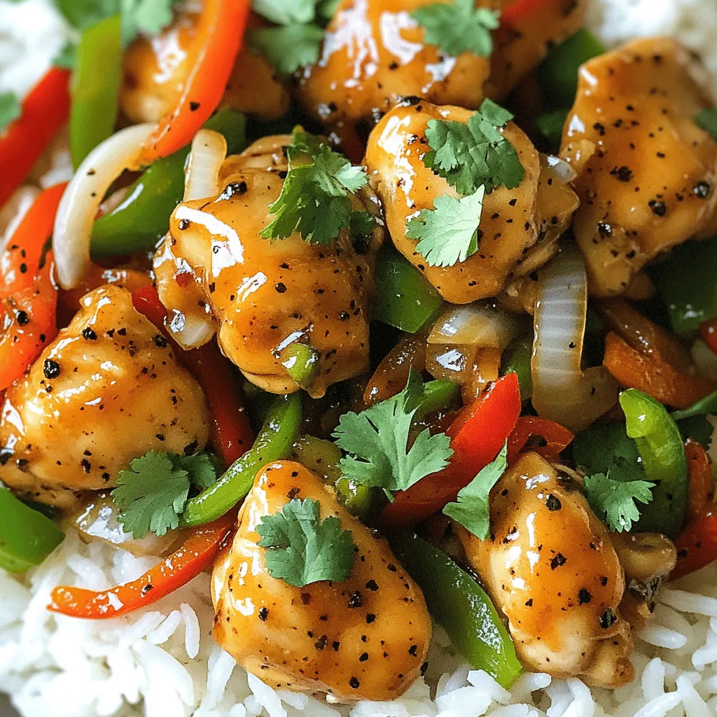 - 500g boneless chicken thighs - 2 tablespoons black peppercorns - 3 cloves garlic - 1 tablespoon ginger - 1 green bell pepper - 1 red bell pepper - 1 medium onion - 3 tablespoons soy sauce - 1 tablespoon honey - 2 tablespoons cornstarch - 3 tablespoons vegetable oil - Salt to taste - Fresh cilantro for garnish Black pepper is the star of this dish. It adds a warm, spicy kick. The crushed black peppercorns enhance the chicken’s flavor. They bring depth and complexity to each bite. I prefer chicken thighs over other cuts for their juiciness. Chicken thighs stay tender and flavorful during cooking. They absorb the sauce well, giving you more taste. Cornstarch plays a key role in the dish's texture. It helps create a nice, crispy coating on the chicken. This gives you that perfect crunch when you bite into it. With these ingredients, you create a dish full of flavor. Each component works together, making your cooking exciting and tasty. For the complete recipe, check out the [Full Recipe]. - Marinating the chicken Start by cutting the chicken thighs into bite-sized pieces. Place them in a bowl and add the crushed black peppercorns, cornstarch, a pinch of salt, and one tablespoon of soy sauce. Mix everything well. Let the chicken sit for at least 30 minutes. This step helps to tenderize the meat and boost the flavor. - Slicing vegetables While the chicken marinates, slice the green and red bell peppers and the onion. Aim for uniform pieces. This way, they will cook evenly and look great in the dish. - Cooking chicken to golden perfection Heat two tablespoons of vegetable oil in a large skillet or wok over medium-high heat. Add the marinated chicken pieces. Cook them until they turn golden brown and are fully cooked. This usually takes about 5 to 7 minutes. Once done, remove the chicken from the skillet and set it aside. - Sautéing garlic, ginger, and vegetables In the same skillet, if needed, add one more tablespoon of oil. Toss in the minced garlic and ginger. Sauté them for about 30 seconds until they become fragrant. Then, add the sliced onions and bell peppers. Cook for about 3 to 4 minutes until they start to soften. - Combining ingredients Return the cooked chicken to the skillet. Drizzle in the remaining two tablespoons of soy sauce and one tablespoon of honey. Toss everything together to coat the chicken and veggies evenly. Stir-fry for an additional 2 to 3 minutes to blend the flavors. - Adjusting seasoning before serving Taste your dish and adjust the seasoning if needed. You can add more salt or black pepper based on your preference. Once you’re happy with the flavor, remove the skillet from heat. Garnish with fresh cilantro before serving. For the complete recipe, check out [Full Recipe]. Enjoy your flavorful black pepper chicken! - Best practices for stir-frying: Use high heat to cook quickly. This keeps the chicken juicy and tender. Make sure to prep all your ingredients ahead of time. Once you start cooking, things move fast! Stir constantly to avoid burning. - Tips for achieving the right level of tenderness: Marinate your chicken for at least 30 minutes. This helps the meat absorb flavors and stay moist. Cook chicken pieces in small batches. This prevents steaming, keeping the meat tender and golden. - Plating tips with rice: Serve your Black Pepper Chicken over fluffy jasmine rice. The white rice looks great against the dark chicken. Make a slight well in the rice to hold the sauce. This adds a nice touch! - Garnishing ideas for visual appeal: Top your dish with fresh cilantro. It adds color and a fresh taste. You can also sprinkle extra crushed black pepper on top. This gives a nice pop and hints at the dish's flavor. - Adding spices or sauces: For extra depth, consider adding a splash of sesame oil. This adds a nutty flavor that pairs well with the black pepper. You can also try a dash of chili sauce for heat. - Customizing heat levels: If you like more spice, add sliced fresh chilies. You can also use more black pepper if you enjoy that kick. Adjust to your taste for a perfect blend of flavors. With these tips and tricks, your Black Pepper Chicken can shine on any table. For the full details, check out the Full Recipe. {{image_2}} You can switch out chicken for other proteins. Tofu is a great choice for a vegetarian dish. It soaks up flavors well and adds a nice texture. Shrimp is another tasty option. It cooks fast and pairs nicely with the black pepper. For a plant-based meal, you can use tempeh or seitan. Both give a hearty feel and work well in stir-fries. Feel free to mix in seasonal veggies. Bell peppers are classic, but try zucchini or snap peas too. They add crunch and color to your dish. You can also add greens like bok choy. It cooks fast and adds a fresh taste. Just slice it thin and toss it in during the last few minutes of cooking. Black Pepper Chicken is not just for rice. You can wrap it in lettuce for a fresh bite. This adds a crunchy texture and is fun to eat. You can also use tortillas for a tasty twist. Serving it over salads is a great idea too. It adds protein and flavor to your greens. Try it with a light dressing to keep it fresh. For the full recipe, check out the details above. To keep your Black Pepper Chicken fresh, follow these tips: - Refrigerate leftovers: Place cooled chicken in an airtight container. Store it in the fridge for up to 3 days. - Freezing options: You can freeze the chicken for up to 2 months. Use a freezer-safe container or bag for best results. When it's time to enjoy leftovers, use these methods: - Microwave: Heat on medium power. Stir halfway through for even warming. - Skillet: Warm in a skillet over low heat. This helps keep the chicken juicy. - Avoid sogginess: Don't cover the dish tightly while reheating. This helps prevent steam buildup. To ensure safe eating, note these details: - In the fridge: Keep for up to 3 days. After that, the taste and quality decline. - Signs of spoilage: Look for off smells, changes in color, or slimy texture. If you see any of these signs, it's best to toss it. Black Pepper Chicken is a spicy and savory dish. It features tender chicken pieces tossed in crushed black pepper. The dish also includes garlic, ginger, and colorful bell peppers. You will love the bold flavors from soy sauce and honey. This dish is easy to make and very satisfying. Yes, you can prepare Black Pepper Chicken in advance. Marinate the chicken for up to a day. Store the marinated chicken in the fridge until you are ready to cook. You can also cook the dish and refrigerate it. Just reheat it gently on the stove or in the microwave. This makes it great for meal prep! You can serve Black Pepper Chicken with several tasty sides. Here are some popular options: - Jasmine rice - Steamed broccoli - Fried rice - Noodles - A fresh salad These sides enhance the meal and balance the spice of the chicken. Yes, you can easily modify this recipe. For a gluten-free version, use tamari instead of soy sauce. If you want a low-carb option, swap the chicken for tofu or shrimp. You can also add more vegetables to make it heartier. These changes keep the dish tasty while meeting your dietary needs. This dish showcases the joy of cooking with simple, fresh ingredients. You learned how to marinate chicken and layer flavors using black pepper, garlic, and ginger. The tips for cooking techniques and serving suggestions help elevate your meal. Don't forget, you can also adapt the recipe with different proteins and veggies. Storing and reheating leftovers properly ensures great taste every time. I encourage you to try this recipe and make it your own. Happy cooking!