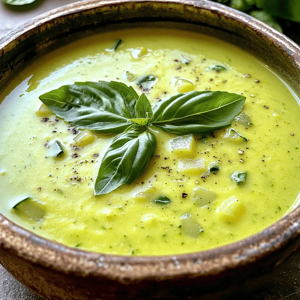 - 4 medium zucchinis, chopped - 1 large onion, diced - 2 cloves garlic, minced - 2 medium potatoes, peeled and diced - 4 cups vegetable broth - 1 cup coconut milk - 2 tablespoons olive oil Zucchinis are the star of this dish. They add a fresh, mild flavor. Choose firm zucchinis with a bright color. Onion and garlic bring depth. They create a solid base for the soup. Potatoes add creaminess. They help to thicken the soup nicely. Vegetable broth gives it a rich taste. Coconut milk adds a delightful creaminess and sweetness. - 1 teaspoon dried thyme - 1 teaspoon lemon zest - Salt and pepper to taste Dried thyme gives the soup a warm, herbal note. Lemon zest brightens the flavor. It brings a refreshing hint of citrus. Salt and pepper enhance all the tastes. Adjust them to your liking. - Fresh basil leaves - Additional herbs Fresh basil leaves make a lovely garnish. They add a pop of color and flavor. You can use other herbs too, like parsley or chives. These small touches elevate the final dish. For the full recipe, check the details above. - Chopping Zucchinis and Dicing Onion: Start by washing your zucchinis well. Chop them into small pieces. Next, take a large onion and dice it finely. The smaller the pieces, the better they cook. - Mince Garlic and Peel Potatoes: Grab two cloves of garlic. Mince them until they are tiny bits. Then, peel two medium potatoes. Dice them into small cubes. This helps them cook evenly. - Sautéing the Onion and Garlic: In a large pot, heat two tablespoons of olive oil over medium heat. Add the diced onion and cook for about five minutes. Wait until the onion is soft and clear. Then, add in the minced garlic. Cook for one more minute until you smell that yummy garlic scent. - Adding Zucchinis and Potatoes to the Pot: Now, it’s time to add your chopped zucchinis and diced potatoes to the pot. Stir everything together so they mix well with the onion and garlic. - Simmering with Broth and Thyme: Pour in four cups of vegetable broth. Add one teaspoon of dried thyme. Raise the heat to bring the mix to a boil. Once boiling, reduce the heat and let it simmer for about 15 to 20 minutes. You want the zucchinis and potatoes to be soft. - Using an Immersion Blender: After the veggies are soft, take an immersion blender. Blend the soup right in the pot until it is smooth and creamy. Be careful, as the soup is hot! - Transferring to a Countertop Blender: If you don’t have an immersion blender, pour the soup into a countertop blender. Blend it in batches until you reach that creamy texture. Make sure to let the steam escape to avoid spills. For the full recipe, refer back to the main section. Enjoy your smooth zucchini soup! Choosing the Right Type of Coconut Milk For a rich and smooth texture, use full-fat coconut milk. This type gives your soup that creamy, dreamy quality. Light coconut milk works too, but it may not be as rich. Always check the can for added sugars or preservatives. Pure coconut milk is best for flavor. Blending Techniques for Smooth Soup To achieve the perfect creaminess, an immersion blender is your best friend. It lets you blend right in the pot. If you prefer using a countertop blender, do it in small batches. Always let the soup cool a bit before blending. This prevents any hot splashes and keeps your kitchen safe. Adding Citrus or Spices A splash of lemon juice brightens the soup. You can also add lemon zest for a fresh kick. Experiment with spices like nutmeg or cayenne for warmth. Just a pinch can make a big difference. Start small and adjust to your taste. Using Fresh Herbs Fresh herbs add depth to your soup. Basil and parsley work well. Stir them in right before serving for the best flavor. You can also use thyme or chives for a different twist. Fresh herbs elevate your dish and make it more vibrant. Pairing with Crusty Bread Serve your soup with warm, crusty bread. A good baguette or sourdough complements the creamy soup. You can dip the bread for extra enjoyment. It makes for a satisfying meal any time of year. Ideal Accompaniments Consider a light salad or some roasted veggies on the side. These pair nicely with the soup's creaminess. You can even add a sprinkle of cheese on top for extra flavor. It’s all about finding the right balance to enhance your meal. For the full recipe, check out the [Full Recipe]. {{image_2}} Incorporating Chicken or Tofu You can easily add protein to your creamy zucchini soup. For a hearty option, try cooked chicken. Just shred it and stir it in just before serving. If you prefer a plant-based choice, tofu works great too. Cut firm tofu into small cubes and add it when you blend the soup. This gives it extra texture and nutrition. Creamy Zucchini Soup with Cheese Cheese can bring a rich flavor to this soup. Adding shredded cheese while the soup is warm helps it melt in smoothly. Cheddar or Parmesan are good choices. Just be careful not to add too much; you want the cheese to complement, not overwhelm the dish. Plant-based Options for Broth Choosing the right broth is key for flavor. Use vegetable broth for a vegetarian soup. If you want a vegan option, check labels to ensure no animal products are used. Homemade vegetable broth can elevate the taste even more. Dairy-Free Creaminess For a vegan twist, replace coconut milk with cashew cream. Soak cashews in water, then blend until smooth. This creates a rich, creamy base without dairy. You can also use almond milk, but it may not be as thick. Adding Spinach or Kale Spinach or kale can add a healthy touch to your soup. Toss a handful of fresh spinach or chopped kale into the pot during the last few minutes of cooking. This adds color and nutrients without changing the soup's flavor much. Experimenting with Different Herbs Herbs can change the whole vibe of your soup. Try adding fresh dill or parsley for a bright taste. You can also use a pinch of nutmeg or a dash of cumin for a warm, earthy flavor. Don’t be afraid to play with different herbs to find your favorite combination. For the full recipe, check out the [Full Recipe]. Proper Container Storage Store your creamy zucchini soup in an airtight container. Glass jars work well. Make sure the soup cools down first. This helps keep it fresh longer. Shelf Life in the Refrigerator Your soup can last up to 4 days in the fridge. Keep an eye on it for any signs of spoilage. If it smells off or looks strange, it’s best to toss it. Best Practices for Freezing Soup To freeze your soup, use freezer-safe containers. Leave some space at the top for expansion. You can also freeze it in ice cube trays. This makes it easy to use later. Thawing and Reheating Tips When you're ready to eat, thaw the soup in the fridge overnight. You can also use the microwave for quick thawing. After thawing, reheat on the stovetop or microwave until hot. Stovetop vs. Microwave The stovetop gives you better control. Heat it slowly on low. Stir often to avoid burning. The microwave is faster, but stir halfway for even heating. Avoiding Separation of Creaminess To keep the soup creamy, heat it gently. If you see separation, use a whisk to blend it back together. Adding a splash of coconut milk can help restore creaminess too. Creamy zucchini soup lasts about 3 to 5 days in the fridge. Store it in an airtight container. Make sure it cools before putting it away. Check for any signs of spoilage before eating. If it smells off or looks strange, toss it. Yes, you can make creamy zucchini soup ahead of time. This soup tastes even better after resting. Just let it cool and store it in the fridge. When you're ready to eat, heat it gently on the stove. Stir it well before serving. Yes, this recipe is gluten-free. All the ingredients, like zucchini and coconut milk, are safe for gluten-free diets. Always check labels on packaged items to ensure they are gluten-free. This makes it great for friends who avoid gluten. You can use almond milk or cashew cream instead of coconut milk. This keeps the soup creamy. Both options add a different flavor but still taste great. If you want a richer taste, use heavy cream or sour cream. Adjust your seasoning to balance the flavors. Yes, you can use frozen zucchini for this recipe. Frozen zucchini works well if fresh zucchinis are not available. Just thaw and drain excess water before adding it to the soup. The texture may be softer, but the flavor remains delicious. This creamy zucchini soup is easy and delicious. We explored fresh ingredients, herbs, and the right cooking methods. You learned how to make it creamy and flavorful with simple tips. Whether you add proteins or keep it vegan, this soup suits everyone. Storing and reheating is quick and easy too. Enjoy this tasty soup anytime!