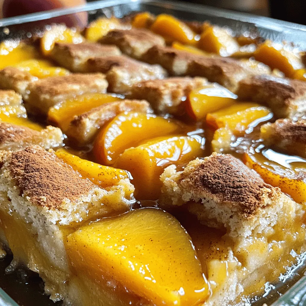 To make a tasty cake mix peach cobbler, gather these simple ingredients: - 1 box of yellow cake mix - 4 cups fresh or canned peaches (sliced, if fresh) - 1/2 cup unsalted butter (melted) - 1 cup granulated sugar (adjust based on sweetness of peaches) - 1 teaspoon vanilla extract - 1 teaspoon cinnamon - 1/4 teaspoon nutmeg - 1/2 cup milk - Ice cream for serving (optional) When measuring, use the right tools. For dry ingredients, like sugar and cake mix, use a dry measuring cup. Fill it, then level it off with a knife. For liquids, use a liquid measuring cup. Pour until you reach the right line. This helps keep your cobbler perfect. It ensures the right balance of flavors and textures. If you don’t have some ingredients, try these swaps: - Instead of yellow cake mix, use vanilla or butter cake mix for a different taste. - Fresh peaches can be replaced with canned ones. Just check for added sugar. - Use coconut oil or margarine instead of butter for a dairy-free option. - Swap out the milk for almond milk or oat milk for a lighter touch. With these tips, you can customize your cake mix peach cobbler to fit your taste or what you have on hand. For the full recipe, check out the earlier steps. Enjoy your sweet creation! Start by preheating your oven to 350°F (175°C). This step is key for baking. Next, grab a 9x13 inch baking dish. Grease it well. Use butter or non-stick spray. This will stop the cobbler from sticking. It helps keep the edges nice and clean. Now, let’s get to the peaches. If you use fresh peaches, peel and slice them first. If you have canned peaches, just drain them. In a big bowl, mix the sliced peaches with 1/2 cup of sugar. Add the cinnamon, nutmeg, and vanilla extract. Stir it well until the peaches are coated. Spread this peach mixture evenly in the bottom of your greased dish. In another bowl, prepare the cake mix. Follow the package instructions, but use milk instead of water for half the amount. This makes the cake richer. Stir in the melted butter until smooth. Pour the cake batter over the peach layer. Make sure to cover all the peaches. Do not mix them together. The batter will rise while baking, creating a nice top layer. For the full recipe, check the Cooking section. Bake your cake mix peach cobbler at 350°F (175°C). This temperature helps the cake rise perfectly. The baking time is key. Aim for 40 to 45 minutes. The top should turn golden brown. To check if it's done, insert a toothpick in the center. If it comes out clean, your cobbler is ready! Let your cobbler cool for a few minutes before serving. This helps the layers settle. Cut it into squares for easy serving. You can serve it warm, or at room temperature. For a special touch, add a scoop of vanilla ice cream on top. Ice cream melts into the warm cobbler, making each bite sweet and creamy. Present your cobbler in a way that wows your guests. Use the peach syrup from the bottom of the dish. Drizzle it over the top for extra flavor. A sprinkle of cinnamon adds a warm touch. For a pop of color, garnish with fresh peach slices. This makes your dish look inviting and delicious! {{image_2}} To boost flavor, use ripe peaches. Fresh peaches give the best taste. If you use canned peaches, drain them well. This keeps your cobbler from being too soggy. Add a pinch of salt to the cake mix. It balances sweetness and enhances flavor. You can also mix in nuts for crunch. Walnuts or pecans work great. If you want a twist, try adding almond extract instead of vanilla. This gives a nice nutty flavor. Sometimes, the top might not brown well. If this happens, increase the oven temperature by 25°F for the last 5-10 minutes. Another issue could be a soggy bottom. This can happen if the peaches release too much juice. To fix this, sprinkle a little cornstarch over the peaches before adding the batter. This helps to thicken any extra juice. If your cobbler is too dry, try adding more milk to the batter next time. You can prepare the peach mixture a day in advance. Just store it in the fridge. When you’re ready to bake, make the cake batter and pour it over the peaches. Bake as directed. If you want to serve it later, cool it completely before covering it. Store it in the fridge. Reheat in the oven at 350°F until warm. Always serve it with ice cream for a delightful treat! You can find the full recipe above. You can switch up the fruit in your cobbler. Try using apples, pears, or berries. Each fruit brings its own taste. For apples, add some lemon juice for zing. For berries, mix in a bit of sugar to balance the tartness. You can even blend fruits together for a unique twist. Don’t be afraid to experiment! If you want a lighter cobbler, consider using whole wheat cake mix. This adds fiber and nutrients. You can also reduce the sugar. Try using honey or maple syrup instead of granulated sugar. These natural sweeteners can give a nice taste and cut calories. Consider using less butter too. Applesauce works well as a substitute! To make this recipe vegan, replace the butter with coconut oil or a plant-based spread. Use a non-dairy milk like almond or oat milk. For a gluten-free version, choose a gluten-free cake mix. Check labels to avoid any hidden gluten. These options keep the cobbler tasty and suitable for many diets. Yes, you can use frozen peaches. They work well in this recipe. Just thaw them first. Drain any excess liquid to avoid a soggy cobbler. The flavor will still shine through, and your dessert will taste great! To store leftovers, let the cobbler cool completely. Cover it with plastic wrap or foil. You can keep it in the fridge for up to three days. Reheat slices in the oven or microwave before serving. This way, the cobbler stays warm and tasty. Yes, you can prepare the peach mixture a day in advance. Keep it in the fridge until you are ready to bake. Just mix the cake batter right before baking. This helps the cobbler taste fresh and delicious. Peach cobbler is great on its own, but adding ice cream makes it even better! Vanilla pairs nicely with the warm, sweet cobbler. You can also sprinkle some nuts or fresh mint on top for extra flavor. Enjoy this sweet delight with friends and family! We explored all the key parts of making a peach cobbler. You learned about the ingredients, measurements, and alternatives to fit your needs. I shared step-by-step instructions for making the perfect treat, along with baking tips and how to serve it well. You also discovered ways to enhance flavors and troubleshoot common issues. Finally, we covered variations for different diets and tastes. With this guide, you can create a delicious peach cobbler that everyone will love. Enjoy making your own sweet version at home!