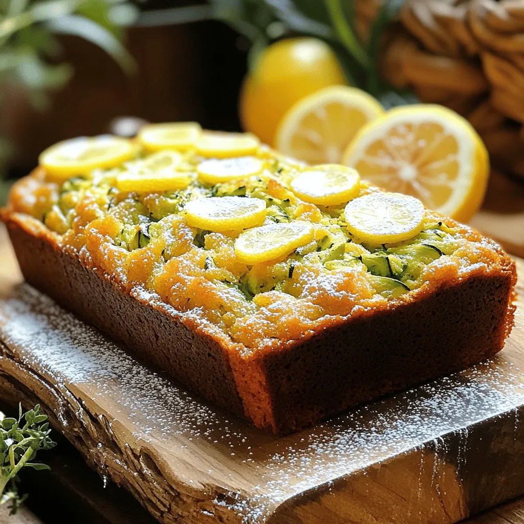 To make my zesty lemon-infused zucchini bread, gather these key ingredients: - 2 medium zucchinis, grated (about 2 cups) - 1 cup all-purpose flour - 1 cup whole wheat flour - 1 teaspoon baking soda - 1/2 teaspoon baking powder - 1 teaspoon ground cinnamon - 1/2 teaspoon salt - 1/2 cup granulated sugar - 1/2 cup brown sugar, packed - 2 large eggs - 1/2 cup vegetable oil - 1 teaspoon vanilla extract - Zest of 1 lemon - 2 tablespoons fresh lemon juice - 1/2 cup chopped walnuts or pecans (optional) You can customize your zucchini bread with fun add-ins. Here are some ideas: - Chocolate chips for a sweet twist - Dried fruits like raisins or cranberries - Shredded coconut for a tropical feel - Spices like nutmeg for extra warmth If you need to swap out ingredients, here are some helpful substitutions: - Use almond flour or oat flour for a gluten-free option. - Replace vegetable oil with applesauce for a lighter option. - If you are out of eggs, use flaxseed meal mixed with water. - Substitute lemon zest with orange zest for a different citrus flavor. These choices keep your zucchini bread tasty and fresh. For the full recipe, check the section above. First, gather all your ingredients. You need two medium zucchinis, grated. This is about two cups. You will also need one cup of all-purpose flour and one cup of whole wheat flour. Measure one teaspoon of baking soda and half a teaspoon of baking powder. Grab one teaspoon of ground cinnamon and half a teaspoon of salt. For sweetness, you need half a cup of granulated sugar and half a cup of packed brown sugar. Now, you need two large eggs, half a cup of vegetable oil, and one teaspoon of vanilla extract. Don’t forget the zest of one lemon and two tablespoons of fresh lemon juice. If you like, add half a cup of chopped walnuts or pecans. Next, preheat your oven to 350°F (175°C). Grease a 9x5-inch loaf pan or line it with parchment paper. In one mixing bowl, whisk together the all-purpose flour, whole wheat flour, baking soda, baking powder, ground cinnamon, and salt. Set this bowl aside. In another bowl, beat the granulated sugar, brown sugar, and eggs until creamy. Then, mix in the vegetable oil, vanilla extract, lemon zest, and lemon juice. Stir until these ingredients blend well. Gradually add the dry flour mix to the wet mix. Stir gently until just combined. Be careful not to overmix. Finally, fold in the grated zucchini and nuts if you’re using them. Pour the batter into your prepared loaf pan. Smooth out the top with a spatula. Place the pan in your preheated oven. Bake for 50 to 60 minutes. Check for doneness by inserting a toothpick into the center. If it comes out clean, your zucchini bread is ready. Once baked, take the pan out of the oven. Let it cool for about 10 minutes in the pan. After that, transfer it to a wire rack to cool completely. To check if your zucchini bread is done, use a toothpick. Insert it into the center of the loaf. If it comes out clean, your bread is ready. If there is batter on the toothpick, bake for a few more minutes. You can also gently press the top of the loaf. If it springs back, it is done. If it sinks, it needs more time in the oven. This way, you ensure your zucchini bread is perfectly baked every time. For the full recipe, refer back to the earlier section. Enjoy your delicious homemade zucchini bread! When making zucchini bread, avoid these common mistakes: - Not draining the zucchini: Zucchini holds a lot of water. If you skip draining, your bread turns soggy. Grate the zucchini and squeeze out excess moisture with a clean towel. - Overmixing the batter: Stir just until combined. Overmixing makes the bread dense. - Using old baking soda: Fresh baking soda ensures good rise. Test it by adding a bit to vinegar. If it fizzes, it’s good to go! To keep your zucchini bread moist: - Add oil: Using vegetable oil helps keep the bread soft. - Use fresh zucchini: Fresh, grated zucchini provides moisture. - Do not overbake: Check for doneness around 50 minutes. The bread should spring back when touched. You can make this zucchini bread even tastier with a few additions: - Spices: Try adding nutmeg or ginger for a warm flavor. - Citrus: Lemon zest brightens the taste. You can also use orange zest. - Nuts or chocolate: Adding walnuts or chocolate chips gives a nice crunch and sweetness. For the full recipe, check out the recipe section above. Enjoy baking! {{image_2}} You can easily make zucchini bread gluten-free. Just switch out regular flour for gluten-free flour. Use a blend that works well in baking. This helps keep the bread soft and tasty. You may also want to add a bit of xanthan gum. This helps give the bread a good texture. Follow the same steps in the Full Recipe to enjoy a gluten-free treat. For a vegan version, replace the eggs with flaxseed meal. Mix 1 tablespoon of flaxseed meal with 2.5 tablespoons of water. Let it sit for a few minutes until it thickens. You can also swap the vegetable oil for applesauce. This keeps the bread moist and adds natural sweetness. Use the same instructions from the Full Recipe for a perfect vegan loaf. Adding spices or fruits can enhance your zucchini bread. Try mixing in nutmeg or ginger for a warm flavor. You can also add dried fruits like raisins or cranberries. Fresh fruits, like blueberries or diced apples, work well too. Just make sure to adjust the sugar if the fruit is sweet. These small changes keep your zucchini bread exciting all year round! After baking your zucchini bread, let it cool completely. Wrap it tightly in plastic wrap. You can also use aluminum foil. Store it at room temperature for up to three days. If you want it to last longer, keep it in the fridge. This will help maintain its freshness and moisture. Just remember to wrap it well to avoid drying out. Freezing is a great option for longer storage. Once your zucchini bread cools, slice it into individual pieces. Wrap each slice in plastic wrap. Place the wrapped slices in a zip-top freezer bag. Remove as much air as possible before sealing. This way, your bread can last up to three months in the freezer. When you're ready to enjoy it, just thaw it at room temperature or in the fridge overnight. To reheat your zucchini bread, you have a few options. The oven works best for even heating. Preheat it to 350°F (175°C). Place the slices on a baking sheet and heat for about 10 minutes. You can also use a microwave. Just heat each slice for about 15-20 seconds. If you want a warm, crispy crust, the oven is the way to go. Enjoy your zucchini bread warm for the best taste! To make zucchini bread dairy-free, simply substitute the vegetable oil for a non-dairy oil. You can use coconut oil or avocado oil. These work well and keep the bread moist. Also, avoid using any dairy-based add-ins like butter or milk. Yes, you can make zucchini bread without eggs. Use a substitute like applesauce or mashed bananas. About 1/4 cup of either works well for each egg. This keeps the bread moist and adds a hint of sweetness. To ripen zucchini, place it in a warm spot in your kitchen. Avoid direct sunlight, as it can dry out the zucchini. After a few days, it will soften and be ready for baking. You can tell zucchini bread is done by inserting a toothpick into the center. If it comes out clean or with a few moist crumbs, it’s ready. If it has wet batter on it, bake for a few more minutes. Yes, zucchini bread freezes well! Wrap it tightly in plastic wrap and then in foil. This helps keep it fresh. When you’re ready to eat it, thaw it in the fridge overnight before slicing. Zucchini bread lasts about 3 to 4 days at room temperature. If you store it in the fridge, it can last up to a week. Just make sure to keep it in an airtight container to prevent it from drying out. Absolutely! You can add nuts, chocolate chips, or dried fruit for extra flavor. Just make sure to not overload the batter. About 1/2 cup of add-ins is a good amount to start with. Store zucchini bread in an airtight container at room temperature. This keeps it moist and fresh. If you want to keep it longer, refrigerate or freeze it. You can enhance flavor by adding spices like nutmeg or ginger. A teaspoon of vanilla extract also adds depth. Lemon juice or zest brightens the taste and makes it more refreshing. For more ideas, check the Full Recipe. You learned about making zucchini bread. I covered key ingredients, step-by-step instructions, and helpful tips. I also shared variations for gluten-free and vegan diets. Proper storage and answering common questions ensure your zucchini bread stays fresh and tasty. Try these methods and find what works best for you. With practice, your zucchini bread will impress everyone. Keep exploring flavors and techniques to make your baking even better. Enjoy your delicious creations!