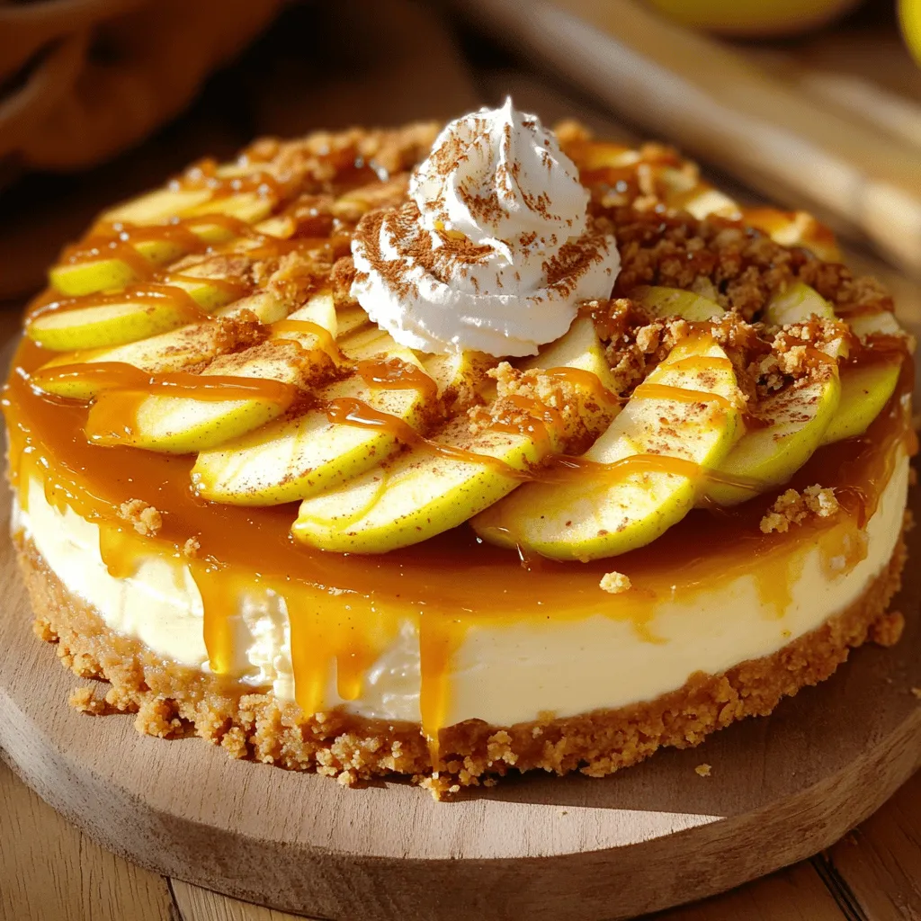 - 2 cups cream cheese, softened - 3/4 cup granulated sugar - 1 teaspoon vanilla extract - 3 large eggs - 1 cup sour cream - 3 medium apples (Granny Smith or Honeycrisp), peeled, cored, and sliced - 2 tablespoons brown sugar - 1 teaspoon cinnamon - 1 tablespoon lemon juice - 1 cup all-purpose flour - 1/2 cup rolled oats - 1/2 cup brown sugar - 1/2 cup unsalted butter, melted - 1 teaspoon cinnamon - Pinch of salt This apple crumble cheesecake has layers that burst with flavor. The cheesecake layer is rich and creamy. I love using cream cheese for a smooth texture. Granulated sugar adds just the right sweetness. Vanilla extract gives it a lovely aroma. Eggs help set the cheesecake, while sour cream adds a nice tang. For the apple filling, I choose Granny Smith or Honeycrisp apples. These apples are sweet and tart, perfect for balance. Brown sugar adds a touch of caramel flavor. Cinnamon warms up the dish, and lemon juice brightens the apples. The crumble topping is a game-changer. It combines flour, oats, and brown sugar for crunch. Melted butter makes it rich, while cinnamon ties the flavors together. A pinch of salt enhances all the tastes. You can find the Full Recipe to make this delightful dessert. Each layer plays a key role in creating a treat that everyone will love. - Preheat your oven to 325°F (160°C). - In a bowl, combine 1 cup of all-purpose flour, 1/2 cup of rolled oats, 1/2 cup of brown sugar, 1/2 cup of melted unsalted butter, 1 teaspoon of cinnamon, and a pinch of salt. - Mix until the mixture is crumbly, then set it aside. - In a large bowl, beat 2 cups of softened cream cheese with 3/4 cup of granulated sugar until smooth. - Add 1 teaspoon of vanilla extract and mix well. - Next, add 3 large eggs one by one, mixing slowly after each addition. - Finally, mix in 1 cup of sour cream until the filling is smooth and creamy. - In another bowl, toss 3 peeled, cored, and sliced medium apples with 2 tablespoons of brown sugar, 1 teaspoon of cinnamon, and 1 tablespoon of lemon juice. - Make sure all the apple slices are well-coated. - Pour half of the cheesecake mixture into a greased 9-inch springform pan. - Layer all the apple filling over this cheesecake mixture. - Carefully pour the remaining cheesecake mixture on top of the apples. - Evenly sprinkle the crumble mixture over the top of the assembled cheesecake. - Place the springform pan in the preheated oven. Bake for about 55-65 minutes. - The edges should set, while the center remains slightly jiggly. - Turn off the oven, crack the door, and let the cheesecake cool for an hour inside. - After cooling, refrigerate the cheesecake for at least 4 hours before serving. Follow this guide for a creamy Apple Crumble Cheesecake. You can find the Full Recipe for more detailed steps. Using room temperature ingredients is key. Cold cream cheese doesn’t blend well. It can lead to lumps in your mix. Take your cream cheese and eggs out early. Let them sit for about 30 minutes. This small step makes a big difference. After adding the eggs, mix gently. Over-mixing can add too much air. This air can cause cracks as the cheesecake sets. Just mix until everything is combined. Your cheesecake will be creamy and smooth. For the best flavor, I love using Granny Smith or Honeycrisp apples. Granny Smith apples are tart, while Honeycrisp apples offer sweetness. Mixing both gives a nice balance. You want sweet and tart in each bite. When selecting apples, look for firm ones. They hold up well when baked. Avoid soft or mealy apples. They won't give you the right texture. Serve your cheesecake with a drizzle of caramel sauce. It adds a sweet touch. A dollop of whipped cream on the side makes it extra special. Both pair nicely with the apple filling. For an elegant look, cut your cheesecake into clean slices. Use a hot knife to cut through the layers. Wipe the knife between cuts for perfect slices. Garnish each slice with a sprinkle of cinnamon and thin apple slices. Your guests will love the beautiful presentation. You can find the Full Recipe to make this delicious dessert. {{image_2}} To add a warm twist, consider using nutmeg or ginger. These spices bring a cozy flavor to the apples. Just sprinkle a little on the sliced apples with the brown sugar and cinnamon. This small change can make your cheesecake shine with extra warmth. For a crunchy twist, add nuts like pecans or walnuts to your crumble topping. Chop them finely and mix them in with the flour, oats, and sugar. This will give your cheesecake a nutty crunch that contrasts beautifully with the creamy filling. Swirl in some caramel sauce into the cheesecake layer for added sweetness. It blends well with the cream cheese and adds a rich flavor. Just pour in the caramel after mixing the cheesecake and use a knife to create swirls. This step makes every bite a delightful surprise. Explore these variations to make your Apple Crumble Cheesecake even more special! For the complete instructions, check the Full Recipe. To keep your cheesecake fresh, refrigerate it right away. Place slices in an airtight container. You can also use plastic wrap to cover the whole cheesecake. Make sure it is tightly sealed to prevent drying out. The cheesecake will stay good for up to five days in the fridge. If you want to save some for later, freezing is a great option. First, let the cheesecake cool completely. Slice it into pieces for easy storage. Wrap each slice in plastic wrap, then place them in a freezer bag. This way, they will stay fresh for up to three months. You can also freeze the whole cheesecake. Just wrap it well in plastic and foil. To serve your frozen cheesecake, take it out of the freezer. Let it thaw overnight in the fridge. If you need it sooner, you can leave it at room temperature for about 2 hours. Once thawed, serve it chilled. You can add your favorite toppings, like whipped cream or caramel sauce, for extra flavor. Enjoy this delightful treat! For the Full Recipe, check the earlier sections. Yes, you can use ricotta or mascarpone instead of cream cheese. Ricotta gives a lighter taste. Mascarpone is rich and creamy. Both options will change the flavor but still taste good. You can store it in the fridge for about five days. It stays fresh if you cover it well. In the freezer, it lasts up to two months. Just wrap it tightly before freezing. Use a sharp knife for clean slices. Dip the knife in hot water, then wipe it dry. This helps the knife glide through the cheesecake. Repeat this process for each slice. Yes, you can prepare the cheesecake a day before serving. Just bake and chill it overnight. This allows the flavors to blend well. You can also prepare the crumble topping ahead. To avoid cracks, make sure all ingredients are at room temperature. Mix gently after adding eggs. Don’t overbeat the batter. Lastly, bake at a low temperature. This helps keep the top smooth. You can find the Full Recipe with all the steps and details for making this delicious Apple Crumble Cheesecake. In this blog post, I covered how to make a delicious Apple Crumble Cheesecake. We discussed the key ingredients, including cream cheese and fresh apples. I walked you through each step, from preparing the crust to baking the cheesecake. You learned tips for perfect texture and different variations to try. Remember, the right apples and proper storage can enhance your cheesecake experience. Dive into this treat, share it with friends, and enjoy every bite!