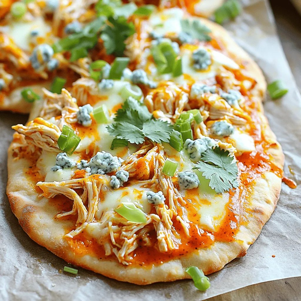 To make Easy Buffalo Chicken Flatbread, you'll need some simple ingredients. Here’s the list: - Flatbreads: store-bought or homemade - Chicken: cooked and shredded - Buffalo Sauce: choose your favorite brand - Cheese: mozzarella and blue cheese - Green Onions: sliced for topping - Olive Oil: for brushing - Seasoning: salt and pepper - Optional Garnish: fresh cilantro Let’s break down some of these ingredients. Flatbreads are the base of this meal. You can buy them at the store or make your own. Store-bought flatbreads save time and work great. Chicken should be cooked and shredded. You can use rotisserie chicken for quick prep. This adds flavor and keeps it easy. Buffalo Sauce comes in many brands. Look for one that suits your taste. If you like it spicy, go for a hotter sauce! Cheese is a must. I always use mozzarella for meltiness and blue cheese for that bold flavor. They complement the buffalo sauce well. Green Onions add a fresh crunch. Slice them up and sprinkle on top for added flavor and color. Olive Oil is key for brushing the flatbreads. It helps them crisp up nicely in the oven. Seasoning with salt and pepper enhances the taste. It’s important to balance the flavors. Lastly, fresh cilantro is a great touch if you like it. It adds brightness to the dish. These ingredients come together to create a tasty meal. You can find the Full Recipe above to get started! 1. Preheating the Oven Start by preheating your oven to 400°F (200°C). This step is key for crisp flatbreads. 2. Mixing Buffalo Chicken In a mixing bowl, add 1 cup of shredded chicken. Pour in 1/2 cup of buffalo sauce. Mix well until the chicken is fully coated. This gives the chicken a great flavor. 3. Preparing Flatbreads Take your flatbreads, either store-bought or homemade, and lay them on a baking sheet. I like to line the sheet with parchment paper for easy cleanup. Brush 1 tablespoon of olive oil on each flatbread. This adds flavor and helps them crisp up nicely. 4. Assembling Ingredients Spread the buffalo chicken mix evenly over each flatbread. Make sure to cover them well. Next, sprinkle 1 cup of shredded mozzarella cheese on top. Add 1/2 cup of blue cheese crumbles for an extra punch. If you like, add a pinch of salt and pepper for taste. 5. Baking Instructions Place the baking sheet in your preheated oven. Bake for about 10-12 minutes. You want the cheese to melt and bubble, and the edges of the flatbreads to turn golden brown. Once done, take them out and sprinkle sliced green onions on top. Follow these steps, and you’ll have a tasty buffalo chicken flatbread ready in no time! For a detailed ingredient list and more tips, check the Full Recipe. Choosing the Right Flatbread Start with good flatbread. You can use store-bought or make your own. Look for soft and thick flatbreads that hold toppings well. Whole wheat or garlic flavors add a nice touch, too. Adjusting Spice Levels Want it milder? Use less buffalo sauce. You can also mix in ranch or yogurt with the sauce. If you like it hot, add more sauce or sprinkle some cayenne pepper on top. Tips for Melting Cheese To get the best melt, use fresh mozzarella. Shredded cheese melts nicely but can burn easily. Bake your flatbread until the cheese is bubbly and slightly golden. This gets you that perfect texture. How to Store Leftovers If you have leftovers, let them cool first. Wrap them in plastic wrap or foil. Store in the fridge for up to three days. For longer storage, freeze them. Just remember to wrap them well to avoid freezer burn. For the full recipe, check the original guide to make this easy meal. {{image_2}} You can easily change up the recipe with some simple swaps. - Alternative Proteins: If you don’t have chicken, try turkey or tofu. Both make tasty options. They absorb flavors well and keep the dish satisfying. - Cheese Alternatives: You can use different cheeses if you want. Pepper jack adds heat, while cheddar gives a sharp taste. Feel free to mix them too! - Sauce Variations: Want a twist? Use different sauces! A spicy garlic sauce or a honey mustard can give you a whole new flavor. Pair this flatbread with great sides for a complete meal. - Pairing with Dips: Serve with ranch or bleu cheese dressing. Celery sticks are a crunchy, fresh addition too. They balance the spicy flavors perfectly. - Side Dish Ideas: A light salad or warm soup works well here. A crisp green salad adds freshness, while soup warms you up on chilly nights. For the full recipe, check out the Easy Buffalo Chicken Flatbread. To keep your Easy Buffalo Chicken Flatbread fresh, store it properly. - Refrigeration Guidelines: Place any leftover flatbread in an airtight container. It stays good in the fridge for about 3 days. Make sure it cools completely before sealing. This helps prevent sogginess. - Freezing Flatbreads: If you want to store them longer, freeze the flatbreads. Wrap each flatbread in plastic wrap, then in foil. This helps prevent freezer burn. They can last up to 3 months in the freezer. When ready to eat, thaw them in the fridge overnight. You can reheat your flatbreads in two ways: oven or microwave. - Oven: Preheat your oven to 350°F (175°C). Place the flatbreads on a baking sheet. Heat for about 10 minutes. This makes them crispy again. - Microwave: If you're in a hurry, use the microwave. Place the flatbread on a microwave-safe plate. Heat for about 30 seconds to 1 minute. This option is quick, but it may make the flatbread a bit soft. Find the method that works best for you to enjoy your Easy Buffalo Chicken Flatbread! For the full recipe, check the details above. You can try a few different sauces. Hot sauce mixes well with butter for a quick swap. Barbecue sauce adds a sweet taste. Ranch dressing gives a creamy flavor. Experiment until you find your favorite! Buffalo chicken flatbread stays fresh for about three days in the fridge. Make sure you store it in an airtight container. This helps keep it moist and tasty. Yes, you can prep the flatbreads ahead. Just mix the chicken and sauce, then store it. When you're ready, assemble and bake. This makes a busy weeknight easy and fun! You can get creative with toppings! Try adding sliced jalapeños for heat, or diced tomatoes for freshness. Avocado slices add creaminess. You can even add different cheeses for a fun twist! This blog post covered how to make delicious buffalo chicken flatbread. You learned about essential ingredients, step-by-step instructions, and helpful tips. I shared variations to suit your taste and storage tips to keep leftovers fresh. Making this flatbread is simple and fun. Don’t hesitate to try different toppings or sauces to make it your own. Enjoy your meals with friends and family, and feel free to explore new options!