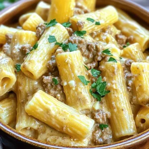 To make Creamy Parmesan Beef Rigatoni, gather these ingredients: - 12 oz rigatoni pasta - 1 lb ground beef - 2 tablespoons olive oil - 1 medium onion, finely chopped - 3 cloves garlic, minced - 1 cup heavy cream - 1 cup grated Parmesan cheese - 1 teaspoon Italian seasoning - ½ teaspoon red pepper flakes (optional) - Salt and pepper to taste - Fresh parsley, chopped (for garnish) Each ingredient plays a role in making this dish tasty. Rigatoni pasta holds the creamy sauce well. Ground beef provides a hearty flavor. Olive oil helps to brown the beef and adds richness. Onion and garlic bring sweetness and depth to the sauce. Heavy cream and Parmesan cheese create a rich, creamy base. Italian seasoning adds warmth, while red pepper flakes can give it a spicy kick. Don't forget to season with salt and pepper to enhance all the flavors. Finally, fresh parsley adds a nice touch of color and freshness as a garnish. You can find the full recipe in the link provided. Start with a large pot. Fill it with water and add salt. Bring the water to a boil. Once it's boiling, add 12 oz of rigatoni pasta. Cook until al dente, following the package instructions. This usually takes about 10-12 minutes. Drain the pasta and set it aside. Grab a large skillet and heat 2 tablespoons of olive oil over medium heat. Add 1 lb of ground beef to the skillet. Use a spatula to break the beef into small pieces. Cook for about 5-7 minutes until the beef is browned. If there’s extra fat, drain it off. Now, add 1 medium onion, finely chopped, and 3 cloves of minced garlic to the beef. Stir and cook for another 3-4 minutes. The onion should become soft and clear. This adds wonderful flavor to the dish. Turn the heat down to low. Pour in 1 cup of heavy cream and add 1 cup of grated Parmesan cheese. Sprinkle in 1 teaspoon of Italian seasoning and ½ teaspoon of red pepper flakes if you like some heat. Stir until the cheese melts and the sauce is smooth. Taste it and add salt and pepper as needed. Add the drained rigatoni to the skillet. Toss it gently to coat the pasta with the creamy beef sauce. Heat everything together for about 2 minutes. This helps the pasta absorb the sauce. Once done, remove the skillet from the heat. Serve the creamy Parmesan beef rigatoni hot. For a nice touch, sprinkle some chopped fresh parsley on top. Enjoy this meal with a side salad or garlic bread for a complete dinner. You can find the full recipe [here](#). To make a creamy sauce, use heavy cream. It gives the best richness. Stir the cream gently into the beef mix. Add the grated Parmesan cheese slowly. This helps it melt evenly. If it seems too thick, add a little pasta water. This adds creaminess without losing flavor. Start with high-quality ground beef. Season it well while cooking. Salt and pepper are key. You can also add Italian seasoning early. It blends into the beef. If you like heat, add red pepper flakes too. This gives depth and a little kick. Cook rigatoni until it's al dente. This means it should be firm to the bite. Make sure to salt the water well. This enhances the pasta's flavor. Reserve a cup of pasta water before draining. You may need it to adjust the sauce later. Garnish your dish with fresh parsley. It adds color and freshness. You can also sprinkle more Parmesan cheese on top. For extra flavor, add a drizzle of olive oil. This gives a nice shine and richness. Enjoy your beautiful plate! For the full recipe, check out the detailed instructions. {{image_2}} You can switch the rigatoni for any pasta you like. Penne, fusilli, or even spaghetti work well. Each shape holds the sauce differently, giving you a new taste. Try using whole wheat or gluten-free pasta for a healthier twist. Feel free to add veggies for extra flavor and nutrition. Spinach, bell peppers, or zucchini blend well with this dish. You can sauté them with the onion and garlic. This makes your meal colorful and more filling. You don’t have to stick with beef. Ground turkey or chicken can be great swaps. If you want a meatless option, try cooked lentils or mushrooms. Each protein choice changes the meal's taste but keeps it tasty. If you need a dairy-free option, use coconut cream instead of heavy cream. Nutritional yeast can replace Parmesan cheese while adding a cheesy flavor. Always check your ingredients for hidden dairy. You can still enjoy creamy goodness without the dairy! You can find the Full Recipe for the Creamy Parmesan Beef Rigatoni [here]. To store leftover Creamy Parmesan Beef Rigatoni, place it in an airtight container. Make sure it cools down first. This keeps the pasta fresh and prevents moisture loss. Store it in the fridge for up to three days. Label the container with the date for easy tracking. When you're ready to eat, reheat the rigatoni in a skillet. Add a splash of water or cream to keep it moist. Heat over medium-low heat, stirring often. You can also use the microwave. Place it in a microwave-safe bowl, cover it, and heat in short bursts. Stir between each burst to ensure even warming. If you want to keep it longer, freezing is a great option. Place the cooled rigatoni in a freezer-safe container. Leave some space at the top for expansion. It can last for up to three months in the freezer. To thaw, move it to the fridge overnight before reheating. This helps maintain its creamy texture. For quick thawing, place it in cold water for about an hour. To make a vegetarian version, you can swap the ground beef for lentils or mushrooms. Use the same amount of lentils or finely chopped mushrooms. Cook them until soft. You can also add spinach or zucchini for extra flavor. The creamy sauce remains the same, so you’ll still enjoy that rich taste. If you want a lighter option, you can use half-and-half or whole milk. For a dairy-free choice, use coconut milk or cashew cream. Each of these options will change the flavor a bit, but they still create a creamy sauce. Just remember to adjust the seasoning to taste. Leftover rigatoni can last about 3 to 5 days in the fridge. Store it in an airtight container to keep it fresh. When you want to eat it, just reheat it on the stove or in the microwave. Add a splash of milk or cream to make it creamy again. Yes, you can make this dish ahead of time. Cook the rigatoni and prepare the sauce. Store them separately in the fridge. When you're ready to eat, combine them and heat through. This makes it easy to enjoy a hot meal with little effort. For the full recipe, check out the details earlier in the article. This post shared a simple way to make Creamy Parmesan Beef Rigatoni. We looked at the ingredients, step-by-step instructions, and tips for perfecting your dish. You learned about variations, storage methods, and answers to common questions. Remember, cooking is fun and lets you be creative. Try different ingredients or add your own twist. Enjoy making this meal with family or friends. Keep experimenting and savor every bite!