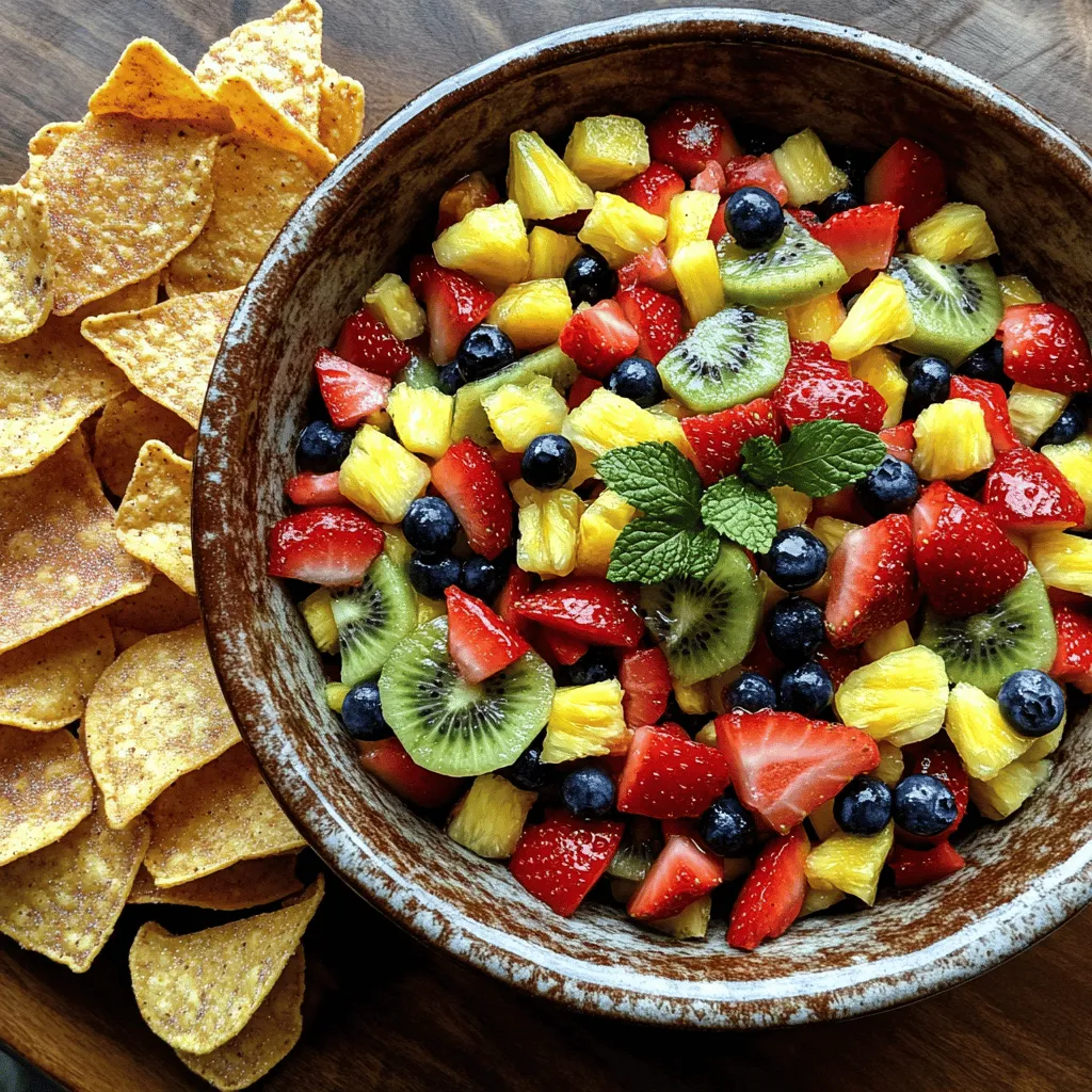 For the fruity salsa, I like to use a mix of fresh fruits. You can choose any of your favorites! Here’s what I suggest: - 2 cups mixed fresh fruits (like strawberries, kiwi, pineapple, and blueberries), diced - 1 tablespoon fresh mint, chopped These fruits add color and taste. The mint gives a fresh touch that brightens the dish! To make the cinnamon sugar tortilla chips, you will need: - 4 flour tortillas - 2 tablespoons melted butter The tortillas become crispy and sweet. The butter helps the cinnamon sugar stick well. For the salsa, these ingredients boost the flavors: - 1 tablespoon honey (or agave syrup) - 1 tablespoon lime juice - 1/4 teaspoon ground cinnamon - 1 tablespoon sugar Honey adds sweetness, while lime juice offers a zesty kick. The ground cinnamon and sugar blend adds a sweet, warm touch to your chips. For the full recipe, check out the instructions above! To start, gather your fresh fruits. I love using strawberries, kiwi, pineapple, and blueberries. You need about 2 cups of diced mixed fruits. Next, chop 1 tablespoon of fresh mint. This adds a nice touch. In a medium bowl, combine the diced fruits, mint, 1 tablespoon of honey or agave syrup, and 1 tablespoon of lime juice. Toss gently to mix everything well. Let it sit for a few minutes. This helps the flavors blend together beautifully. While the salsa sits, preheat your oven to 350°F (175°C). In a small bowl, mix 1 tablespoon of sugar with 1/4 teaspoon of ground cinnamon. This is your cinnamon sugar. Take 4 flour tortillas and brush one side with 2 tablespoons of melted butter. Sprinkle the cinnamon sugar mixture on the buttered side. Cut each tortilla into triangles. Place them on a baking sheet, cinnamon sugar side up. Bake for about 10 to 12 minutes. They should turn golden brown and crispy. Now that everything is ready, it’s time to serve. Carefully remove the tortilla chips from the oven and let them cool for a moment. Grab a lovely bowl and scoop the fruity salsa into it. Arrange the crispy cinnamon sugar tortilla chips around the salsa. This dish looks great and tastes even better! Enjoy this delightful treat with friends and family. For the full recipe, refer to the earlier section. Choosing the right fruits makes your salsa shine. Look for ripe, fresh fruits. They should feel firm but not hard. The colors should be bright and vibrant. For this salsa, I love using strawberries, kiwi, pineapple, and blueberries. - Strawberries: Pick ones that are deep red and smell sweet. - Kiwi: Look for fruits that are slightly soft when you press them. - Pineapple: Choose a pineapple with a sweet scent. The skin should be golden. - Blueberries: Select plump blueberries with a deep blue color. Mixing different fruits gives your dish a nice contrast in flavors and textures. The right mix of cinnamon and sugar makes your tortilla chips special. Here’s how to get it just right. Use a 1:4 ratio of cinnamon to sugar. For every tablespoon of sugar, add about 1/4 teaspoon of cinnamon. This mix gives a sweet and warm flavor without being too overpowering. - Adjust the cinnamon if you want a bolder taste. - Sprinkle it evenly on the buttered tortillas. This ensures every bite is tasty. Serving your fruit salsa can be fun and creative. Here are some ideas: - Place the salsa in a bright bowl to make it pop. - Use small cups for individual servings. This makes it easy for guests to grab. - Pair with whipped cream or yogurt for a creamy twist. - Add a few mint leaves on top for a fresh look. For a full recipe, check out the Fruity Fiesta Salsa. It’s a delightful treat that everyone will love! {{image_2}} You can switch up the fruits in the salsa. Try using peaches, mangoes, or raspberries. Each fruit brings its own taste. For a twist, add some citrus like oranges or grapefruit. Mix and match to find your favorite combo! While cinnamon sugar is tasty, you can try other spices. A pinch of chili powder adds heat. For a savory taste, sprinkle garlic powder or even taco seasoning. Get creative and find what you like best. The spice can change the whole flavor! To make this dish vegan, swap honey for agave syrup. Use corn tortillas instead of flour for a gluten-free choice. This way, everyone can enjoy the yummy flavors. Don’t forget, the full recipe is easy to follow and adaptable for all diets! To store leftover fruit salsa, place it in an airtight container. Keep it in the fridge for up to three days. If you see any browning, that's normal for some fruits. Just stir it gently before serving it again. Avoid freezing fruit salsa, as it can change the texture. Store your tortilla chips in a cool, dry place. Use an airtight container to keep them crisp. They can last for about a week if stored properly. If you want to keep them longer, consider placing them in the fridge. They lose their crunch when exposed to air. I recommend glass containers or BPA-free plastic ones. They seal tightly and prevent air from getting in. Mason jars also work well for small amounts. Make sure the containers are clean and dry before adding your salsa or chips. This simple step helps keep everything fresh and tasty. For the Full Recipe, check out the main article. Yes, you can make the fruit salsa ahead of time. Just prepare it a few hours before serving. This helps the flavors mix well. Store the salsa in an airtight container in the fridge. It will stay fresh for up to two days. Just remember, some fruits may get mushy after a while. I suggest adding softer fruits, like strawberries, just before serving. If you need a substitute for honey, try agave syrup or maple syrup. Both of these options work well. You can also use a sugar alternative if you want to reduce sugar. Just keep in mind the sweetness level may change. Make sure to taste and adjust as needed. If you want a sugar-free option, use mashed banana. It adds a nice flavor and sweetness. To make your tortilla chips extra crispy, follow these tips. First, brush the tortillas with melted butter evenly. This helps them crisp up in the oven. Next, cut the tortillas into smaller triangles. Smaller pieces tend to bake more evenly. Bake them at 350°F (175°C) until they turn golden brown. Keep an eye on them, as they can burn quickly. Finally, let them cool on a wire rack. This keeps air circulation and helps them stay crispy. For the full recipe, check the details above. This blog post covered how to make a delicious fruit salsa and cinnamon sugar tortilla chips. We discussed key ingredients, easy steps, and tips for the best results. You learned how to pick fresh fruits and balance flavors. Remember, there are many variations you can try, making it fun and unique. Don’t forget how to store leftovers safely! With these basics, you can impress anyone with your snacks. Enjoy creating this tasty dish, and make it your own!