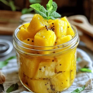 - 1 medium pineapple, peeled and cut into rings or chunks - 1 cup apple cider vinegar - 1 cup water - 1 cup sugar - 1 teaspoon salt - 1 teaspoon ground ginger - 1/2 teaspoon red pepper flakes (optional) - 2 cloves garlic, peeled and smashed - 1 tablespoon mustard seeds - You can use white vinegar or rice vinegar instead of apple cider vinegar. Both give a nice tang. - For a healthier twist, try honey or maple syrup instead of sugar. They add sweetness without refined sugar. - Fresh herbs, like mint or cilantro, can add a nice touch. You can toss them in the brine for extra flavor. Using these substitutions can help you customize your pickled pineapple to suit your taste. Don't be afraid to experiment! Check out the Full Recipe for more tips and details. To start, you need to peel and core the pineapple. First, cut off the top and bottom. Stand the pineapple on one end. Use a sharp knife to cut down the sides. Remove all the skin. Make sure to get the "eyes" out, too. Once peeled, cut the pineapple in half lengthwise. Remove the core with a knife or a corer. Now, you can cut the fruit into either rings or chunks, based on your preference. Next, let’s make the brine. In a medium saucepan, combine the following ingredients: - 1 cup apple cider vinegar - 1 cup water - 1 cup sugar - 1 teaspoon salt - 1 teaspoon ground ginger - 1/2 teaspoon red pepper flakes (optional) - 2 cloves garlic, peeled and smashed - 1 tablespoon mustard seeds Turn the heat to medium, stirring occasionally. Keep stirring until the sugar and salt fully dissolve into the mixture. This step is key for a balanced flavor. Now, it’s time to pickle! First, let the brine cool to room temperature. This cooling helps deepen the flavor. While it cools, grab a clean glass jar. Layer the pineapple pieces inside the jar. Pour the cooled brine over the pineapple. Make sure each piece is fully submerged. If needed, use a small weight to keep the pineapple down. Seal the jar tightly. Place it in the fridge. Wait at least 24 hours before tasting. For the best flavor, let it pickle for 3-5 days. To make your pickled pineapple even tastier, try adding spices or herbs. You can add cinnamon for warmth or cilantro for freshness. These will boost the flavor and make the dish unique. Using fresh pineapple is best. Fresh fruit gives more juice and flavor compared to canned. Always choose ripe, sweet pineapples for a delicious result. Pickled pineapple pairs well with many dishes. It adds a sweet and tangy twist to tacos, burgers, and salads. You can use it as a topping or a side dish. Try it with grilled meats or in a fresh salsa. The bright color makes your plate look beautiful and inviting. One common mistake is overcooking the brine. This can make the flavors too strong or change the taste. Always simmer gently and remove it from heat once the sugar dissolves. Another mistake is not sealing or refrigerating properly. If the jar is not sealed well, the pickles may spoil. Make sure to refrigerate the jar tightly closed to keep the pineapple fresh and tasty. {{image_2}} To add some heat to your pickled pineapple, try adding jalapeños or chili flakes. Start with one sliced jalapeño for a mild kick. If you love spice, add more! Adjust the sweetness by adding less sugar if you prefer a tangy taste. You can balance heat and sweetness to suit your taste. Mix things up by incorporating other fruits like mango or kiwi. This gives your pickled pineapple a fun, fruity flavor. You may want to adjust the vinegar for a sweeter taste if you add these fruits. Use less vinegar if you want the fruit flavors to shine through. You can also ferment your pineapple instead of pickling it. To do this, use the same ingredients but skip the sugar. Instead, add a bit of salt and let the mixture sit at room temperature for a few days. Fermentation adds good bacteria, which is great for your gut health. Plus, it gives a unique taste that is different from pickling. Store your pickled pineapple in a glass jar. Glass is best for pickled foods. It does not react with the brine and keeps the taste fresh. Make sure your jar has a tight lid. This keeps air out and prevents spoilage. You can also use plastic containers, but glass is ideal. For the best taste, keep it in the fridge. Pickled pineapple stays good for about two weeks. After that, the taste might change. Always check for freshness before eating. To tell if your pickled pineapple has gone bad, look for a few signs. First, check for any off smell. If it smells sour or strange, do not eat it. Next, look for mold on the surface. If you see any, toss it out. Lastly, if the pineapple changes color or texture, it’s best to throw it away. When disposing of spoiled pickled pineapple, seal it in a bag. Then throw it in the trash. Do not pour it down the sink as it may clog the drain. Yes, you can freeze pickled pineapple. However, freezing can change its texture. If you still want to freeze it, start by draining the brine. Place the pineapple in a freezer-safe bag or container. Make sure to remove as much air as possible. Label the bag with the date. You can freeze it for up to three months. When you’re ready to use it, thaw the pineapple in the fridge. Do not refreeze it after thawing. For more details, check the Full Recipe for easy steps. Pickled pineapple can last up to 2-3 months in the fridge. Store it in a clean jar. Always keep it sealed tight. If you notice any off smells or colors, toss it out. Keeping it cold helps it stay fresh longer. Yes, you can add vegetables! Sliced cucumbers, carrots, or jalapeños work well. They add crunch and extra flavor. Just remember to cut them to similar sizes as the pineapple. This helps them pickle evenly. Serve it chilled as a side dish or topping. It pairs great with tacos, burgers, or salads. You can also use it in bowls or rice dishes. For a fun twist, add it to a charcuterie board. While you can eat it after 24 hours, letting it sit for 3-5 days deepens the flavor. The longer it pickles, the more taste it gains. It’s worth the wait for that sweet and tangy punch! For more detailed instructions, check out the full recipe for sweet and tangy pickled pineapple. You learned the step-by-step process for making pickled pineapple. We covered all the ingredients, substitution options, and tips for best results. I shared common mistakes to avoid and how to enhance flavor. Don't forget the variety options like spicy or tropical twists. Storing your pickled pineapple properly ensures it stays fresh and tasty. Now you can enjoy this unique dish in many ways. Get creative with your pickled pineapple and happy cooking!