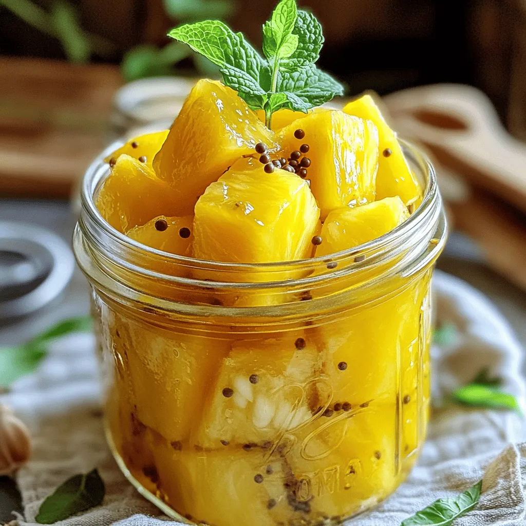 - 1 medium pineapple, peeled and cut into rings or chunks - 1 cup apple cider vinegar - 1 cup water - 1 cup sugar - 1 teaspoon salt - 1 teaspoon ground ginger - 1/2 teaspoon red pepper flakes (optional) - 2 cloves garlic, peeled and smashed - 1 tablespoon mustard seeds - You can use white vinegar or rice vinegar instead of apple cider vinegar. Both give a nice tang. - For a healthier twist, try honey or maple syrup instead of sugar. They add sweetness without refined sugar. - Fresh herbs, like mint or cilantro, can add a nice touch. You can toss them in the brine for extra flavor. Using these substitutions can help you customize your pickled pineapple to suit your taste. Don't be afraid to experiment! Check out the Full Recipe for more tips and details. To start, you need to peel and core the pineapple. First, cut off the top and bottom. Stand the pineapple on one end. Use a sharp knife to cut down the sides. Remove all the skin. Make sure to get the "eyes" out, too. Once peeled, cut the pineapple in half lengthwise. Remove the core with a knife or a corer. Now, you can cut the fruit into either rings or chunks, based on your preference. Next, let’s make the brine. In a medium saucepan, combine the following ingredients: - 1 cup apple cider vinegar - 1 cup water - 1 cup sugar - 1 teaspoon salt - 1 teaspoon ground ginger - 1/2 teaspoon red pepper flakes (optional) - 2 cloves garlic, peeled and smashed - 1 tablespoon mustard seeds Turn the heat to medium, stirring occasionally. Keep stirring until the sugar and salt fully dissolve into the mixture. This step is key for a balanced flavor. Now, it’s time to pickle! First, let the brine cool to room temperature. This cooling helps deepen the flavor. While it cools, grab a clean glass jar. Layer the pineapple pieces inside the jar. Pour the cooled brine over the pineapple. Make sure each piece is fully submerged. If needed, use a small weight to keep the pineapple down. Seal the jar tightly. Place it in the fridge. Wait at least 24 hours before tasting. For the best flavor, let it pickle for 3-5 days. To make your pickled pineapple even tastier, try adding spices or herbs. You can add cinnamon for warmth or cilantro for freshness. These will boost the flavor and make the dish unique. Using fresh pineapple is best. Fresh fruit gives more juice and flavor compared to canned. Always choose ripe, sweet pineapples for a delicious result. Pickled pineapple pairs well with many dishes. It adds a sweet and tangy twist to tacos, burgers, and salads. You can use it as a topping or a side dish. Try it with grilled meats or in a fresh salsa. The bright color makes your plate look beautiful and inviting. One common mistake is overcooking the brine. This can make the flavors too strong or change the taste. Always simmer gently and remove it from heat once the sugar dissolves. Another mistake is not sealing or refrigerating properly. If the jar is not sealed well, the pickles may spoil. Make sure to refrigerate the jar tightly closed to keep the pineapple fresh and tasty. {{image_2}} To add some heat to your pickled pineapple, try adding jalapeños or chili flakes. Start with one sliced jalapeño for a mild kick. If you love spice, add more! Adjust the sweetness by adding less sugar if you prefer a tangy taste. You can balance heat and sweetness to suit your taste. Mix things up by incorporating other fruits like mango or kiwi. This gives your pickled pineapple a fun, fruity flavor. You may want to adjust the vinegar for a sweeter taste if you add these fruits. Use less vinegar if you want the fruit flavors to shine through. You can also ferment your pineapple instead of pickling it. To do this, use the same ingredients but skip the sugar. Instead, add a bit of salt and let the mixture sit at room temperature for a few days. Fermentation adds good bacteria, which is great for your gut health. Plus, it gives a unique taste that is different from pickling. Store your pickled pineapple in a glass jar. Glass is best for pickled foods. It does not react with the brine and keeps the taste fresh. Make sure your jar has a tight lid. This keeps air out and prevents spoilage. You can also use plastic containers, but glass is ideal. For the best taste, keep it in the fridge. Pickled pineapple stays good for about two weeks. After that, the taste might change. Always check for freshness before eating. To tell if your pickled pineapple has gone bad, look for a few signs. First, check for any off smell. If it smells sour or strange, do not eat it. Next, look for mold on the surface. If you see any, toss it out. Lastly, if the pineapple changes color or texture, it’s best to throw it away. When disposing of spoiled pickled pineapple, seal it in a bag. Then throw it in the trash. Do not pour it down the sink as it may clog the drain. Yes, you can freeze pickled pineapple. However, freezing can change its texture. If you still want to freeze it, start by draining the brine. Place the pineapple in a freezer-safe bag or container. Make sure to remove as much air as possible. Label the bag with the date. You can freeze it for up to three months. When you’re ready to use it, thaw the pineapple in the fridge. Do not refreeze it after thawing. For more details, check the Full Recipe for easy steps. Pickled pineapple can last up to 2-3 months in the fridge. Store it in a clean jar. Always keep it sealed tight. If you notice any off smells or colors, toss it out. Keeping it cold helps it stay fresh longer. Yes, you can add vegetables! Sliced cucumbers, carrots, or jalapeños work well. They add crunch and extra flavor. Just remember to cut them to similar sizes as the pineapple. This helps them pickle evenly. Serve it chilled as a side dish or topping. It pairs great with tacos, burgers, or salads. You can also use it in bowls or rice dishes. For a fun twist, add it to a charcuterie board. While you can eat it after 24 hours, letting it sit for 3-5 days deepens the flavor. The longer it pickles, the more taste it gains. It’s worth the wait for that sweet and tangy punch! For more detailed instructions, check out the full recipe for sweet and tangy pickled pineapple. You learned the step-by-step process for making pickled pineapple. We covered all the ingredients, substitution options, and tips for best results. I shared common mistakes to avoid and how to enhance flavor. Don't forget the variety options like spicy or tropical twists. Storing your pickled pineapple properly ensures it stays fresh and tasty. Now you can enjoy this unique dish in many ways. Get creative with your pickled pineapple and happy cooking!