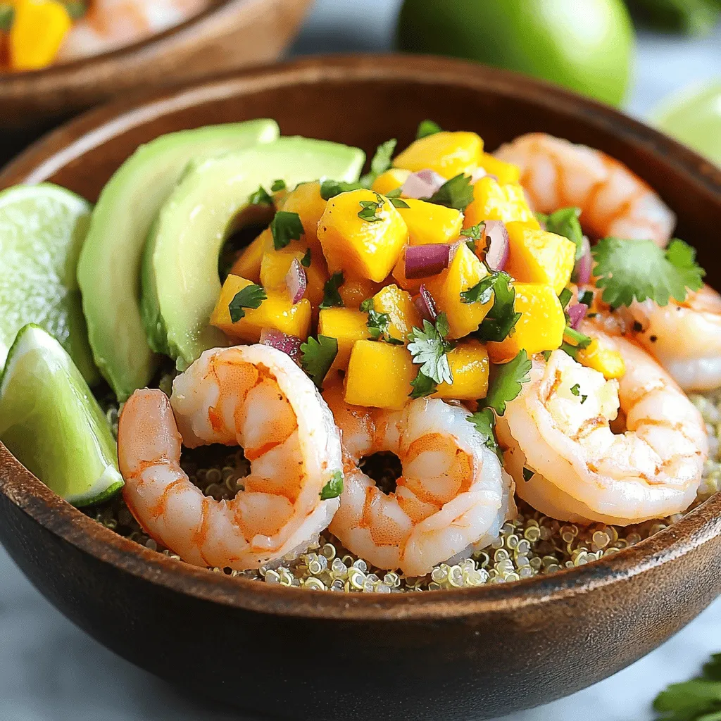 To make your shrimp and avocado bowls, you will need: - 1 pound large shrimp, peeled and deveined - 2 tablespoons olive oil - 1 teaspoon garlic powder - 1 teaspoon smoked paprika - Salt and pepper to taste - 2 ripe avocados, diced - 1 cup quinoa, rinsed - 2 cups vegetable broth or water - 1 lime, juiced - Fresh cilantro, chopped (for garnish) These ingredients work together to create a tasty and satisfying meal. Mango salsa adds a fresh kick to your bowls. Gather these ingredients: - 1 ripe mango, diced - 1/2 red onion, finely chopped - 1 small red chili, deseeded and minced - 1/4 cup fresh cilantro, chopped - 1 lime, juiced - Salt to taste The sweetness of the mango balances the savory shrimp perfectly. Choosing fresh ingredients is key for great flavors. Here are some tips: - Shrimp: Look for shrimp that smell like the ocean, not fishy. Choose firm and shiny ones. - Avocados: Pick avocados that yield slightly when you squeeze them. They should feel soft but not mushy. - Mango: Select ripe mangoes that are slightly soft and have a sweet smell. Avoid hard ones. - Herbs: Choose bright green cilantro. Wilting or yellowing leaves mean they are not fresh. Using fresh ingredients makes all the difference in your dish. For the full recipe, check out the link provided. To start, bring 2 cups of vegetable broth or water to a boil in a saucepan. This broth adds flavor to the quinoa. Once boiling, add 1 cup of rinsed quinoa. Lower the heat, cover the pan, and let it simmer for 15 minutes. The quinoa should become fluffy and absorb all the liquid. After cooking, remove it from heat and let it sit, covered, for 5 more minutes. Fluff it gently with a fork before using. In a medium bowl, combine the diced mango, 1/2 red onion, and a small minced red chili. Add 1/4 cup of chopped fresh cilantro and the juice of 1 lime. Mix in a pinch of salt. Toss all the ingredients together. Let the salsa rest for a bit. This helps the flavors combine well. Heat 2 tablespoons of olive oil in a skillet over medium heat. Once hot, add 1 pound of shrimp, garlic powder, smoked paprika, salt, and pepper. Cook the shrimp for about 2-3 minutes on each side. They should turn pink and opaque when done. Remove the shrimp from heat and set them aside. Grab your serving bowls. Start by adding a base of the fluffy quinoa. Then, place diced avocado on top. Next, add the cooked shrimp to each bowl. Finish by spooning generous amounts of the fresh mango salsa over everything. To make your bowls pop, drizzle a little lime juice over the top. Sprinkle fresh cilantro for a burst of color and flavor. You can also add lime wedges on the side for guests to squeeze more lime if they like. This small touch makes the dish look inviting and fresh. For the complete recipe, check out the Full Recipe link for Shrimp & Avocado Bliss Bowls! To cook shrimp well, start with fresh shrimp. Peel and devein them before cooking. Heat olive oil in a skillet over medium heat. Add shrimp and season with garlic powder, smoked paprika, salt, and pepper. Cook the shrimp for about 2-3 minutes on each side. They should turn pink and opaque. Avoid overcooking, as this makes shrimp tough. Remove them from the heat once cooked. Add layers of flavor to your shrimp and avocado bowls. Use fresh lime juice to brighten the dish. A sprinkle of salt brings out the sweetness of the shrimp. Try adding a dash of cayenne pepper for some heat. Fresh herbs like cilantro add a nice touch. Mix and match spices to find your favorite blend. When making mango salsa, chop your ingredients finely. This helps distribute flavors evenly. Combine diced mango, red onion, and minced chili in a bowl. Add chopped cilantro and lime juice next. Mix gently to avoid mashing the mango. Let the salsa sit for a few minutes before serving. This allows the flavors to blend well. For a twist, try adding diced bell peppers or a pinch of cumin. For the full recipe, check the Shrimp & Avocado Bliss Bowls section. {{image_2}} You can change up the shrimp and avocado bowls easily. Instead of shrimp, try chicken or tofu. Both add great flavor. You can also swap quinoa for brown rice or couscous. They make a hearty base, too. If you want a creamier texture, use Greek yogurt instead of avocado. It pairs well with the salsa. Mango salsa is fresh and bright, but you can mix things up. Try pineapple or peach for a sweeter twist. You can also add black beans or corn for extra crunch. If you like spice, add jalapeños or diced bell peppers. Adjust the lime and salt to your taste, too. This way, your salsa can always be new and exciting. These bowls are great for many events. For a casual lunch, serve them in bowls with lime wedges. If hosting a dinner party, try using small plates for a fancy touch. You can create a build-your-own bowl station, letting guests pick their toppings. For a picnic, pack the shrimp, salsa, and avocado separately. This keeps everything fresh. The Shrimp & Avocado Bliss Bowls are perfect for any gathering! To keep your shrimp and avocado bowls fresh, place leftovers in an airtight container. This helps maintain flavor and texture. If you can, separate the shrimp, avocado, and salsa. This way, they won’t get mushy. Store the quinoa in the same container to save space. When you’re ready to enjoy your dish again, reheat the quinoa and shrimp. You can use the microwave or a skillet. If using a microwave, cover the bowl with a damp paper towel. Heat for about one to two minutes. Stir halfway to ensure even heat. For the skillet, heat on medium-low until warm. Avoid reheating the avocado and salsa; add them fresh to keep their taste. Leftovers can last in the fridge for about three days. However, shrimp is best eaten within one to two days. If you want to store them longer, consider freezing the shrimp and quinoa. They can last up to three months in the freezer. Just remember to thaw them in the fridge before reheating. Yes, you can use frozen shrimp. Just thaw them before cooking. To thaw, place them in cold water for about 15-20 minutes. This helps you keep the texture nice. Frozen shrimp are often just as good as fresh ones. If you want a substitute for quinoa, try brown rice or couscous. Both options give you a good base. They also add a nice nutty flavor. You can use any grain you like. Just adjust the cooking time based on the grain. To make a vegan version, swap shrimp for chickpeas or tofu. Season them like the shrimp for flavor. Use vegetable broth for cooking quinoa. For a creaminess, add extra avocado. You can still enjoy the mango salsa for a fresh touch. For the full recipe, check out the Shrimp & Avocado Bliss Bowls. This recipe is easy to follow and full of great flavors. Enjoy cooking and savor each bite! In this blog post, we explored how to make tasty shrimp and avocado bowls. You learned about key ingredients like fresh shrimp and ripe avocados. Step-by-step, I showed you how to cook quinoa, prepare mango salsa, and garnish your dish. We discussed variations for personal tastes and how to store leftovers too. With these tips, you can make a meal that's fresh and vibrant every time. Enjoy crafting your perfect bowl!