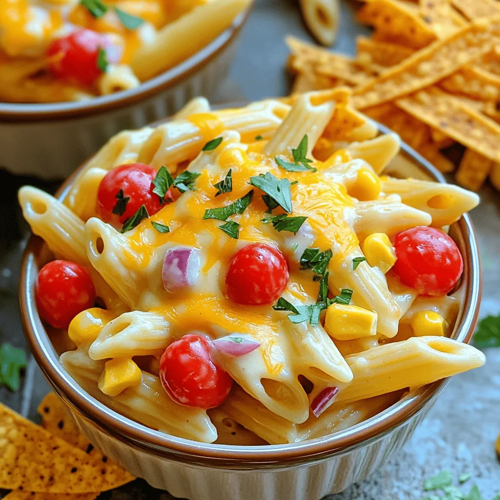 - 8 oz. penne pasta - 1 cup cherry tomatoes, halved - 1 cup sweet corn, frozen or fresh - 1 red bell pepper, diced - ½ cup red onion, finely chopped - 1 cup cooked chicken breast, shredded (optional for added protein) - 1 tablespoon olive oil - 1 teaspoon garlic powder - 1 teaspoon onion powder - Salt and pepper to taste - 1 cup ranch dressing - 1 cup shredded cheddar cheese - Fresh parsley, chopped (for garnish) In this recipe, I use penne pasta as the base. It holds sauce well and gives a nice bite. Cherry tomatoes add sweetness and color. Sweet corn brings a crunch that balances the dish. The red bell pepper and onion give it depth and flavor. You can add chicken for protein. If you skip it, the dish still tastes great. The spices make every bite pop. Olive oil adds a silky texture. Garlic powder and onion powder enhance the taste without extra work. For the garnishes, ranch dressing adds creaminess. Shredded cheddar cheese gives a rich, cheesy flavor. Fresh parsley adds a burst of color and freshness. These ingredients come together to make a tasty meal. For the full ingredient list, check the Full Recipe. Start by boiling your penne pasta. Use a large pot of salted water. Cook it until al dente, which means it should be firm to the bite. This usually takes about 8-10 minutes. Once done, drain the pasta in a colander and set it aside. Next, grab a large skillet and heat up one tablespoon of olive oil over medium heat. Add the finely chopped red onion and diced red bell pepper. Sauté them for about 3-4 minutes until they soften. Then, add the halved cherry tomatoes and sweet corn. Cook these for another 2-3 minutes until they’re hot. Now it's time to mix everything. If you want more protein, stir in the shredded chicken. Sprinkle in the garlic powder, onion powder, salt, and pepper. Stir well to coat the veggies. Next, add the cooked penne pasta to the skillet. Pour in the ranch dressing and toss everything together until well-coated. Finally, sprinkle in the shredded cheddar cheese. Stir until it melts and blends in nicely. Serve your Western Ranch Pasta Delight warm, and enjoy this tasty and simple meal! For more detailed cooking instructions and proportions, refer to the Full Recipe for Western Ranch Pasta Delight. To get the perfect pasta texture, cook your penne pasta until it's al dente. This means it should be firm but not hard. Follow the package instructions carefully. Drain the pasta quickly to stop the cooking process. When sautéing vegetables, heat the olive oil over medium heat. Add onions and bell peppers first. Cook them for about 3 to 4 minutes. This softens them and brings out their flavors. Then, add cherry tomatoes and sweet corn. Cook for 2 to 3 more minutes until everything is warm. For added flavor, consider fresh herbs like basil or parsley. You can also use spices like paprika or cumin for a twist. If you want an alternative to ranch dressing, try a yogurt-based dressing or a creamy avocado sauce. These options keep the dish fresh and tasty. Pair your Western Ranch Pasta Delight with a simple green salad. A side of garlic bread also works great. For plating, serve the pasta in bowls. Top each bowl with extra cheese and a sprinkle of parsley. For some crunch, add tortilla strips on top. This adds texture and makes the dish fun to eat. {{image_2}} If you want a vegetarian twist, skip the chicken. You can add more veggies instead. Try using extra bell peppers, zucchini, or mushrooms. These will add flavor and texture. You can also toss in some spinach for a pop of color. This way, you keep it healthy and tasty. For a gluten-free version, swap penne pasta with your favorite gluten-free pasta. Many brands offer tasty options made from rice or chickpeas. Just follow the cooking instructions on the package. This change keeps the dish yummy without gluten. You can easily change the flavors of this dish. Try adding different proteins like shrimp or tofu. If you love spice, consider adding spicy sausage or diced jalapeños. For sauces, ranch dressing is classic, but you can try a creamy garlic sauce or a zesty vinaigrette. The options are endless, and you can make it your own! Store any leftover Western Ranch Pasta Delight in an airtight container. Glass containers work best for keeping your food fresh. Make sure to let the pasta cool before sealing the lid. This helps prevent moisture buildup, which can make your pasta soggy. You can keep it in the fridge for up to three days. To reheat the pasta, use a microwave or stovetop. If using a microwave, place the pasta in a bowl with a splash of water. Cover it with a damp paper towel. Heat it in short bursts, stirring in between. This helps keep the pasta moist and tasty. On the stovetop, place the pasta in a skillet over low heat. Add a bit of ranch dressing or olive oil to prevent sticking. If you want to freeze the pasta, first let it cool completely. Then, portion it into freezer-safe bags or containers. Remove as much air as possible before sealing. You can freeze it for up to three months. To thaw, move the pasta to the fridge overnight. Reheat it as mentioned above for the best flavor. Yes, you can make this dish ahead of time. To prep, cook the pasta and veggies first. Let them cool before combining. Store them in an airtight container in the fridge. When you are ready to eat, just reheat the pasta in a skillet. This saves time and keeps your meal quick and easy. If you want a change, you can use other dressings. Try blue cheese dressing for a bold taste. Italian dressing adds a nice zing. For a creamy twist, use Caesar dressing. Each option gives a new flavor to the dish. To add heat, include diced jalapeños or crushed red pepper flakes. You can also use spicy ranch dressing if you like it hotter. Another idea is to mix in hot sauce for a kick. Adjust the heat to match your taste. For detailed cooking instructions and proportions, refer to the Full Recipe for Western Ranch Pasta Delight. This blog post explored how to make a tasty dish using penne pasta and fresh veggies. You learned about the key ingredients, the steps to create the meal, and tips to help along the way. Remember, you can customize this recipe to fit your taste. Whether you go vegetarian, gluten-free, or want a spicy twist, get creative! Enjoy making Western Ranch Pasta Delight, and share it with your friends and family. It’s a fun dish for any occasion.