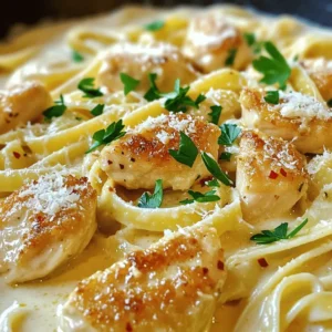 Cooking the perfect Garlic Butter Chicken Pasta starts with the right ingredients. Each ingredient adds flavor and texture, making this dish a winner. Here’s what you need: - Chicken and Pasta Components - 12 oz fettuccine or spaghetti - 2 boneless, skinless chicken breasts, cut into bite-sized pieces - Sauce Ingredients - 4 tablespoons unsalted butter - 6 cloves garlic, minced - 1 teaspoon red pepper flakes (optional) - 1 cup chicken broth - 1 cup heavy cream - 1 cup grated Parmesan cheese - Seasoning and Garnishes - Salt and pepper to taste - Fresh parsley, chopped for garnish These simple ingredients come together to create a dish that feels fancy yet is easy to make. The chicken adds protein, while the pasta serves as a comforting base. The garlic butter sauce ties everything together, giving it that rich flavor. You can find the full recipe [here](#). Gather these items, and you’ll be on your way to a delicious dinner! Start by boiling a large pot of salted water. Once it bubbles, add 12 ounces of fettuccine or spaghetti. Cook it according to the package instructions until it is al dente. This usually takes about 8 to 10 minutes. Drain the pasta in a colander, but save a little pasta water for later. Set the pasta aside. In a large skillet over medium heat, melt 2 tablespoons of unsalted butter. Once the butter is melted, add 2 boneless, skinless chicken breasts, cut into bite-sized pieces. Season the chicken with salt and pepper. Cook it for about 5 to 7 minutes. The chicken should be golden brown and fully cooked. Remove it from the skillet and set it aside. In the same skillet, add the remaining 2 tablespoons of butter. Once melted, add 6 minced garlic cloves and 1 teaspoon of red pepper flakes if you want some heat. Sauté this mixture for 1 to 2 minutes. You want the garlic to be fragrant and golden but not burnt. Now, pour in 1 cup of chicken broth and bring it to a simmer. Lower the heat and stir in 1 cup of heavy cream. Let this mixture simmer for a few minutes, allowing it to thicken slightly. Then, add the cooked chicken back into the skillet, followed by the drained pasta. Stir well to combine everything. If the sauce feels too thick, add a splash of the reserved pasta water to loosen it. Finally, stir in 1 cup of grated Parmesan cheese until it melts and makes the dish creamy. Taste the sauce and add more salt and pepper if needed. For a fresh finish, sprinkle chopped parsley on top before serving. Enjoy your delicious garlic butter chicken pasta! For the full recipe, check out the original instructions. To make the best garlic butter sauce, use fresh garlic. Fresh garlic has a strong flavor that dried garlic lacks. You should also sauté the garlic just until it turns golden. Cooking it too long can make it bitter. If you want a kick, add red pepper flakes. They bring heat without overpowering the dish. Always taste your sauce before serving. Adjust the salt and pepper to your liking. One big mistake is overcooking the pasta. Aim for al dente, which means firm but not hard. Another error is not saving pasta water. This starchy water helps the sauce stick to the pasta. When sautéing chicken, don’t overcrowd the pan. This causes steaming instead of browning. Lastly, avoid skipping the cheese. Parmesan adds creaminess and flavor. If you're out of chicken, try shrimp or tofu for a different taste. You can swap heavy cream for half-and-half for a lighter sauce. Don’t have Parmesan? Use Pecorino Romano or nutritional yeast for a vegan option. Fresh parsley can be replaced with basil or spinach to add color and flavor. Always match the substitutes to the dish to keep it delicious. For more details, check the Full Recipe. {{image_2}} You can boost your Garlic Butter Chicken Pasta by adding veggies. Try spinach, broccoli, or bell peppers. These add color and nutrition. Simply sauté them in the same pan as the chicken. Add them before the garlic for extra flavor. This makes your meal heartier and more vibrant. If you like heat, spice it up! Add more red pepper flakes to the garlic butter sauce. You can also use a dash of hot sauce. This brings a kick that pairs well with the creamy pasta. Adjust the spice to your taste. It’s an easy way to change the whole dish! Want a lighter meal? Swap heavy cream for half and half. It still gives a creamy taste but cuts the fat. You can also use less butter. This keeps the dish tasty but lowers the calories. You still get a satisfying meal without feeling too heavy. Check out the Full Recipe to see how these changes work! After enjoying your garlic butter chicken pasta, store any leftovers in an airtight container. Make sure to let it cool before sealing. This helps keep the pasta fresh. You can store it in the fridge for up to three days. When stored properly, the flavors remain rich and delicious. To reheat your pasta, use the microwave or a skillet. If using the microwave, place it in a bowl and cover it with a damp paper towel. Heat in short bursts, stirring in between to ensure even warming. If using a skillet, add a splash of chicken broth or water to prevent sticking. Heat over medium heat, stirring until warm. You can freeze garlic butter chicken pasta, but it is best to do so without the cheese. Place the cooled pasta in a freezer-safe container. It can last up to three months in the freezer. When ready to eat, thaw it overnight in the fridge. Reheat it on the stove, adding cheese during the last few minutes for that creamy finish. Enjoy your meal again with great taste! For the full recipe, check the details above. To make your Garlic Butter Chicken Pasta creamy, add more heavy cream. You can also mix in some cream cheese. Start with a little and stir well. This will give your dish a rich, smooth texture. Remember to adjust the seasoning if you add more cream. Yes, you can prepare this dish in advance. Cook the pasta and chicken, then store them separately. When you are ready to eat, heat the chicken and sauce together. Add the pasta at the last minute. This keeps everything fresh and tasty. You can serve Garlic Butter Chicken Pasta with several side dishes. A simple green salad works well. Garlic bread is another great choice. You might also try steamed broccoli or roasted vegetables. These sides add color and flavor to your meal. To make this recipe vegetarian, swap the chicken for mushrooms or tofu. Use vegetable broth instead of chicken broth. You can also add a mix of vegetables like bell peppers or spinach. This keeps the dish full of flavor while being meat-free. For the full recipe, check the earlier section. In this article, we explored the key ingredients for Garlic Butter Chicken Pasta. We walked through simple steps, from cooking the pasta to finishing touches. I shared tips to perfect the sauce and avoid common mistakes. You can also try different variations, add veggies, or make lighter options. Lastly, we discussed how to store leftovers and reheat them properly. Remember, cooking should be fun and creative. Use this recipe as a base and make it your own. Enjoy your delicious dish!