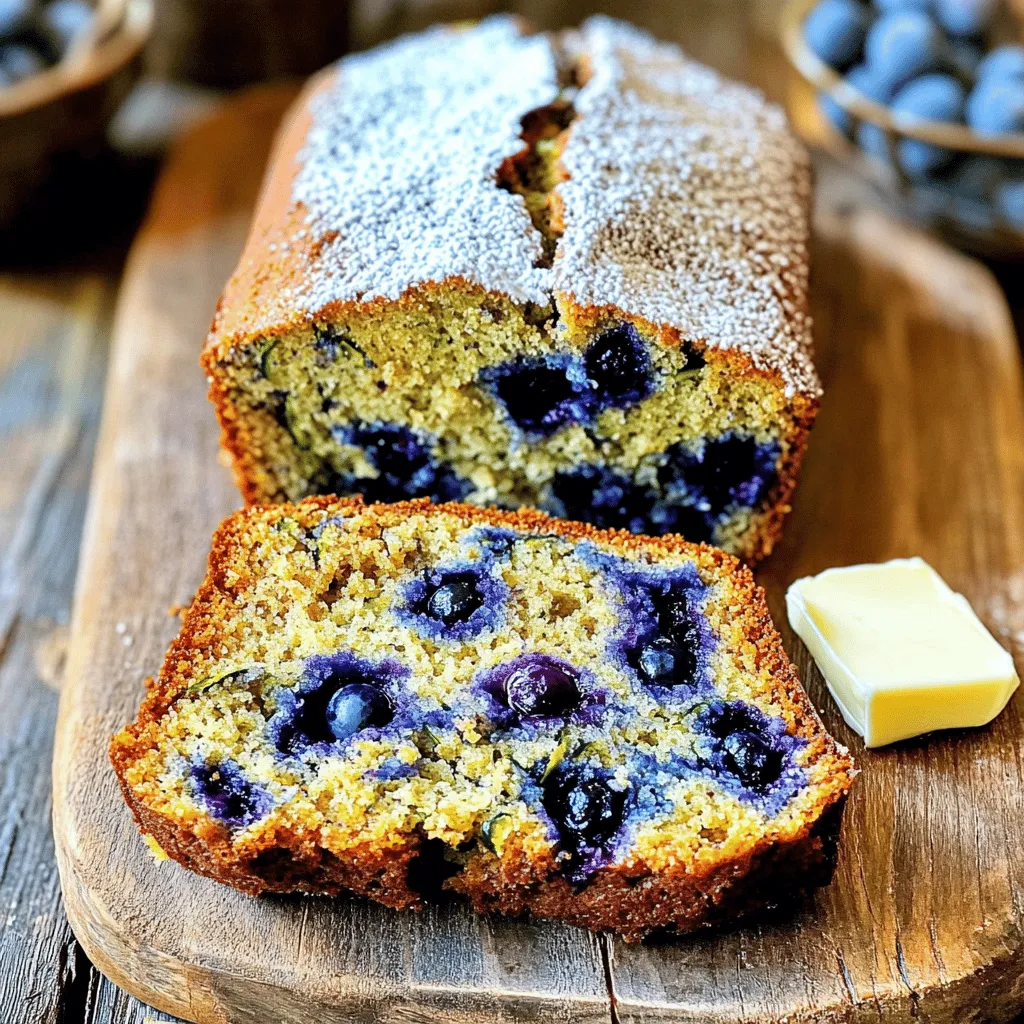 - 1 cup grated zucchini (about 1 medium zucchini) - 1 cup fresh blueberries (or frozen, if preferred) - 1 cup granulated sugar - 1/2 cup brown sugar - 1/2 cup vegetable oil (or melted coconut oil) - 2 large eggs - 1 teaspoon vanilla extract In this recipe, the grated zucchini adds moisture and nutrition. You can use a box grater to shred it. Fresh blueberries bring sweet bursts to each bite. If you have frozen blueberries, they work just as well. The sugars balance the flavors. The vegetable oil keeps the bread tender. Eggs help bind everything together, making it rich. Vanilla extract enhances the overall taste, giving it a lovely aroma. - 2 cups all-purpose flour - 1 teaspoon baking powder - 1 teaspoon baking soda - 1/2 teaspoon salt - 1 teaspoon ground cinnamon The flour gives structure to the bread. Baking powder and baking soda are key for rising. They help the bread become light and fluffy. Salt brings out the flavors and keeps things balanced. Ground cinnamon adds warmth and a hint of spice. This mix creates a perfect base for our delightful bread. - 1/2 cup chopped walnuts or pecans (for added texture) - 1 teaspoon vanilla extract Adding nuts gives a nice crunch. They can add flavor and healthy fats. You can also change things up with more spices or zest. Vanilla extract is optional but very tasty. It deepens the flavor and ties everything together. For the full recipe, you can check out the complete instructions and details. - Preheat your oven to 350°F (175°C). - Grease a 9x5-inch loaf pan or line it with parchment paper. - In a medium bowl, combine grated zucchini, granulated sugar, brown sugar, and oil. - Add in the eggs and vanilla extract. Mix until smooth. - In a separate bowl, whisk together the flour, baking powder, baking soda, salt, and ground cinnamon. - Gradually add the dry mix to the wet mix. Stir gently until just combined. - Fold in the fresh blueberries and optional chopped nuts. - Pour the batter into the prepared loaf pan. Smooth the top with a spatula. - Bake for 50-60 minutes, or until a toothpick comes out clean from the center. - Let the bread cool in the pan for about 10 minutes. - Carefully transfer the bread to a wire rack to cool completely. For the complete instructions, refer to the full recipe. - Avoiding Overmixing: Mix the wet and dry ingredients until they just combine. Overmixing can make the bread tough. This is key for soft and moist bread. Gently fold in the blueberries last. - Checking for Doneness: Bake your bread for about 50-60 minutes. Use a toothpick to test if it’s done. Insert it in the center. If it comes out clean, your bread is ready! If it comes out wet, bake it a bit longer. - Ideal Pairings: This bread is great with butter or cream cheese. Spread a little on a warm slice for a tasty treat. You can also serve it with a cup of tea or coffee. - Presentation Ideas: Slice the bread and place it on a wooden board. Dust the top with powdered sugar for a special touch. For an even better look, serve it warm with a pat of butter. - Tips for Adjusting Sweetness: If you want it sweeter, add a bit more sugar. You can also use honey or maple syrup. Just reduce the liquid in the recipe a bit. - Adding Spices or Zest for Variations: Consider adding a splash of lemon or orange zest. This gives a fresh twist. You can also add a pinch of nutmeg or ginger for extra flavor. {{image_2}} To make this bread gluten-free, swap out regular flour. Use gluten-free all-purpose flour instead. You may need to add a binding agent like xanthan gum. This helps hold the bread together. Suggested Gluten-Free Flours: - Almond flour - Coconut flour - Brown rice flour Each option adds a unique taste and texture. Experiment to find your favorite mix! For a vegan version, replace eggs with flaxseed or chia seeds. Mix 1 tablespoon of either with 2.5 tablespoons of water. Let it sit for about 5 minutes to thicken. Dairy Alternatives: - Almond milk - Soy milk - Oat milk These options work great in this recipe. They keep the bread moist and tasty. You can make this bread even more exciting with new flavors. Adding citrus zest gives a fresh taste. Use lemon or orange zest for a bright note. Incorporating Different Berries: Try swapping blueberries for other berries. Raspberries or blackberries add a fun twist. Mix and match for a unique bread every time! For the full recipe, check out the complete guide to make this delicious treat. To store blueberry zucchini bread at room temperature, wrap it in plastic wrap or foil. This keeps the bread soft and moist. Place it in a cool, dry spot in your kitchen. It stays fresh for about 2 to 3 days. If you see any mold, throw it away. For longer freshness, store the bread in the fridge. Wrap it tightly to prevent drying out. It can last up to one week this way. Just remember, cold air can change the texture. So, let it warm up a bit before eating. To freeze, first let the bread cool completely. Wrap it well in plastic wrap and then foil. This protects it from freezer burn. It can stay frozen for about 2 to 3 months. To thaw, move the bread to the fridge overnight. For faster thawing, leave it at room temperature for a few hours. Once thawed, slice and enjoy! For the best taste, warm it in the oven or microwave before serving. If you want to make this delicious bread, check out the Full Recipe for all the details! Yes, you can use frozen blueberries in this recipe. - Impact on Consistency: Frozen blueberries may release more juice. This can make the bread slightly wetter. - Thawing Tips: If you thaw the blueberries first, pat them dry to reduce extra moisture. You can tell if your bread is done by checking a few signs. - Visual Indicators: The bread should look golden brown on the top and sides. It should also pull away from the pan slightly. - Toothpick Test: Stick a toothpick into the center of the bread. If it comes out clean, the bread is done. Yes, you can use different flours. Just keep a few things in mind. - Options and Considerations: Whole wheat flour adds a nutty taste. Almond flour makes it gluten-free, but adjust moisture. - Alternative Flours Adaptations: If you swap flour, mix carefully. Each flour absorbs liquids differently. You can sweeten your bread without changing its nice texture. - Suggestions for Sweeteners: Try using honey or maple syrup. They add sweetness and flavor. Use less liquid to balance it out. - Impact of Additional Ingredients: Adding extra sugars or sweeteners may change the wetness. Decrease other liquids slightly to keep it right. This blog post walks you through making blueberry zucchini bread. We covered key ingredients, mixing tips, baking steps, and storage methods. Remember to avoid overmixing to keep your bread fluffy. Experiment with flavors by adding nuts or spices. You can make gluten-free or vegan versions too. Store correctly to enjoy it longer. Get ready for a tasty treat that brightens your day!