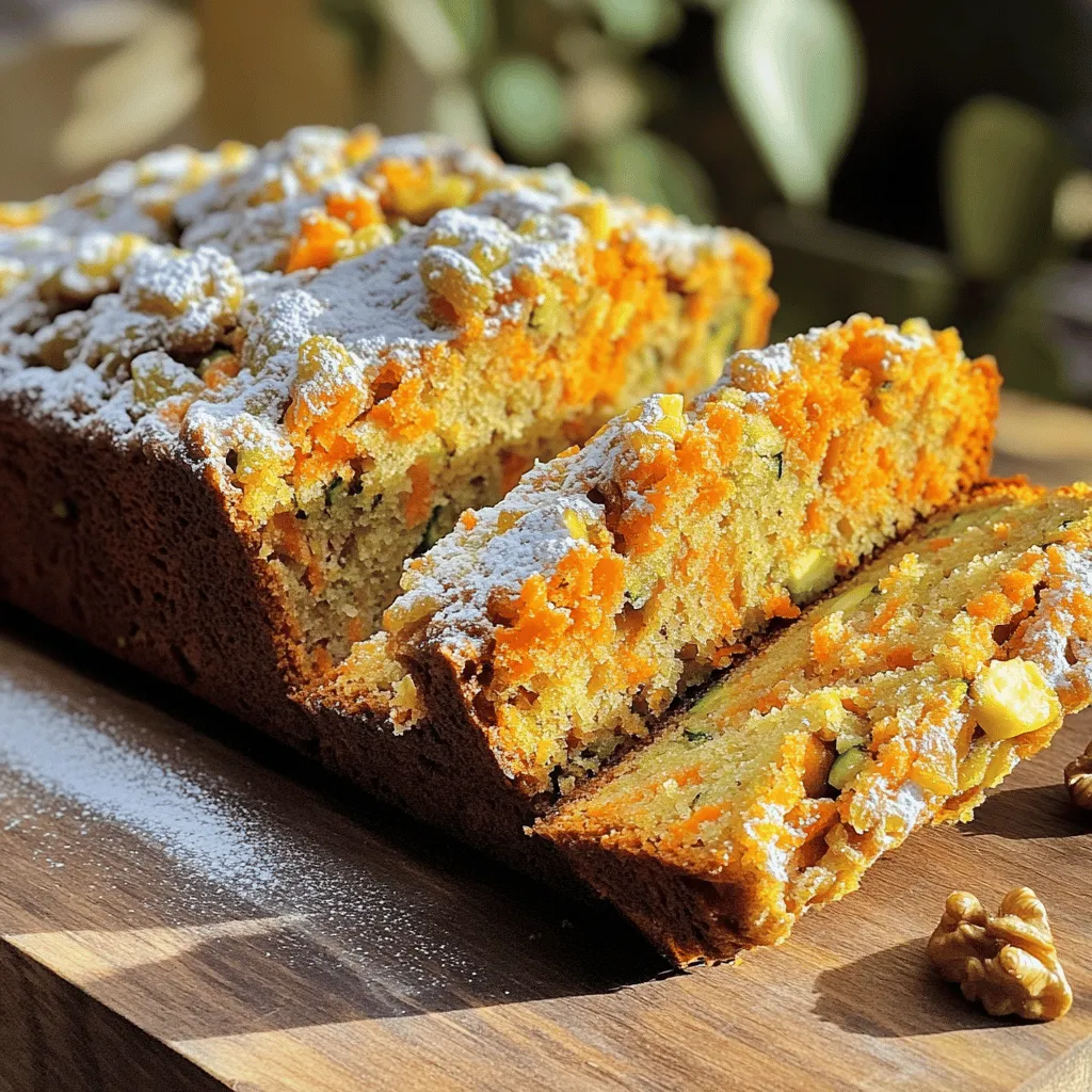 - 1 cup finely grated zucchini (about 1 medium zucchini) - 1 cup grated carrots (about 2 medium carrots) - 1 cup peeled and grated apple (about 1 large apple, preferably a tart variety) - 1/2 cup granulated sugar - 1/2 cup brown sugar, packed - 1/2 cup vegetable oil - 3 large eggs - 1 teaspoon vanilla extract - 1 1/2 cups all-purpose flour - 1 teaspoon baking soda - 1 teaspoon baking powder - 1 teaspoon ground cinnamon - 1/2 teaspoon ground nutmeg - 1/4 teaspoon salt - 1/2 cup chopped walnuts or pecans (optional) - 1/2 cup raisins or dried cranberries (optional) This list includes all the ingredients you need for a moist and flavorful bread. The zucchini brings in moisture, while the apple adds a touch of sweetness. The carrots provide a lovely texture and color too. You might wonder why I suggest optional ingredients like walnuts or raisins. Adding these can enhance flavor and give a nice crunch. Walnuts have healthy fats, while raisins provide natural sweetness. Here are some key nutritional highlights: - Zucchini is low in calories and high in water content. - Carrots are rich in beta-carotene, which is great for your eyes. - Apples add fiber, which is good for digestion. Using fresh, high-quality ingredients will make a big difference. They enhance the taste and health benefits of your bread. For precise measurements and a complete cooking method, check out the Full Recipe. First, preheat your oven to 350°F (175°C). This step ensures that your bread bakes evenly. Next, grease a 9x5 inch loaf pan. I like to use a bit of vegetable oil or butter for this. For the vegetables and fruit, grate one medium zucchini, two medium carrots, and one large apple. Use the large holes of a box grater for the best texture. If you find the zucchini too wet, use a clean kitchen towel to squeeze out the extra moisture. This keeps the bread from being soggy. Now, let’s move to the wet ingredients. In a medium bowl, mix together the following: - 1/2 cup granulated sugar - 1/2 cup brown sugar - 1/2 cup vegetable oil - 3 large eggs - 1 teaspoon vanilla extract Whisk these ingredients together until the mixture is smooth and well combined. I suggest using a whisk to make sure everything mixes evenly. Next, pour the wet mixture into the bowl with the grated veggies and fruit. Stir gently until the two mixtures are just combined. Be careful here! Do not overmix. Overmixing can make your bread tough, and we want it soft and moist. Once your batter is ready, it’s time to bake. Pour the batter into your prepared loaf pan and smooth the top. Bake it in your preheated oven for 55 to 65 minutes. You'll know it's done when a toothpick inserted in the center comes out clean. Let the bread cool in the pan for 10 minutes before transferring it to a wire rack. This cooling time helps the texture develop further. For the full recipe, check back to the ingredients section! To prevent sogginess, always squeeze excess moisture from the zucchini. Use a clean kitchen towel for this step. If your bread is too wet, it may not rise well. Adjusting ingredients can help. You can change the amount of grated apple or zucchini. Reducing these can lower moisture levels. Adding a bit more flour also helps balance the mix. To boost flavor, consider adding spices. Ground ginger or allspice pairs well with cinnamon. A dash of vanilla extract adds depth. Fresh ingredients are key. Use crisp, tart apples. Freshly grated carrots and zucchini give the best taste. These ingredients provide natural sweetness and flavor. For a fun presentation, slice the bread thickly. Serve it warm or at room temperature. You can dust the top with powdered sugar for a sweet touch. Spreading cream cheese frosting on slices creates a delightful treat. Pair the bread with yogurt or a fresh fruit salad for a complete meal. Enjoy it as breakfast or a snack! For the complete recipe, check out the Full Recipe. {{image_2}} You can make this carrot apple zucchini bread even healthier. For a low-sugar option, use less granulated sugar. You can also swap out the brown sugar for a natural sweetener like honey or maple syrup. If you need a gluten-free choice, replace the all-purpose flour with almond flour or a gluten-free blend. For those on a vegan diet, you can still enjoy this bread. Replace the eggs with flaxseed meal. Mix one tablespoon of flaxseed meal with three tablespoons of water. Let it sit for five minutes to thicken. You can also use applesauce instead of oil to keep it moist. Want to enhance the taste? You can add other fruits like mashed bananas or crushed pineapple. They bring natural sweetness and moisture. You might also try nuts such as pecans or hazelnuts for crunch. For a spice boost, consider adding ground ginger or allspice. A pinch of cloves can give a warm flavor, too. The more you experiment, the more unique your bread will become! Change the recipe with the seasons. In summer, try adding fresh berries. Blueberries or strawberries can brighten the flavor. In fall, use pumpkin puree instead of some of the zucchini. It gives a nice twist. In winter, include spices like nutmeg or cardamom for warmth. You can also add shredded coconut for a tropical touch. Seasonal veggies like sweet potatoes can work well, too. Just remember to adjust the moisture as needed. For the complete recipe details, check the Full Recipe. To keep your Carrot Apple Zucchini Bread fresh, wrap it in plastic wrap or foil. Store it at room temperature for about three days. This way, it stays moist and tasty. If you want it to last longer, place it in the fridge. Just remember to wrap it well to prevent drying out. You can also slice the bread and store it in an airtight container. This makes it easy to grab a piece when you want a quick snack. For long-term storage, freezing is your best bet. Slice the bread first, then wrap each piece tightly in plastic wrap. Place the wrapped slices in a freezer bag or container. This method keeps them fresh for up to three months. When you want to enjoy a slice, take it out and let it thaw at room temperature. To warm it up, pop it in the toaster or microwave for a few seconds. This helps bring back the fresh taste. At room temperature, your Carrot Apple Zucchini Bread lasts about three days. In the fridge, it can last up to a week. If you freeze it, remember to eat it within three months for the best flavor. Always check for any signs of spoilage before enjoying your delicious bread. What if my bread is too moist? If your bread is moist, it might have too much liquid. Make sure to squeeze out excess moisture from the zucchini. You can also bake it longer to let more moisture escape. Check for doneness by inserting a toothpick in the center. If it comes out clean, your bread is ready. Can I make this bread ahead of time? Yes, you can make this bread ahead of time. It stores well for a few days in a sealed container. To keep it fresh, place it in the fridge. You can also freeze it for up to three months. Just wrap it well in plastic wrap and foil. What can I use instead of eggs? If you want to skip eggs, use unsweetened applesauce or mashed bananas. About 1/4 cup replaces one egg. This keeps the bread moist and adds a hint of flavor. Can I substitute the oil? You can use applesauce or melted coconut oil instead of vegetable oil. Both options keep your bread moist. Applesauce adds sweetness, while coconut oil gives a light coconut taste. What to serve with Carrot Apple Zucchini Bread? Serve this bread with cream cheese or butter for a tasty treat. You can also pair it with fresh fruit or yogurt for a light meal. Is this recipe suitable for breakfast or dessert? This recipe works great for both breakfast and dessert. Enjoy it warm with coffee in the morning or as a sweet snack later in the day. It's a versatile choice for any time! For the full recipe, check out the [Full Recipe]. This blog post covered all you need to make delicious Carrot Apple Zucchini Bread. We explored ingredients, preparation steps, and baking tips to ensure great results. I shared ways to enhance texture and flavor, plus fun serving ideas. With variations and storage tips, you can enjoy this bread on any occasion. Whether you want a quick snack or a tasty meal, this recipe fits the bill. Simplify your baking and impress friends and family with your yummy creation! Enjoy your baking journey!