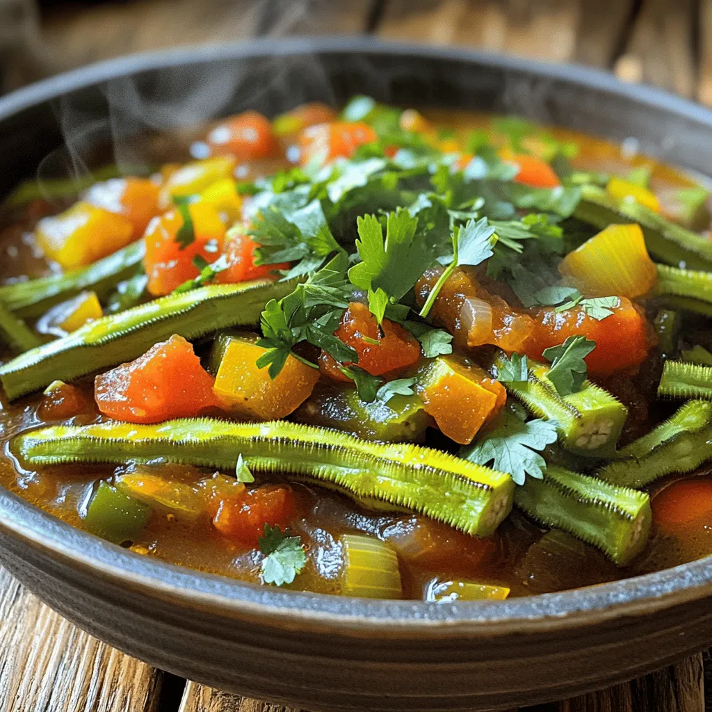 Fresh ingredients bring life to your okra stew. Here’s what you’ll need: - 1 pound fresh okra, sliced - 1 medium onion, chopped - 3 cloves garlic, minced - 1 bell pepper (red or green), chopped - 2 medium tomatoes, diced - 1 can (15 oz) diced tomatoes with green chilies Next, let's talk about the spices and seasonings that add flavor: - 1 teaspoon ground cumin - 1 teaspoon smoked paprika - ½ teaspoon cayenne pepper (adjust for spice preference) - Salt and pepper to taste Now for the liquids and fats, which help create the stew’s rich texture: - 1 cup vegetable broth - 1 tablespoon olive oil - Fresh cilantro for garnish Using fresh ingredients makes a big difference in taste. Each item adds its own flavor, making the dish exciting. For the full recipe, check out Okra Delight Stew. - Prepare all ingredients before starting to cook. - Heat the olive oil in a large pot over medium heat. - Add the chopped onion and sauté until translucent. - Stir in minced garlic and bell pepper, cooking until softened. - Introduce the sliced okra and cook until golden. - Incorporate tomatoes, spices, and vegetable broth. - Simmer, cover, and cook for 20-25 minutes. - Adjust seasoning and consistency before serving. For this okra stew, start by getting everything ready. This helps you cook smoothly. Heat olive oil in a large pot. Use medium heat so it warms up well. Once the oil is hot, toss in the chopped onion. Stir it until it turns translucent. This step brings out the onion's flavor. Next, add minced garlic and chopped bell pepper. Cook these until they are soft and mix well. Now, it's time to add the star of the dish—the sliced okra. Cook it until it turns a nice golden color. This gives the stew depth and a great taste. Now we finalize the stew. Pour in diced fresh tomatoes, canned tomatoes, and the spices. Include ground cumin and smoked paprika for warmth. Add cayenne pepper if you like it spicy. Finally, pour in the vegetable broth. Bring the mixture to a simmer, then cover the pot. Let it cook for about 20-25 minutes. This allows the flavors to meld beautifully. After cooking, taste it. Adjust the seasoning and consistency to your liking. You can check the full recipe for more details, but this method will ensure your okra stew is a treat at any meal. - Experiment with different spices for added depth. - Try a splash of lemon juice for brightness. To make your okra stew pop, mix in spices like coriander or turmeric. These can add fun twists to the flavor. A hint of lemon juice can wake up the dish. This small step makes the stew taste fresh and vibrant. - Use fresh okra for the best texture. - Stir occasionally to avoid sticking and burning. Fresh okra is key for a great stew. Look for firm, bright green pods. They should be free of blemishes. When cooking, stir the stew now and then. This helps keep the okra tender and prevents it from sticking to the pot. - Garnish with fresh cilantro for a pop of color. - Serve with crusty bread or over rice for a complete meal. To make your dish eye-catching, sprinkle fresh cilantro on top. It adds a nice color and flavor. Pair the stew with crusty bread for dipping or serve it over rice for a filling meal. Each bite will be a delight! For the full recipe, check [Full Recipe]. {{image_2}} To make a vegan version of Okra Stew, you can simply replace the vegetable broth with water. This keeps the dish light and fresh. Just skip any added meats. You can still enjoy all the great flavors! If you want to add protein, consider cooked shrimp or chicken. Both options add rich flavors and make the stew heartier. Just add them in during the last few minutes of cooking. This way, they heat through without overcooking. Explore exciting regional twists by changing up spices or vegetables. For instance, you can try adding curry powder for an Indian flair. Or, toss in some diced zucchini for a Southern twist. The choice is yours! Each variation brings a new taste to this classic stew. For the full recipe, check out the details above. Store your okra stew in an airtight container in the fridge. It stays good for up to 3 days. This helps keep the flavors fresh. When you're ready to eat, just take it out and reheat. You can freeze portions of the stew for later use. Make sure to use a freezer-safe container. When you want to enjoy it again, thaw it in the fridge overnight. This keeps the stew tasty and safe. For the best results, reheat your okra stew on the stove. Pour it into a pot and warm it over low heat. If it seems thick, add a splash of broth. This will help bring back its creamy texture. Enjoy the warm flavors once more! Okra stew is a hearty dish filled with flavor. It blends fresh okra, tomatoes, and spices. This dish has roots in African, Middle Eastern, and Southern U.S. cuisines. Each region adds its own twist. The combination of ingredients creates a rich taste. You can enjoy it as a main dish or side. Yes, you can prepare okra stew in advance. Cook the stew as directed and let it cool. Store it in an airtight container in the fridge. It stays fresh for about three days. When ready to eat, reheat on the stove. Add a splash of broth if it seems thick. If you don’t have an ingredient, here are some ideas: - Instead of fresh okra, use frozen okra. - Swap canned tomatoes for fresh tomatoes if needed. - Bell peppers can be replaced with zucchini or carrots. - Use your favorite broth if vegetable broth is not available. To cut down on the sliminess, try these tips: - Wash and dry okra before slicing. - Sauté the sliced okra until lightly browned. - Avoid cooking okra too long; short cooking times help. - Add acidic ingredients like tomatoes or lemon juice. Yes, okra stew is gluten-free. All the ingredients in the recipe are safe for a gluten-free diet. Just be sure to check labels on canned goods. Enjoy this dish without worrying about gluten! For the full recipe, check out Okra Delight Stew. Okra stew is a flavorful dish that highlights fresh ingredients, spices, and cooking techniques. From the vibrant colors of fresh okra and tomatoes to the savory spices like cumin and paprika, this dish is both hearty and satisfying. Experiment with variations to suit your taste, whether vegan or protein-packed. Store leftovers easily for later meals. With simple steps, you can enjoy a nutritious bowl of okra stew anytime. Get started in your kitchen and make this tasty dish your own!
